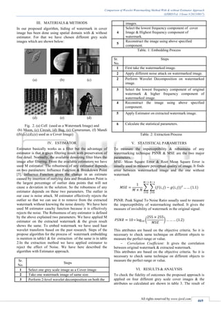 Comparison of Wavelet Watermarking Method With & without Estimator Approach
(IJSRD/Vol. 1/Issue 3/2013/0017)
All rights reserved by www.ijsrd.com
469
III. MATERIALS & METHODS
In our proposed algorithm, hiding of watermark in cover
image has been done using spatial domain with & without
estimator. For that we have chosen different grey scale
images which are shown below:
(a) (b) (c)
(d) (e) (d)
Fig. 2. (a) Cell (used as a Watermark Image) and
(b) Moon, (c) Circuit, (d) Bag, (e) Cameraman, (f) Mandi
((b),(c),(d),(e) used as a Cover Image)
IV. ESTIMATOR
Estimator basically works as a filter but the advantage of
estimator is that it gives filtering result with preservation of
fine detail. Normally, the available denoizing filter blurs the
image after filtering. From the available estimators we have
used M estimator. The robustness of any estimator depends
on two parameters: Influence Function & Breakdown Point
[5]. Influence Function gives the change in an estimate
caused by insertion of outlying data and Breakdown Point is
the largest percentage of outlier data points that will not
cause a deviation in the solution. So the robustness of any
estimator depends on these two parameters. The outlier in
our case is noise attack. M estimator effectively rejects the
outlier so that we can use it to remove from the extracted
watermark without knowing the noise density. We have here
used M estimator cauchy function because it is effectively
rejects the noise. The Robustness of any estimator is defined
by the above explained two parameters. We have applied M
estimator on the extracted watermark & the given result
shows the same. To embed watermark we have used haar
wavelet transform based on the past research. Steps of the
propose algorithm for the process of watermark embedding
is mention in table1 & for extraction of the same is in table
2.In the extraction method we have applied estimator to
reject the effect of Noise. We have here described the
algorithm with Estimator approach.
Sr.
No.
Steps
1 Select one grey scale image as a Cover image.
2 Take one watermark image of same size.
3 Perform 2-level wavelet decomposition on both the
images.
4
Select the lowest frequency component of cover
Image & Highest frequency component of
watermark.
5
Reconstruct the image using above specified
component.
Table. 1: Embedding Process
Sr.
No.
Steps
1 First take the watermarked image.
2 Apply different noise attack on watermarked image.
2 Perform Wavelet Decomposition on watermarked
image.
3 Select the lowest frequency component of original
watermark & higher frequency component of
watermarked image.
4 Reconstruct the image using above specified
component.
5 Apply Estimator on extracted watermark image.
6 Calculate the statistical parameters.
Table. 2: Extraction Process
V. STATISTICAL PARAMETERS
To measure the imperceptibility & robustness of any
watermarking technique PSNR & MSE are the two major
parameters.
MSE: Mean Square Error & Root Mean Square Error is
usually used to measure perceptual quality of image. It finds
error between watermarked image and the one without
watermark
.
∑ ∑ ) )) )
PSNR: Peak Signal To Noise Ratio usually used to measure
the imperceptibility of watermarking method. It gives the
measure of invisibility of watermark in the original signal.
( ) )
This attributes are based on the objective criteria. So it is
necessary to check same technique on different objects to
measure the perfect range or value.
 Correlation Coefficient: It gives the correlation
between original watermark & extracted watermark.
This attributes are based on the objective criteria. So it is
necessary to check same technique on different objects to
measure the perfect range or value.
VI. RESULTS & ANALYSIS
To check the fidelity of outcomes the proposed approach is
applied on four different grey scale cover images & the
attributes so calculated are shown in table 3. The result of
 