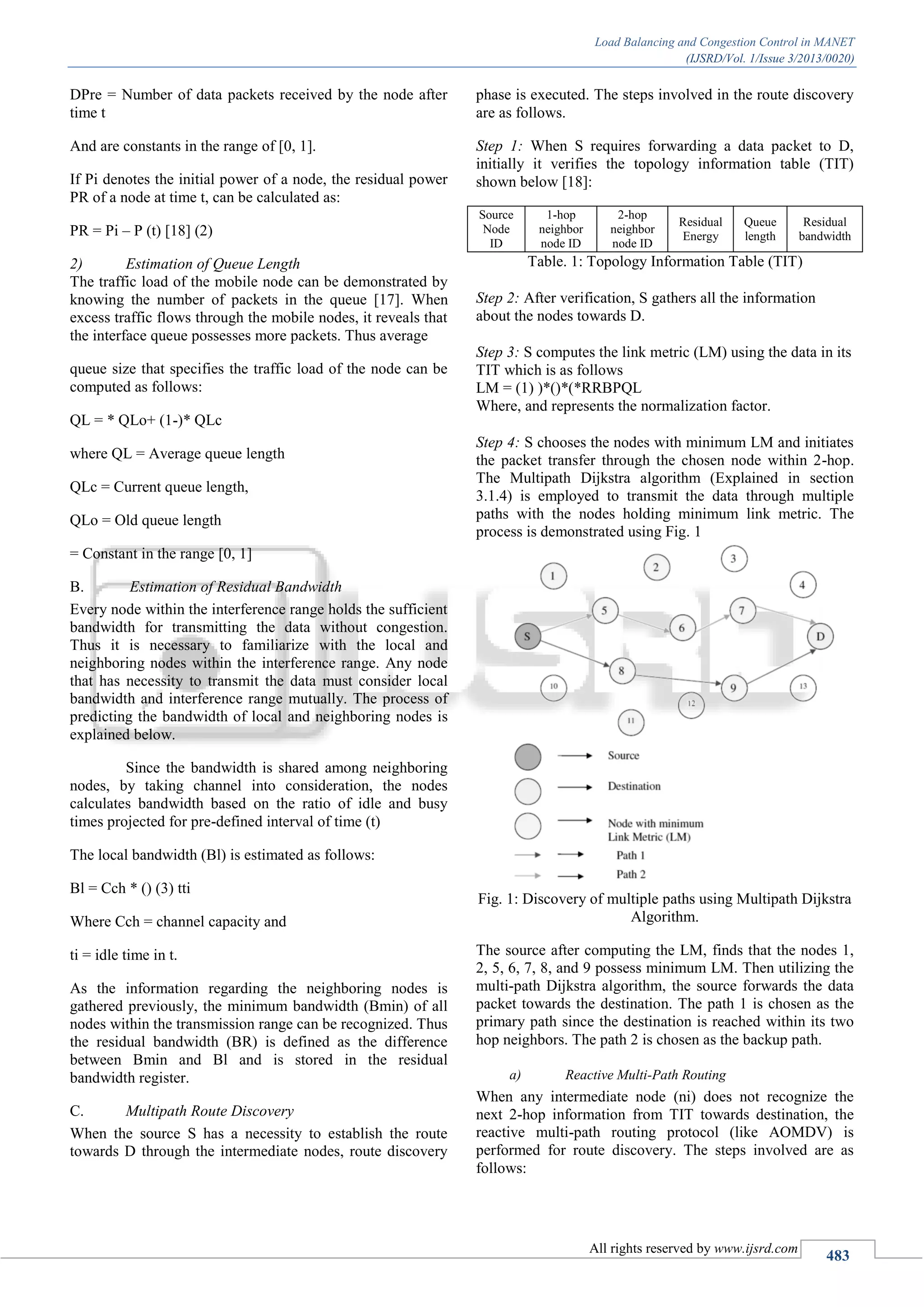 Load Balancing and Congestion Control in MANET
(IJSRD/Vol. 1/Issue 3/2013/0020)
All rights reserved by www.ijsrd.com
483
DPre = Number of data packets received by the node after
time t
And are constants in the range of [0, 1].
If Pi denotes the initial power of a node, the residual power
PR of a node at time t, can be calculated as:
PR = Pi – P (t) [18] (2)
Estimation of Queue Length2)
The traffic load of the mobile node can be demonstrated by
knowing the number of packets in the queue [17]. When
excess traffic flows through the mobile nodes, it reveals that
the interface queue possesses more packets. Thus average
queue size that specifies the traffic load of the node can be
computed as follows:
QL = * QLo+ (1-)* QLc
where QL = Average queue length
QLc = Current queue length,
QLo = Old queue length
= Constant in the range [0, 1]
Estimation of Residual BandwidthB.
Every node within the interference range holds the sufficient
bandwidth for transmitting the data without congestion.
Thus it is necessary to familiarize with the local and
neighboring nodes within the interference range. Any node
that has necessity to transmit the data must consider local
bandwidth and interference range mutually. The process of
predicting the bandwidth of local and neighboring nodes is
explained below.
Since the bandwidth is shared among neighboring
nodes, by taking channel into consideration, the nodes
calculates bandwidth based on the ratio of idle and busy
times projected for pre-defined interval of time (t)
The local bandwidth (Bl) is estimated as follows:
Bl = Cch * () (3) tti
Where Cch = channel capacity and
ti = idle time in t.
As the information regarding the neighboring nodes is
gathered previously, the minimum bandwidth (Bmin) of all
nodes within the transmission range can be recognized. Thus
the residual bandwidth (BR) is defined as the difference
between Bmin and Bl and is stored in the residual
bandwidth register.
Multipath Route DiscoveryC.
When the source S has a necessity to establish the route
towards D through the intermediate nodes, route discovery
phase is executed. The steps involved in the route discovery
are as follows.
Step 1: When S requires forwarding a data packet to D,
initially it verifies the topology information table (TIT)
shown below [18]:
Source
Node
ID
1-hop
neighbor
node ID
2-hop
neighbor
node ID
Residual
Energy
Queue
length
Residual
bandwidth
Table. 1: Topology Information Table (TIT)
Step 2: After verification, S gathers all the information
about the nodes towards D.
Step 3: S computes the link metric (LM) using the data in its
TIT which is as follows
LM = (1) )*()*(*RRBPQL
Where, and represents the normalization factor.
Step 4: S chooses the nodes with minimum LM and initiates
the packet transfer through the chosen node within 2-hop.
The Multipath Dijkstra algorithm (Explained in section
3.1.4) is employed to transmit the data through multiple
paths with the nodes holding minimum link metric. The
process is demonstrated using Fig. 1
Fig. 1: Discovery of multiple paths using Multipath Dijkstra
Algorithm.
The source after computing the LM, finds that the nodes 1,
2, 5, 6, 7, 8, and 9 possess minimum LM. Then utilizing the
multi-path Dijkstra algorithm, the source forwards the data
packet towards the destination. The path 1 is chosen as the
primary path since the destination is reached within its two
hop neighbors. The path 2 is chosen as the backup path.
a) Reactive Multi-Path Routing
When any intermediate node (ni) does not recognize the
next 2-hop information from TIT towards destination, the
reactive multi-path routing protocol (like AOMDV) is
performed for route discovery. The steps involved are as
follows:
 