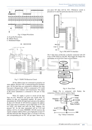 Remotely Secured Device Automation using Infrared
(IJSRD/Vol. 1/Issue 3/2013/0045)
All rights reserved by www.ijsrd.com
577
Fig. 4: Output Waveform
A: D out Pin Waveform,
B: 38KHz Waves,
C: Modulated Output
III. RECEIVER
Fig. 5 : TSOP1738 Receiver Circuit
All the address lines are connected to ground to set
same address. Resistor 47K is connected between Oscillator
pins. All the data lines are connected to different four data
lines port A Respectively. LED1 is connected to VT (valid
transmission) pin to indicate valid transmission. The output
of IR sensor (datasheet) is connected to Din pin of chip
HT12D.
When 5V supply is given to circuit all the data
lines are low. Whenever you press any switch from Tx
address & data are transmitted together. IR sensor will
demodulate the 38 KHz IR light beam and gives this address
& data to IC HT12D. IC HT12D first compares the address
three times and if it matches it gives high pulse on VT pin
(so LED1 will blink) and latch the data. Suppose you
pressed 'S4'. So the data transmitted will be 1110 and
address will be of course 00000000. HT12D receives the
signals compares address thrice, gives high pulse on pin VT
and then latch the data. Because data is 1110 pin 4 will low
and corresponding pin on PIC will get input. Same way if
you press 'S2' data will be 1011. Whichever switch is
pressed on Tx side that particular data line is low on Rx
Fig. 6: PIC16F877A Interface
The 4 data lines of Decode is directly connected with I/O
Lines of PIC16F877A and PIC Will toggle the Output Pin
and display on LCD Flow Chart is Given Below
Fig. 6: Flow Chart
Output Pin is connected with Replay the
connection of Relay is given in below figure
Fig. 7 Relay Connection
 