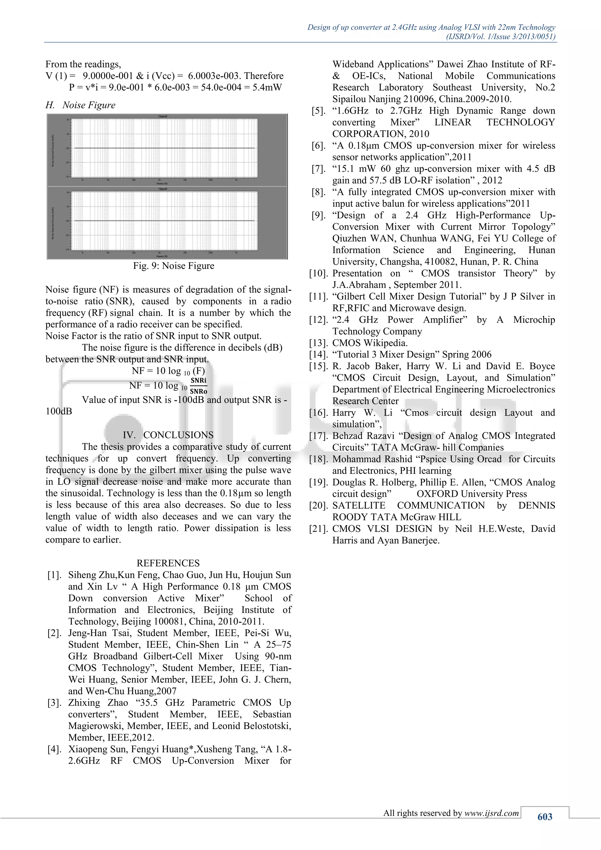 Design of up converter at 2.4GHz using Analog VLSI with 22nm Technology
(IJSRD/Vol. 1/Issue 3/2013/0051)
All rights reserved by www.ijsrd.com 603
From the readings,
V (1) = 9.0000e-001 & i (Vcc) = 6.0003e-003. Therefore
P = v*i = 9.0e-001 * 6.0e-003 = 54.0e-004 = 5.4mW
H. Noise Figure
Fig. 9: Noise Figure
Noise figure (NF) is measures of degradation of the signal-
to-noise ratio (SNR), caused by components in a radio
frequency (RF) signal chain. It is a number by which the
performance of a radio receiver can be specified.
Noise Factor is the ratio of SNR input to SNR output.
The noise figure is the difference in decibels (dB)
between the SNR output and SNR input.
NF = 10 log 10 (F)
NF = 10 log 10
Value of input SNR is -100dB and output SNR is -
100dB
IV. CONCLUSIONS
The thesis provides a comparative study of current
techniques for up convert frequency. Up converting
frequency is done by the gilbert mixer using the pulse wave
in LO signal decrease noise and make more accurate than
the sinusoidal. Technology is less than the 0.18µm so length
is less because of this area also decreases. So due to less
length value of width also deceases and we can vary the
value of width to length ratio. Power dissipation is less
compare to earlier.
REFERENCES
[1]. Siheng Zhu,Kun Feng, Chao Guo, Jun Hu, Houjun Sun
and Xin Lv “ A High Performance 0.18 μm CMOS
Down conversion Active Mixer” School of
Information and Electronics, Beijing Institute of
Technology, Beijing 100081, China, 2010-2011.
[2]. Jeng-Han Tsai, Student Member, IEEE, Pei-Si Wu,
Student Member, IEEE, Chin-Shen Lin “ A 25–75
GHz Broadband Gilbert-Cell Mixer Using 90-nm
CMOS Technology”, Student Member, IEEE, Tian-
Wei Huang, Senior Member, IEEE, John G. J. Chern,
and Wen-Chu Huang,2007
[3]. Zhixing Zhao “35.5 GHz Parametric CMOS Up
converters”, Student Member, IEEE, Sebastian
Magierowski, Member, IEEE, and Leonid Belostotski,
Member, IEEE,2012.
[4]. Xiaopeng Sun, Fengyi Huang*,Xusheng Tang, “A 1.8-
2.6GHz RF CMOS Up-Conversion Mixer for
Wideband Applications” Dawei Zhao Institute of RF-
& OE-ICs, National Mobile Communications
Research Laboratory Southeast University, No.2
Sipailou Nanjing 210096, China.2009-2010.
[5]. “1.6GHz to 2.7GHz High Dynamic Range down
converting Mixer” LINEAR TECHNOLOGY
CORPORATION, 2010
[6]. “A 0.18μm CMOS up-conversion mixer for wireless
sensor networks application”,2011
[7]. “15.1 mW 60 ghz up-conversion mixer with 4.5 dB
gain and 57.5 dB LO-RF isolation” , 2012
[8]. “A fully integrated CMOS up-conversion mixer with
input active balun for wireless applications”2011
[9]. “Design of a 2.4 GHz High-Performance Up-
Conversion Mixer with Current Mirror Topology”
Qiuzhen WAN, Chunhua WANG, Fei YU College of
Information Science and Engineering, Hunan
University, Changsha, 410082, Hunan, P. R. China
[10]. Presentation on “ CMOS transistor Theory” by
J.A.Abraham , September 2011.
[11]. “Gilbert Cell Mixer Design Tutorial” by J P Silver in
RF,RFIC and Microwave design.
[12]. “2.4 GHz Power Amplifier” by A Microchip
Technology Company
[13]. CMOS Wikipedia.
[14]. “Tutorial 3 Mixer Design” Spring 2006
[15]. R. Jacob Baker, Harry W. Li and David E. Boyce
“CMOS Circuit Design, Layout, and Simulation”
Department of Electrical Engineering Microelectronics
Research Center
[16]. Harry W. Li “Cmos circuit design Layout and
simulation”,
[17]. Behzad Razavi “Design of Analog CMOS Integrated
Circuits” TATA McGraw- hill Companies
[18]. Mohammad Rashid “Pspice Using Orcad for Circuits
and Electronics, PHI learning
[19]. Douglas R. Holberg, Phillip E. Allen, “CMOS Analog
circuit design” OXFORD University Press
[20]. SATELLITE COMMUNICATION by DENNIS
ROODY TATA McGraw HILL
[21]. CMOS VLSI DESIGN by Neil H.E.Weste, David
Harris and Ayan Banerjee.
 