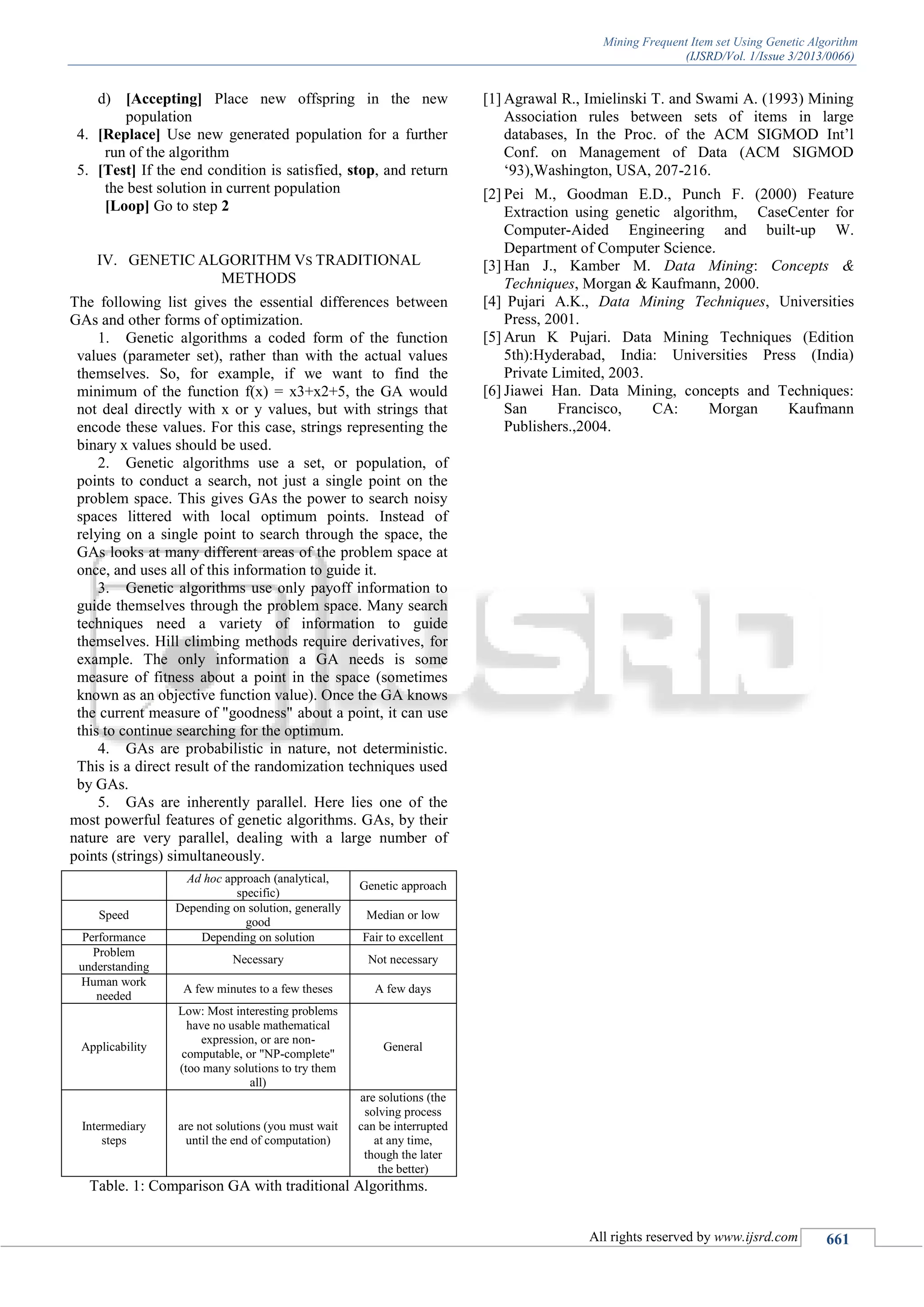 Mining Frequent Item set Using Genetic Algorithm
(IJSRD/Vol. 1/Issue 3/2013/0066)
All rights reserved by www.ijsrd.com 661
d) [Accepting] Place new offspring in the new
population
4. [Replace] Use new generated population for a further
run of the algorithm
5. [Test] If the end condition is satisfied, stop, and return
the best solution in current population
[Loop] Go to step 2
IV. GENETIC ALGORITHM VS TRADITIONAL
METHODS
The following list gives the essential differences between
GAs and other forms of optimization.
1. Genetic algorithms a coded form of the function
values (parameter set), rather than with the actual values
themselves. So, for example, if we want to find the
minimum of the function f(x) = x3+x2+5, the GA would
not deal directly with x or y values, but with strings that
encode these values. For this case, strings representing the
binary x values should be used.
2. Genetic algorithms use a set, or population, of
points to conduct a search, not just a single point on the
problem space. This gives GAs the power to search noisy
spaces littered with local optimum points. Instead of
relying on a single point to search through the space, the
GAs looks at many different areas of the problem space at
once, and uses all of this information to guide it.
3. Genetic algorithms use only payoff information to
guide themselves through the problem space. Many search
techniques need a variety of information to guide
themselves. Hill climbing methods require derivatives, for
example. The only information a GA needs is some
measure of fitness about a point in the space (sometimes
known as an objective function value). Once the GA knows
the current measure of "goodness" about a point, it can use
this to continue searching for the optimum.
4. GAs are probabilistic in nature, not deterministic.
This is a direct result of the randomization techniques used
by GAs.
5. GAs are inherently parallel. Here lies one of the
most powerful features of genetic algorithms. GAs, by their
nature are very parallel, dealing with a large number of
points (strings) simultaneously.
Ad hoc approach (analytical,
specific)
Genetic approach
Speed
Depending on solution, generally
good
Median or low
Performance Depending on solution Fair to excellent
Problem
understanding
Necessary Not necessary
Human work
needed
A few minutes to a few theses A few days
Applicability
Low: Most interesting problems
have no usable mathematical
expression, or are non-
computable, or "NP-complete"
(too many solutions to try them
all)
General
Intermediary
steps
are not solutions (you must wait
until the end of computation)
are solutions (the
solving process
can be interrupted
at any time,
though the later
the better)
Table. 1: Comparison GA with traditional Algorithms.
[1] Agrawal R., Imielinski T. and Swami A. (1993) Mining
Association rules between sets of items in large
databases, In the Proc. of the ACM SIGMOD Int’l
Conf. on Management of Data (ACM SIGMOD
‘93),Washington, USA, 207-216.
[2] Pei M., Goodman E.D., Punch F. (2000) Feature
Extraction using genetic algorithm, CaseCenter for
Computer-Aided Engineering and built-up W.
Department of Computer Science.
[3] Han J., Kamber M. Data Mining: Concepts &
Techniques, Morgan & Kaufmann, 2000.
[4] Pujari A.K., Data Mining Techniques, Universities
Press, 2001.
[5] Arun K Pujari. Data Mining Techniques (Edition
5th):Hyderabad, India: Universities Press (India)
Private Limited, 2003.
[6] Jiawei Han. Data Mining, concepts and Techniques:
San Francisco, CA: Morgan Kaufmann
Publishers.,2004.
 