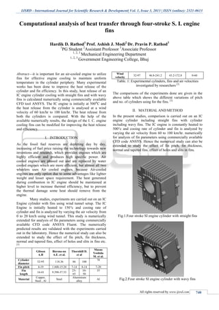 IJSRD - International Journal for Scientific Research & Development| Vol. 1, Issue 3, 2013 | ISSN (online): 2321-0613
All rights reserved by www.ijsrd.com 740
Computational analysis of heat transfer through four-stroke S. I. engine
fins
Hardik D. Rathod1
Prof. Ashish J. Modi2
Dr. Pravin P. Rathod3
1
PG Student 2
Assistant Professor 3
Associate Professor
1, 2, 3
Mechanical Engineering Department
1, 2, 3
Government Engineering College, Bhuj
Abstract—it is important for an air-cooled engine to utilize
fins for effective engine cooling to maintain uniform
temperature in the cylinder periphery. Many experimental
works has been done to improve the heat release of the
cylinder and fin efficiency. In this study, heat release of an
IC engine cylinder cooling with straight fins and with wavy
fins is calculated numerically using commercially available
CFD tool ANSYS. The IC engine is initially at 500⁰C and
the heat release from the cylinder is analysed at a wind
velocity of 60 km/hr to 100 km/hr. The heat release from
both the cylinders is compared. With the help of the
available numerically results, the design of the I. C. engine
cooling fins can be modified for improving the heat release
and efficiency.
I. INTRODUCTION
As the fossil fuel reserves are depleting day by day,
increasing of fuel price raising the technology towards new
inventions and research, which provides engines which are
highly efficient and produces high specific power. Air
cooled engines are phased out and are replaced by water
cooled engines which are more efficient, but almost all two
wheelers uses Air cooled engines, because Air-cooled
engines are only option due to some advantages like lighter
weight and lesser space requirement. The heat generated
during combustion in IC engine should be maintained at
higher level to increase thermal efficiency, but to prevent
the thermal damage some heat should remove from the
engine.
Many studies, experiments are carried out on an IC
Engine cylinder with fins using wind tunnel setup. The IC
Engine is initially heated to 150°c and cooing rate of
cylinder and fin is analyzed by varying the air velocity from
0 to 20 km/h using wind tunnel. This study is numerically
extended for analysis of fin parameters using commercially
available CFD code ANSYS Fluent. The numerically
predicted results are validated with the experiments carried
out in the laboratory. Hence the numerical study can also be
extended to study the effect of fin pitch, fin thickness,
normal and tapered fins, effect of holes and slits in fins etc.
[3]
Gibson
A.H
Bierma-nn
A.E. et al.
Thornhill D.
et al
Masao
Yoshida
M. et al.
Cylinder
diameter
32-95 118.36 86 100
78
Fin pitch 4-19 1.448-15.24 7-14 8-14 7-20
Fin
length
16-41 9.398-37.33
25-
65
10-
50
35
Material
Copper,
Steel , Al
Steel
Aluminium
alloy
Al
Wind
velocity
32-97 46.8-241.2 43.2-172.8 0-60
Table. 1: Experimental cylinders, fins and air velocities
investigated by researchers [3]
The comparisons of the experiments done are given in the
above table which shows the different variations of pitch
and no. of cylinders using for the fins. [3]
II. MATERIAL AND METHOD
In the present studies, comparison is carried out on an IC
engine cylinder including straight fins with cylinder
including wavy fins. The IC engine is constantly heated to
500°c and cooing rate of cylinder and fin is analyzed by
varying the air velocity from 60 to 100 km/hr. numerically
for analysis of fin parameters using commercially available
CFD code ANSYS. Hence the numerical study can also be
extended to study the effect of fin pitch, fin thickness,
normal and tapered fins, effect of holes and slits in fins.
Fig.1.Four stroke SI engine cylinder with straight fins
Fig.2.Four stroke SI engine cylinder with wavy fins
 