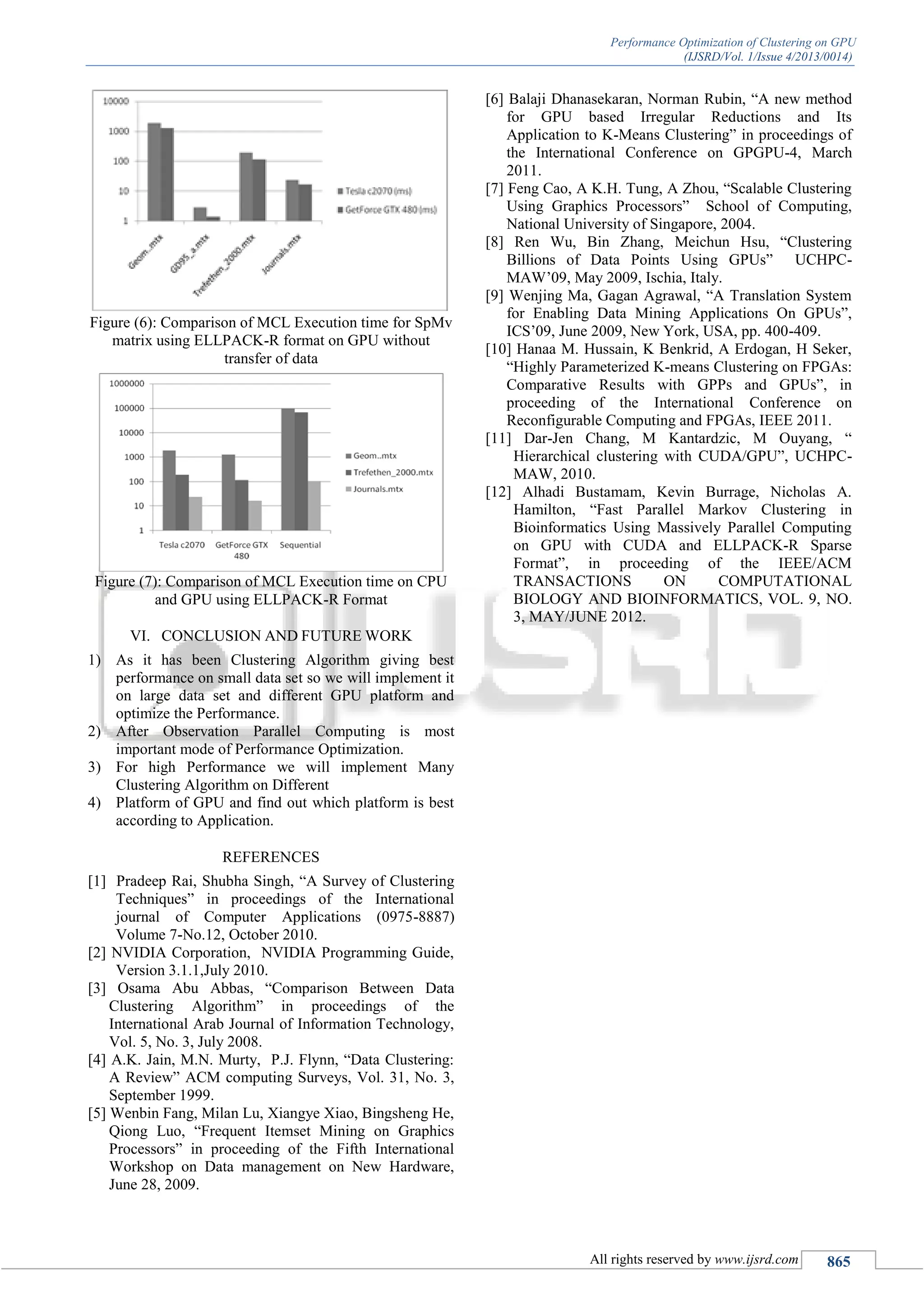 Performance Optimization of Clustering on GPU (IJSRD/Vol. 1/Issue 4/2013/0014) All rights reserved by www.ijsrd.com 865 Figure (6): Comparison of MCL Execution time for SpMv matrix using ELLPACK-R format on GPU without transfer of data Figure (7): Comparison of MCL Execution time on CPU and GPU using ELLPACK-R Format VI. CONCLUSION AND FUTURE WORK 1) As it has been Clustering Algorithm giving best performance on small data set so we will implement it on large data set and different GPU platform and optimize the Performance. 2) After Observation Parallel Computing is most important mode of Performance Optimization. 3) For high Performance we will implement Many Clustering Algorithm on Different 4) Platform of GPU and find out which platform is best according to Application. REFERENCES [1] Pradeep Rai, Shubha Singh, “A Survey of Clustering Techniques” in proceedings of the International journal of Computer Applications (0975-8887) Volume 7-No.12, October 2010. [2] NVIDIA Corporation, NVIDIA Programming Guide, Version 3.1.1,July 2010. [3] Osama Abu Abbas, “Comparison Between Data Clustering Algorithm” in proceedings of the International Arab Journal of Information Technology, Vol. 5, No. 3, July 2008. [4] A.K. Jain, M.N. Murty, P.J. Flynn, “Data Clustering: A Review” ACM computing Surveys, Vol. 31, No. 3, September 1999. [5] Wenbin Fang, Milan Lu, Xiangye Xiao, Bingsheng He, Qiong Luo, “Frequent Itemset Mining on Graphics Processors” in proceeding of the Fifth International Workshop on Data management on New Hardware, June 28, 2009. [6] Balaji Dhanasekaran, Norman Rubin, “A new method for GPU based Irregular Reductions and Its Application to K-Means Clustering” in proceedings of the International Conference on GPGPU-4, March 2011. [7] Feng Cao, A K.H. Tung, A Zhou, “Scalable Clustering Using Graphics Processors” School of Computing, National University of Singapore, 2004. [8] Ren Wu, Bin Zhang, Meichun Hsu, “Clustering Billions of Data Points Using GPUs” UCHPC- MAW’09, May 2009, Ischia, Italy. [9] Wenjing Ma, Gagan Agrawal, “A Translation System for Enabling Data Mining Applications On GPUs”, ICS’09, June 2009, New York, USA, pp. 400-409. [10] Hanaa M. Hussain, K Benkrid, A Erdogan, H Seker, “Highly Parameterized K-means Clustering on FPGAs: Comparative Results with GPPs and GPUs”, in proceeding of the International Conference on Reconfigurable Computing and FPGAs, IEEE 2011. [11] Dar-Jen Chang, M Kantardzic, M Ouyang, “ Hierarchical clustering with CUDA/GPU”, UCHPC- MAW, 2010. [12] Alhadi Bustamam, Kevin Burrage, Nicholas A. Hamilton, “Fast Parallel Markov Clustering in Bioinformatics Using Massively Parallel Computing on GPU with CUDA and ELLPACK-R Sparse Format”, in proceeding of the IEEE/ACM TRANSACTIONS ON COMPUTATIONAL BIOLOGY AND BIOINFORMATICS, VOL. 9, NO. 3, MAY/JUNE 2012. 