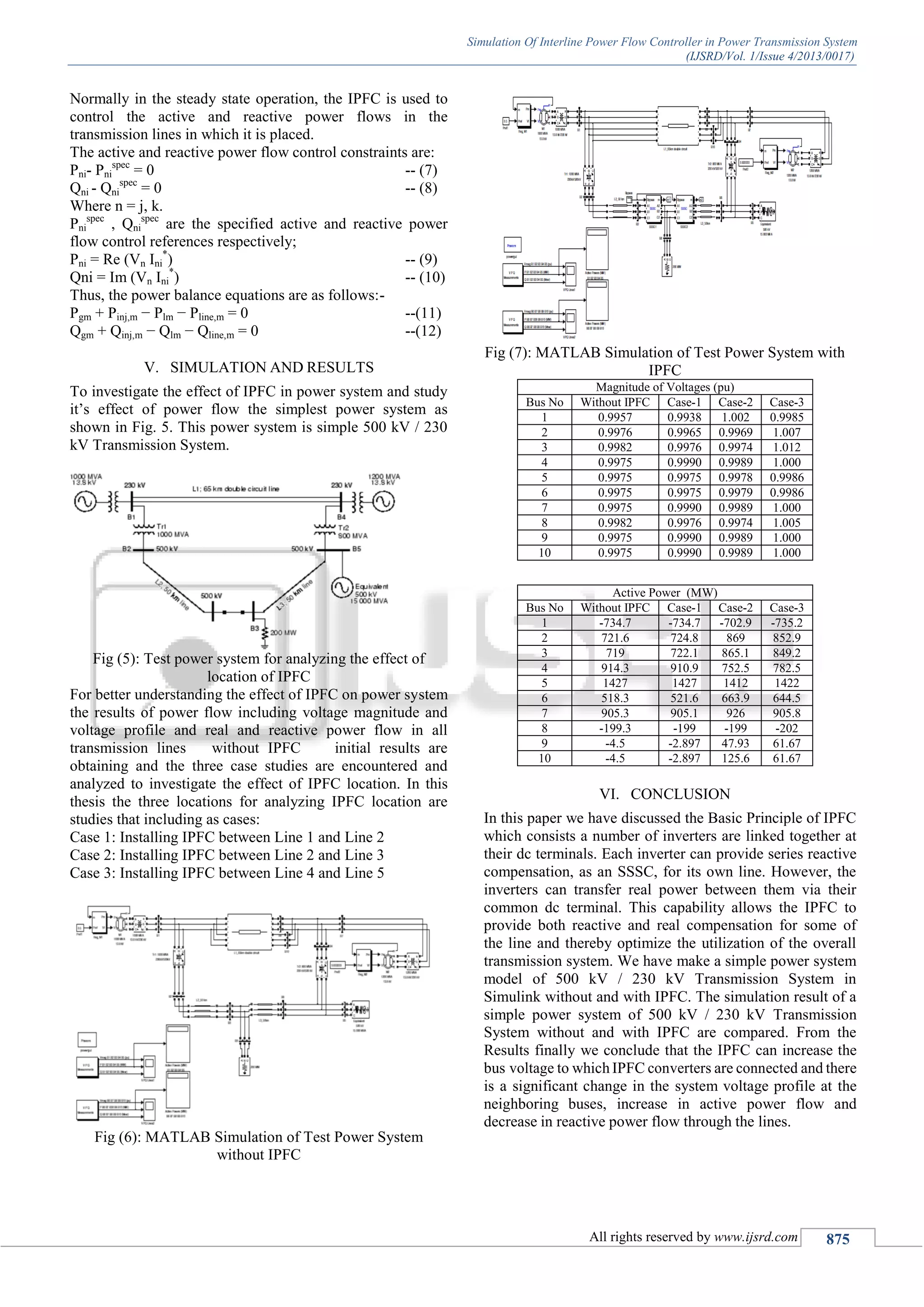 Simulation Of Interline Power Flow Controller in Power Transmission System
(IJSRD/Vol. 1/Issue 4/2013/0017)
All rights reserved by www.ijsrd.com 875
Normally in the steady state operation, the IPFC is used to
control the active and reactive power flows in the
transmission lines in which it is placed.
The active and reactive power flow control constraints are:
Pni- Pni
spec
= 0 -- (7)
Qni - Qni
spec
= 0 -- (8)
Where n = j, k.
Pni
spec
, Qni
spec
are the specified active and reactive power
flow control references respectively;
Pni = Re (Vn Ini
*
) -- (9)
Qni = Im (Vn Ini
*
) -- (10)
Thus, the power balance equations are as follows:-
Pgm + Pinj,m − Plm − Pline,m = 0 --(11)
Qgm + Qinj,m − Qlm − Qline,m = 0 --(12)
SIMULATION AND RESULTSV.
To investigate the effect of IPFC in power system and study
it’s effect of power flow the simplest power system as
shown in Fig. 5. This power system is simple 500 kV / 230
kV Transmission System.
Fig (5): Test power system for analyzing the effect of
location of IPFC
For better understanding the effect of IPFC on power system
the results of power flow including voltage magnitude and
voltage profile and real and reactive power flow in all
transmission lines without IPFC initial results are
obtaining and the three case studies are encountered and
analyzed to investigate the effect of IPFC location. In this
thesis the three locations for analyzing IPFC location are
studies that including as cases:
Case 1: Installing IPFC between Line 1 and Line 2
Case 2: Installing IPFC between Line 2 and Line 3
Case 3: Installing IPFC between Line 4 and Line 5
Fig (6): MATLAB Simulation of Test Power System
without IPFC
Fig (7): MATLAB Simulation of Test Power System with
IPFC
Magnitude of Voltages (pu)
Bus No Without IPFC Case-1 Case-2 Case-3
1 0.9957 0.9938 1.002 0.9985
2 0.9976 0.9965 0.9969 1.007
3 0.9982 0.9976 0.9974 1.012
4 0.9975 0.9990 0.9989 1.000
5 0.9975 0.9975 0.9978 0.9986
6 0.9975 0.9975 0.9979 0.9986
7 0.9975 0.9990 0.9989 1.000
8 0.9982 0.9976 0.9974 1.005
9 0.9975 0.9990 0.9989 1.000
10 0.9975 0.9990 0.9989 1.000
Active Power (MW)
Bus No Without IPFC Case-1 Case-2 Case-3
1 -734.7 -734.7 -702.9 -735.2
2 721.6 724.8 869 852.9
3 719 722.1 865.1 849.2
4 914.3 910.9 752.5 782.5
5 1427 1427 1412 1422
6 518.3 521.6 663.9 644.5
7 905.3 905.1 926 905.8
8 -199.3 -199 -199 -202
9 -4.5 -2.897 47.93 61.67
10 -4.5 -2.897 125.6 61.67
CONCLUSIONVI.
In this paper we have discussed the Basic Principle of IPFC
which consists a number of inverters are linked together at
their dc terminals. Each inverter can provide series reactive
compensation, as an SSSC, for its own line. However, the
inverters can transfer real power between them via their
common dc terminal. This capability allows the IPFC to
provide both reactive and real compensation for some of
the line and thereby optimize the utilization of the overall
transmission system. We have make a simple power system
model of 500 kV / 230 kV Transmission System in
Simulink without and with IPFC. The simulation result of a
simple power system of 500 kV / 230 kV Transmission
System without and with IPFC are compared. From the
Results finally we conclude that the IPFC can increase the
bus voltage to which IPFC converters are connected and there
is a significant change in the system voltage profile at the
neighboring buses, increase in active power flow and
decrease in reactive power flow through the lines.
 
