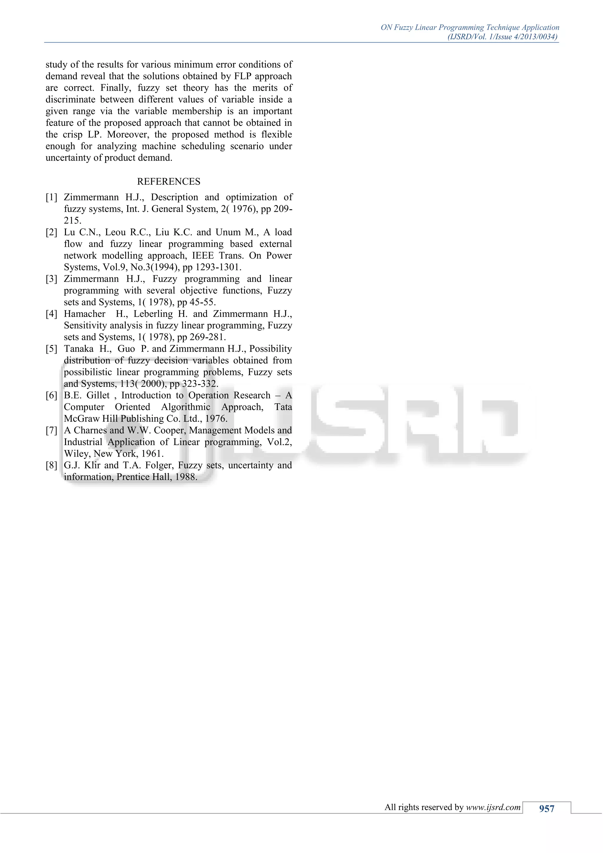 ON Fuzzy Linear Programming Technique Application
(IJSRD/Vol. 1/Issue 4/2013/0034)
All rights reserved by www.ijsrd.com 957
study of the results for various minimum error conditions of
demand reveal that the solutions obtained by FLP approach
are correct. Finally, fuzzy set theory has the merits of
discriminate between different values of variable inside a
given range via the variable membership is an important
feature of the proposed approach that cannot be obtained in
the crisp LP. Moreover, the proposed method is flexible
enough for analyzing machine scheduling scenario under
uncertainty of product demand.
REFERENCES
[1] Zimmermann H.J., Description and optimization of
fuzzy systems, Int. J. General System, 2( 1976), pp 209-
215.
[2] Lu C.N., Leou R.C., Liu K.C. and Unum M., A load
flow and fuzzy linear programming based external
network modelling approach, IEEE Trans. On Power
Systems, Vol.9, No.3(1994), pp 1293-1301.
[3] Zimmermann H.J., Fuzzy programming and linear
programming with several objective functions, Fuzzy
sets and Systems, 1( 1978), pp 45-55.
[4] Hamacher H., Leberling H. and Zimmermann H.J.,
Sensitivity analysis in fuzzy linear programming, Fuzzy
sets and Systems, 1( 1978), pp 269-281.
[5] Tanaka H., Guo P. and Zimmermann H.J., Possibility
distribution of fuzzy decision variables obtained from
possibilistic linear programming problems, Fuzzy sets
and Systems, 113( 2000), pp 323-332.
[6] B.E. Gillet , Introduction to Operation Research – A
Computer Oriented Algorithmic Approach, Tata
McGraw Hill Publishing Co. Ltd., 1976.
[7] A Charnes and W.W. Cooper, Management Models and
Industrial Application of Linear programming, Vol.2,
Wiley, New York, 1961.
[8] G.J. Klir and T.A. Folger, Fuzzy sets, uncertainty and
information, Prentice Hall, 1988.
 