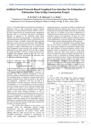 IJSRD - International Journal for Scientific Research & Development| Vol. 1, Issue 4, 2013 | ISSN (online): 2321-0613
All rights reserved by www.ijsrd.com 1011
Abstract—This paper addresses the problem of estimation of
fabrication time in Rig construction projects through
application of Artificial Neural Network (ANNs) as this is
the most crucial activity for successful project management
planning. ANN is a non-linear, data driven, self adaptive
approach as opposed to the traditional model based
methods, also fast becoming popular in forecasting where
relationship between input and output is not known but vast
collection of data is available. Around 960 data regarding
fabrication activity has been collected from ABG Shipyard
Ltd., Dahej. 3 input parameters have been considered for
estimation of output as fabrication time. 11 Feed Forward
Back Propagation neural networks with different network
architectures were made. Network N10 was able to predict
the output with MSE 1.35337e-2. Coding was done for the
Graphical User Interface (GUI) so that the GUI runs,
simulates network N10, and displays the fabrication time
for different combination of inputs.
Keywords: Fabrication time, Artificial Neural Network,
Graphical User Interface, GUI coding.
I. INTRODUCTION
In the construction projects (ex. Rig building) it is crucial to
minimize risks in the project estimation phase. This is an
early project stage in which different resources are
estimated. One of the important estimations is also the
necessary number of fabrication/construction hours or days.
The estimation phase is commonly a human expert driven
(intuitive method) activity which is sensitive to the expert’s
bias (judgement / experience). This bias can lead to an
underestimation of project resources, when the estimator is
overconfident, or to over-estimation of project resources
when the estimator does not have sufficient confidence that
all aspects of the project can be properly covered. Both
scenarios, based on the expert’s estimation, have a negative
impact on the future business decisions. In case of
underestimation, the project will bring economic loss, and in
case of overestimation, it will most likely be assigned to a
competitive supplier. The estimator’s key competence is to
properly collect and evaluate all the information which is
significant for making the project estimation. The paradigm
lies in the fact that the estimator should spend minimal time
necessary on estimation activity.
One of the main obstacles in this process is to
accurately define the relationship between product
characteristics and the construction/fabrication time
necessary to manufacture the product. Earlier studies
(Zhang and Fu, 2009) showed that the scientific and
reasonable performance evaluation is advantageous to
promote the comprehensive management level of
engineering projects. At present the fields of academia and
engineering had been achieved some results on this issue.
Iranmanesh and Zarezadeh (2008) stated that the researchers
have done lot of research in the area of application of
Artificial Neural Network (ANN) in project success, project
evaluation, project cost forecasting. As there are a few
studies on application of ANN in project estimation, there is
a good opportunity to accurately forecast time of fabrication
in construction projects through applying ANN approach.
The main aim of this paper is to develop the model
that fits into intuitive method for estimating fabrication
time. Three input variables are considered as height of job,
max. plate thickness of job and inspection criteria of job.
Inspection criteria is dependent on the value of max. plate
thickness. From this input value output as productivity
factor is decided by the intuitive method. Fabrication time in
number of days is calculated by dividing quantity of job
(tonnes) by productivity factor. We have developed detailed
step by step neural network model of the expert driven
estimation approach. Through this model, an effort is made
to capture the experience of the data available, which can be
further used to predict new combination of inputs. We have
also developed a Graphical User Interface(GUI) so that the
ANN model can be used without any prior knowledge of
ANN.
II. METHODOLOGY
A. Data
To train the ANN, 960 readings from already completed
jobs were collected from ABG Shipyard Ltd., Dahej,
Bharuch. Out of them 15 sample readings are shown below
(see Table I)
Sr
.
N
o.
Activity/
Job
Hei
ght
(m )
Max
Thick
ness
Of
Plates
(mm )
Inspec
tion
Criteri
a
(%)
Producti
vity
Factor
Quan
tity
Of
Activ
ity
(Ton
nes )
Durat
ion
(
Days
)
1 BOW 8.20 16.00
20.00
%
0.8
108.5
0
136
2 CS1 5.00 63.00
100.00
%
0.5
147.1
8
294
3 CS2P 8.00 80.00
100.00
%
0.5 50.65 101
4 CS3S 7.50 75.00
100.00
%
0.5 71.16 142
5 MD1 1.50 25.40
50.00
%
1 33.22 33
6 LB2P 2.00 22.50
50.00
%
1 26.65 27
7 LB2S 1.00 22.50
50.00
%
1 24.90 25
8 CS7 8.00 29.00
50.00
%
0.5 58.39 117
Artificial Neural Network Based Graphical User Interface for Estimation of
Fabrication Time in Rig Construction Project
D. H. Patel1
A. H. Makwana2
A. A. Mehta3
1, 2
Department of Mechanical Engineering, Government Engineering College, Dahod, India.
3
Department of Civil Engineering, Bhagwan Mahavir College of Engg. & Tech., Surat, India.
 