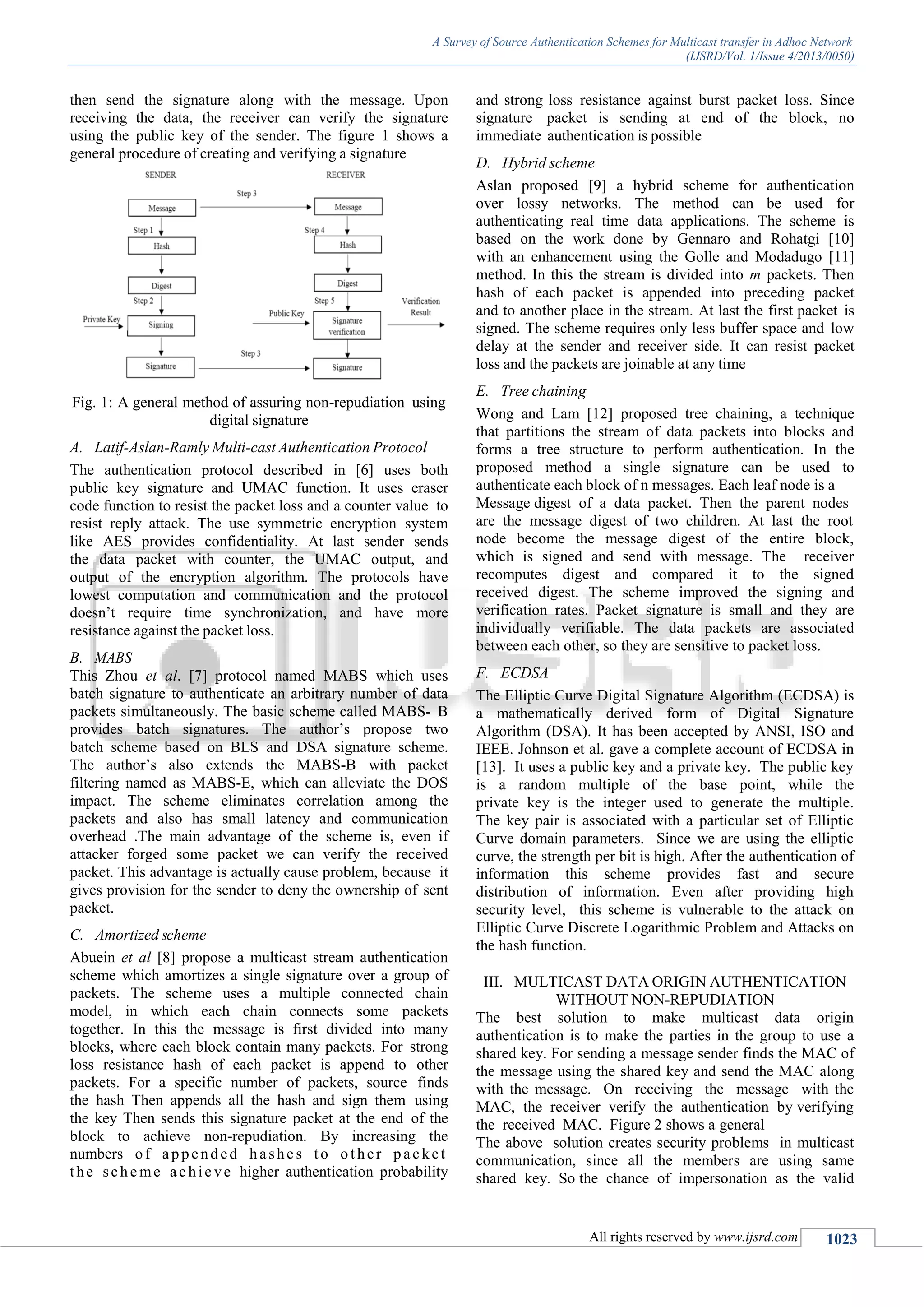 A Survey of Source Authentication Schemes for Multicast transfer in Adhoc Network
(IJSRD/Vol. 1/Issue 4/2013/0050)
All rights reserved by www.ijsrd.com 1023
then send the signature along with the message. Upon
receiving the data, the receiver can verify the signature
using the public key of the sender. The figure 1 shows a
general procedure of creating and verifying a signature
Fig. 1: A general method of assuring non-repudiation using
digital signature
A. Latif-Aslan-Ramly Multi-cast Authentication Protocol
The authentication protocol described in [6] uses both
public key signature and UMAC function. It uses eraser
code function to resist the packet loss and a counter value to
resist reply attack. The use symmetric encryption system
like AES provides confidentiality. At last sender sends
the data packet with counter, the UMAC output, and
output of the encryption algorithm. The protocols have
lowest computation and communication and the protocol
doesn’t require time synchronization, and have more
resistance against the packet loss.
B. MABS
This Zhou et al. [7] protocol named MABS which uses
batch signature to authenticate an arbitrary number of data
packets simultaneously. The basic scheme called MABS- B
provides batch signatures. The author’s propose two
batch scheme based on BLS and DSA signature scheme.
The author’s also extends the MABS-B with packet
filtering named as MABS-E, which can alleviate the DOS
impact. The scheme eliminates correlation among the
packets and also has small latency and communication
overhead .The main advantage of the scheme is, even if
attacker forged some packet we can verify the received
packet. This advantage is actually cause problem, because it
gives provision for the sender to deny the ownership of sent
packet.
C. Amortized scheme
Abuein et al [8] propose a multicast stream authentication
scheme which amortizes a single signature over a group of
packets. The scheme uses a multiple connected chain
model, in which each chain connects some packets
together. In this the message is first divided into many
blocks, where each block contain many packets. For strong
loss resistance hash of each packet is append to other
packets. For a specific number of packets, source finds
the hash Then appends all the hash and sign them using
the key Then sends this signature packet at the end of the
block to achieve non-repudiation. By increasing the
numbers of appended hashe s to ot her pac ket
the sche me ac hie ve higher authentication probability
and strong loss resistance against burst packet loss. Since
signature packet is sending at end of the block, no
immediate authentication is possible
D. Hybrid scheme
Aslan proposed [9] a hybrid scheme for authentication
over lossy networks. The method can be used for
authenticating real time data applications. The scheme is
based on the work done by Gennaro and Rohatgi [10]
with an enhancement using the Golle and Modadugo [11]
method. In this the stream is divided into m packets. Then
hash of each packet is appended into preceding packet
and to another place in the stream. At last the first packet is
signed. The scheme requires only less buffer space and low
delay at the sender and receiver side. It can resist packet
loss and the packets are joinable at any time
E. Tree chaining
Wong and Lam [12] proposed tree chaining, a technique
that partitions the stream of data packets into blocks and
forms a tree structure to perform authentication. In the
proposed method a single signature can be used to
authenticate each block of n messages. Each leaf node is a
Message digest of a data packet. Then the parent nodes
are the message digest of two children. At last the root
node become the message digest of the entire block,
which is signed and send with message. The receiver
recomputes digest and compared it to the signed
received digest. The scheme improved the signing and
verification rates. Packet signature is small and they are
individually verifiable. The data packets are associated
between each other, so they are sensitive to packet loss.
F. ECDSA
The Elliptic Curve Digital Signature Algorithm (ECDSA) is
a mathematically derived form of Digital Signature
Algorithm (DSA). It has been accepted by ANSI, ISO and
IEEE. Johnson et al. gave a complete account of ECDSA in
[13]. It uses a public key and a private key. The public key
is a random multiple of the base point, while the
private key is the integer used to generate the multiple.
The key pair is associated with a particular set of Elliptic
Curve domain parameters. Since we are using the elliptic
curve, the strength per bit is high. After the authentication of
information this scheme provides fast and secure
distribution of information. Even after providing high
security level, this scheme is vulnerable to the attack on
Elliptic Curve Discrete Logarithmic Problem and Attacks on
the hash function.
III. MULTICAST DATA ORIGIN AUTHENTICATION
WITHOUT NON-REPUDIATION
The best solution to make multicast data origin
authentication is to make the parties in the group to use a
shared key. For sending a message sender finds the MAC of
the message using the shared key and send the MAC along
with the message. On receiving the message with the
MAC, the receiver verify the authentication by verifying
the received MAC. Figure 2 shows a general
The above solution creates security problems in multicast
communication, since all the members are using same
shared key. So the chance of impersonation as the valid
 