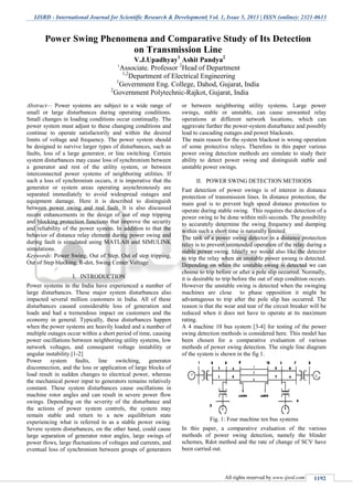 IJSRD - International Journal for Scientific Research & Development| Vol. 1, Issue 5, 2013 | ISSN (online): 2321-0613
All rights reserved by www.ijsrd.com 1192
Abstract— Power systems are subject to a wide range of
small or large disturbances during operating conditions.
Small changes in loading conditions occur continually. The
power system must adjust to these changing conditions and
continue to operate satisfactorily and within the desired
limits of voltage and frequency. The power system should
be designed to survive larger types of disturbances, such as
faults, loss of a large generator, or line switching. Certain
system disturbances may cause loss of synchronism between
a generator and rest of the utility system, or between
interconnected power systems of neighboring utilities. If
such a loss of synchronism occurs, it is imperative that the
generator or system areas operating asynchronously are
separated immediately to avoid widespread outages and
equipment damage. Here it is described to distinguish
between power swing and real fault. It is also discussed
recent enhancements in the design of out of step tripping
and blocking protection functions that improve the security
and reliability of the power system. In addition to that the
behavior of distance relay element during power swing and
during fault is simulated using MATLAB and SIMULINK
simulations.
Keywords: Power Swing, Out of Step, Out of step tripping,
Out of Step blocking, R-dot, Swing Center Voltage
I. INTRODUCTION
Power systems in the India have experienced a number of
large disturbances. These major system disturbances also
impacted several million customers in India. All of these
disturbances caused considerable loss of generation and
loads and had a tremendous impact on customers and the
economy in general. Typically, these disturbances happen
when the power systems are heavily loaded and a number of
multiple outages occur within a short period of time, causing
power oscillations between neighboring utility systems, low
network voltages, and consequent voltage instability or
angular instability.[1-2]
Power system faults, line switching, generator
disconnection, and the loss or application of large blocks of
load result in sudden changes to electrical power, whereas
the mechanical power input to generators remains relatively
constant. These system disturbances cause oscillations in
machine rotor angles and can result in severe power flow
swings. Depending on the severity of the disturbance and
the actions of power system controls, the system may
remain stable and return to a new equilibrium state
experiencing what is referred to as a stable power swing.
Severe system disturbances, on the other hand, could cause
large separation of generator rotor angles, large swings of
power flows, large fluctuations of voltages and currents, and
eventual loss of synchronism between groups of generators
or between neighboring utility systems. Large power
swings, stable or unstable, can cause unwanted relay
operations at different network locations, which can
aggravate further the power-system disturbance and possibly
lead to cascading outages and power blackouts.
The main reason for the system blackout is wrong operation
of some protective relays. Therefore in this paper various
power swing detection methods are simulate to study their
ability to detect power swing and distinguish stable and
unstable power swings.
II. POWER SWING DETECTION METHODS
Fast detection of power swings is of interest in distance
protection of transmission lines. In distance protection, the
main goal is to prevent high speed distance protection to
operate during stable swing. This requires the detection of a
power swing to be done within mili-seconds. The possibility
to accurately determine the swing frequency and damping
within such a short time is naturally limited.
The task of a power swing detector in a distance protection
relay is to prevent unintended operation of the relay during a
stable power swing. Ideally we would also like the detector
to trip the relay when an unstable power swung is detected.
Depending on when the unstable swing is detected we can
choose to trip before or after a pole slip occurred. Normally,
it is desirable to trip before the out of step condition occurs.
However the unstable swing is detected when the swinging
machines are close to phase opposition it might be
advantageous to trip after the pole slip has occurred. The
reason is that the wear and tear of the circuit breaker will be
reduced when it does not have to operate at its maximum
rating.
A 4 machine 10 bus system [3-4] for testing of the power
swing detection methods is considered here. This model has
been chosen for a comparative evaluation of various
methods of power swing detection. The single line diagram
of the system is shown in the fig 1.
Fig. 1: Four machine ten bus systems
In this paper, a comparative evaluation of the various
methods of power swing detection, namely the blinder
schemes, Rdot method and the rate of change of SCV have
been carried out.
Power Swing Phenomena and Comparative Study of Its Detection
on Transmission Line
V.J.Upadhyay1
Ashit Pandya2
1
Associate. Professor 2
Head of Department
1,2
Department of Electrical Engineering
1
Government Eng. College, Dahod, Gujarat, India
2
Government Polytechnic-Rajkot, Gujarat, India
 