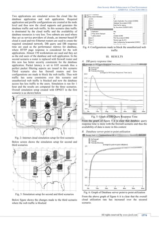 Data Security Model Enhancement in Cloud Environment
(IJSRD/Vol. 1/Issue 8/2013/0012)
All rights reserved by www.ijsrd.com 1574
Two applications are simulated across the cloud like the
database application and web application. Required
application and profile configurations are created at the node
level and thus now the cloud supports and generates the
database traffic and web traffic. In this scenario data traffic
is dominated by the cloud traffic and the availability of
database resources is very less. Two subnets are used where
they act as service providers of clouds, an internet based IP
cloud is used and two Ethernet routers are used to create the
required simulated network. DB query and DB response
time are used as the performance metrics for database,
where HTTP page response is considered for the web
applications. Almost 150 workstations are used and they act
as the end users of the database and web application. In the
second scenario a router is replaced with firewall router and
this now has better security constraints for the database
application. Packet latency is set to 0.05 seconds thus a
perfect packet filtering aspects are issued in this scenario
Third scenario also has firewall routers and few
configurations are made to block the web traffic. Thus web
traffic has some constraints over this scenario and
unauthorized web traffic is blocked and now the database
access has less traffic to the users. Simulation is run for 1
hour and the results are compared for the three scenarios.
Overall simulation setup created with OPNET in the first
scenario is as shown below
Fig. 2: Internet cloud simulation setup for first scenario
Below screen shows the simulation setup for second and
third scenarios
Fig, 3: Simulation setup for second and third scenarios
Below figure shows the changes made to the third scenario
where the web traffic is blocked
Fig. 4: Configurations made to block the unauthorized web
traffic
III. RESULTS
DB query response timeA.
Fig. 5: Graph of DB Query Response Time
From the graph of figure 5 it is clear that database query
response time is more with the firewall scenario and thus the
availability of data is more in this context
Database server point to point utilizationB.
Fig. 6: Graph of Database server point to point utilization
From the above graph of figure 6 it is clear that the overall
cloud utilization rate has increased over the secured
scenario.
 