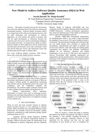 IJSRD - International Journal for Scientific Research & Development| Vol. 1, Issue 9, 2013 | ISSN (online): 2321-0613
All rights reserved by www.ijsrd.com 1799
Abstract— The quality of product and services has become
one of the most important factors that influence national and
international business , Software Quality Assurance (SQA)
is an integral part of the software development process; with
the rapid technology and development in software
application, we must enhance the quality of product; and
with the rapid development in interaction between the
customers and web service and the technological challenges
in the quality provided , we proposed new model to achieve
Software Quality in Web Application and the model divide
into three parts, the first part: server side, second part: Client
side and the third part :Server side intersection Client side
and there party factors helps to enhance SQA .
Key words: Software Quality Assurance, Web Service,
Server side, Client side, Quality Factors, customers
I. INTRODUCTION
Every application or business domain faces a specific set of
software quality issues and software quality must be defined
accordingly. It is important for each software development
project to define its specific meaning of software quality
during the planning phase. Such a definition contributes to
the basis for setting objectives and practical measures of
quality progress and determination of readiness for release
to customers [1].
Software Quality Assurance (SQA) is a planned
and systematic approach to ensure that software processes
and product and products confirms to the goals of SQA are
to improve software quality by appropriately monitoring
both software and the development process the ensure full
compliance with the established standards and
procedures[2]. The software quality assurance must be used
to make a balance between quality and productivity [3].
Quality improvements affect operations
performance in various ways, such as increasing revenue,
reducing costs and improving productivity. Quality has been
regarded as one of the major drivers of competitive strategy
in every industry [4].
II. RELATED WORKS
There are more and more research interests in software
quality assurance because it’s very important in software
product. Many researchers have developed different quality
frameworks. For example, Garvin [4] developed a quality
framework considering an eight dimension product quality
and Parasuraman et al. [5]
Capability Maturity Model Integration (CMMI)
was developed by the software Engineering Institute of
Carnegie- Mellon University under the sponsorship of the
US department of defence. Beginning with the Capability
Maturity Model of Software (SW-CMM) and now
continuing with the Capability Maturity Model International
(CMMI) framework < software development organization
have achieved significant gain in their ability to develop and
deliver system with predictable results [6].
ISO/IEC 90003:2004 International Organization
for Standardization (ISO) is the world’s largest developer
for standards. It was set up in 1947 and is located in Geneva,
Switzerland. The International Standard which ISO develops
are very useful because they contribute to making the
development, manufacturing and supply of products and
services more efficient, safer and cleaner, the leading global
organization that prepares and publishes international
standard for all electronic, electronic and related
technologies. It was set up in 1906 and is also located in
Geneva, Switzerland. Both standards organization are
supported by national member bodies. These member bodies
participate in the standards writing process through technical
committees [7, 8 and 9].
III. MODEL TO PROVIDE SQA
Software Testing involves operating a system, or an
application, under controlled conditions, and evaluating the
results. In most cases, software testing will involve the
development of a test bed, which tests the given software,
upon a set of test cases. The test bed will feed the test input
to the software system, get the result that’s generated by the
software system, and compares the generated result with the
expected result. If the generated result is same as the
expected result, then the software is bug free else, it has
bugs that need to be fixed.
Fig. 1: Model SQA in Website
Here we propose a model that helps to maintain
and improve the quality and required, The SQA in website
the operation is very complex, including Provisions to
achieve quality assurance, especially because of their
specificity for the software and that was the rapid
development of sites should we have to strengthen the
New Model to Achieve Software Quality Assurance (SQA) in Web
Application
Suyash Raizada1
Dr. Manju Kaushik2
1
M. Tech (Software Engineering) 2
Associate Professor
1, 2
Computer Science and Engineering
1, 2
JECRC, University Jaipur, India
 