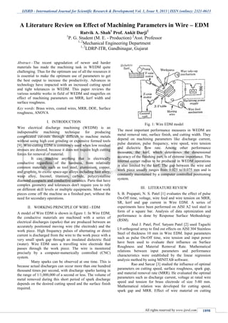 IJSRD - International Journal for Scientific Research & Development| Vol. 1, Issue 9, 2013 | ISSN (online): 2321-0613
All rights reserved by www.ijsrd.com 1898
Abstract—The recent upgradation of newer and harder
materials has made the machining task in WEDM quite
challenging. Thus for the optimum use of all the resources it
is essential to make the optimum use of parameters to get
the best output to increase the productivity. Advances in
technology have impacted with an increased cutting speed
and tight tolerances in WEDM. This paper reviews the
various notable works in field of WEDM and magnifies on
effect of machining parameters on MRR, kerf width and
surface roughness.
Key words: Brass wires, coated wires, MRR, DOE, Surface
roughness, ANOVA
I. INTRODUCTION
Wire electrical discharge machining (WEDM) is an
indispensable machining technique for producing
complicated cut-outs through difficult to machine metals
without using high cost grinding or expensive formed tools
[9]. Wire-cutting EDM is commonly used when low residual
stresses are desired, because it does not require high cutting
forces for removal of material.
It can machine anything that is electrically
conductive regardless of the hardness, from relatively
common materials such as tool steel, aluminium, copper,
and graphite, to exotic space-age alloys including hast alloy,
wasp alloy, Inconel, titanium, carbide, polycrystalline
diamond compacts and conductive ceramics. Parts that have
complex geometry and tolerances don't require you to rely
on different skill levels or multiple equipments. Most work
pieces come off the machine as a finished part, without the
need for secondary operations.
II. WORKING PRINCIPLE OF WIRE - EDM
A model of Wire EDM is shown in figure 1. In Wire EDM,
the conductive materials are machined with a series of
electrical discharges (sparks) that are produced between an
accurately positioned moving wire (the electrode) and the
work piece. High frequency pulses of alternating or direct
current is discharged from the wire to the work piece with a
very small spark gap through an insulated dielectric fluid
(water). Wire EDM uses a travelling wire electrode that
passes through the work piece. The wire is monitored
precisely by a computer-numerically controlled (CNC)
system.
Many sparks can be observed at one time. This is
because actual discharges can occur more than one hundred
thousand times per second, with discharge sparks lasting in
the range of 1/1,000,000 of a second or less. The volume of
metal removed during this short period of spark discharge
depends on the desired cutting speed and the surface finish
required.
Fig. 1: Wire EDM model
The most important performance measures in WEDM are
metal removal rate, surface finish, and cutting width. They
depend on machining parameters like discharge current,
pulse duration, pulse frequency, wire speed, wire tension
and dielectric flow rate. Among other performance
measures, the kerf, which determines the dimensional
accuracy of the finishing part, is of extreme importance. The
internal corner radius to be produced in WEDM operations
is also limited by the kerf. The gap between the wire and
work piece usually ranges from 0.025 to 0.075 mm and is
constantly maintained by a computer controlled positioning
system.
III. LITERATURE REVIEW
S. B. Prajapati, N. S. Patel [1] evaluates the effect of pulse
On-Off time, voltage, wire feed and wire tension on MRR,
SR, kerf and gap current in Wire EDM. A series of
experiments have been performed on AISI A2 tool steel in
form of a square bar. Analysis of data optimization and
performance is done by Response Surface Methodology
(RSM).
Atul J. Patel, Prof. Satyam Patel [2] used Taguchi
L9 orthogonal array to find out effects on AISI 304 Stainless
Steel of thickness 10 mm in Wire EDM. Input parameters
such as pulse On-Off time, wire tension and input power
have been used to evaluate their influence on Surface
Roughness and Material Removal Rate. Mathematical
relations between input parameters and performance
characteristics were established by the linear regression
analysis method by using MINITAB software.
Rao and Sarcar [3] studied the influence of optimal
parameters on cutting speed, surface roughness, spark gap,
and material removal rate (MRR). He evaluated the optimal
parameters such as discharge current, voltage at rated wire
speed and tension for brass electrode of size 5-80 mm.
Mathematical relation was developed for cutting speed,
spark gap and MRR. Effect of wire material on cutting
A Literature Review on Effect of Machining Parameters in Wire – EDM
Rutvik A. Shah1
Prof. Ankit Darji2
1
P. G. Student (M. E. - Production) 2
Asst. Professor
1, 2
Mechanical Engineering Department
1, 2
LDRP-ITR, Gandhinagar, Gujarat
 