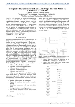IJSRD - International Journal for Scientific Research & Development| Vol. 2, Issue 07, 2014 | ISSN (online): 2321-0613
All rights reserved by www.ijsrd.com 47
Design and Implementation of Axi-Apb Bridge based on Amba 4.0
V. Anil Kumar1 V. Saidi Reddy2
1
Associate Professor 2
M.Tech Student
1
Department of Electronics and Communication Engineering
1,2
Brilliant Institute of Engineering and Technology
Abstract— ARM introduced the Advanced Microcontroller
Bus Architecture (AMBA) 4.0 specifications in March 2010,
which includes Advanced eXtensible Interface (AXI) 4.0.
AMBA bus protocol has become the de facto standard SoC
bus. That means more and more existing IPs must be able to
communicate with AMBA 4.0 bus. Based on AMBA 4.0
bus, we designed an Intellectual Property (IP) core of
Advanced Peripheral Bus (APB) bridge, which translates the
AXI4.0-lite transactions into APB 4.0 transactions. The
bridge provides an interface between the high-performance
AXI bus and low-power APB domain.
Key words: SoC, AMBA, AXI, APB
I. INTRODUCTION
Integrated cirtuits has entered the era of System-on-a-Chip
(SoC), which refers to integrating all components of a
computer or other electronic system into a single chip. It
may contain digital, analog, mixed-signal, and often radio-
frequency functions – all on a single chip substrate. With the
increasing design size, IP is an inevitable choice for SoC
design. And the widespread use of all kinds of IPs has
changed the nature of the design flow, making On-Chip
Buses (OCB) essential to the design. Of all OCBs existing in
the market, the AMBA bus system is widely used as the de
facto standard SoC bus. On March 8, 2010, ARM
announced availability of the AMBA 4.0 specifications. As
the de facto standard SoC bus, AMBA bus is widely used in
the high-performance SoC designs. The AMBA
specification defines an on-chip communication standard for
designing high-performance embedded microcontrollers.
The AMBA 4.0 specification defines five buses/interfaces.
 Advanced eXtensible Interface (AXI)
 Advanced High-performance Bus (AHB)
 Advanced System Bus (ASB)
 Advanced Peripheral Bus (APB)
 Advanced Trace Bus (ATB)
AXI, the next generation of AMBA interface
defined in the AMBA 4.0 specification, is targeted at high
performance, high clock frequency system designs and
includes features which make it very suitable for high speed
sub-micrometer interconnect.
 separate address/control and data phases
 Support for unaligned data transfers using byte
strobes
 burst based transactions with only start address
issued
 issuing of multiple outstanding addresses
 easy addition of register stages to provide timing
closure
II. TOP VIEW
A. Block Diagram
In this study, we focused mainly on the implementation
aspect of an AXI4-Lite to APB bridge. The APB bridge
provides an interface between the high-performance AXI
domain and the low-power APB domain. It appears as a
slave on AXI bus but as a master on APB that can acces up
to sixteen slave peripherals. Read and write transfers on the
AXI bus are converted into corresponding transfers on the
APB. The AXI4- Lite to APB bridge clock diagram is
shown in Figure. 1.
Fig. 1: block diagram
B. Signal Connections
Figure. 2 shows the component signal connections. The
bridge uses:
 AMBA AXI-Lite signals as described in the
AMBA AXI-Lite 4.0 protocol specification.
 AMBA APB signals as described in the AMBA
APB 4.0 protocol specification.
 