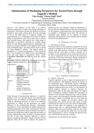 IJSRD - International Journal for Scientific Research & Development| Vol. 2, Issue 07, 2014 | ISSN (online): 2321-0613
All rights reserved by www.ijsrd.com 198
Optimization of Machining Parameters for Turned Parts through
Taguchi’s Method
Vijay Kumar1
Charan Singh2
Sunil3
1,2,3
M.Tech Student
1,2
Department of Mechanical Engineering
1,2
University Institute of Engineering & Technology, Kurukshetra, India 3
Guru Jambheshwar
University, Hisar, India
Abstract— The objective of the study is to achieve
minimum requirement of radial force during machining of
turned parts. This analysis presents the influence of process
parameters (nose radius, cutting speed, feed rate and depth
of cut) on the radial force as a response variable. For
experimentation, an L18 Orthogonal Array (OA) of Taguchi
design of experiment is used. EN-16 steel alloy is used as
work material because this material has a wide range of
applications in automotive industries etc. Carbide cutting
inserts are used during experimentations. Furthermore, the
analysis of variance (ANOVA) is also applied to find out the
most considerable factor. The entire analysis work is carried
out using Minitab-16 software. The optimal setting of
parameters is: 3rd
level of cutting speed, 1st
level of feed rate
and 1st
level of depth of cut. Depth of cut is most significant
factor and nose radius is insignificant factor. Finally
confirmation experiments are done to verify the optimal
results.
Key words: ANOVA, Minitab 16, Orthogonal Array (OA),
Taguchi's Method, Radial force, Turning Operation
Nomenclature:
r nose radius
v cutting speed
f feed rate (mm/rev.)
d depth of cut (mm)
SS sum of square
MS mean square
DF degree of freedom
F fisher ratio
ANOVA Analysis of variance
C.I. confidence interval
Ve variance of error term
Fe error DF
R number of repetitions
N number of experiments
I. INTRODUCTION
Today, the goal of manufacturing industries is to make the
products in low cost and high quality. But manufacturing
industries face the problem of unavailability of optimal
setting of machining parameter so; there is an enormous
requirement to setting up the parameters for higher
efficiency of the manufacturing industries. Performance
characteristics of the experiments are highly influenced by
machining parameters (nose radius, cutting speed, feed rate,
depth of cut) so optimization study of turning is necessary to
minimize the cutting force and for improving the quality of
products. Optimization study also helps to in improving the
tool life. In this study, Taguchi’s approach is used to
optimize machining parameters. Taguchi provides off line
approach which can be used to improve the quality of
product at a low cost. Taguchi’s design of experiment is a
fast and efficient method to find out the effect of parameters
on the responses. Experiments have been performed based
on standard L18 Orthogonal Array (OA). The selection of
orthogonal array depends on (1) selection of process
parameters and interactions to be estimated and (2) number
of levels of selected parameters.
II. THEORETICAL ANALYSIS
A. Mechanism of Cutting
Work piece which is to be machined is clamped in the chuck
and tool is clamped in the tool post. Tool is stationary and
spindle of the lathe machine is rotated. As the tool makes
contact with the work piece, it exerts a pressure on it,
resulting in the compression of the metal near the tool tip.
So, due to compression near the tool tip on the work piece,
machining of work piece take place. During, machining of
the bar various force acting on the bar as shown in fig. 2.
Fig. 2. Resolution of cutting forces
B. Taguchi’s Approach
Taguchi’s approach is used to obtain the optimum level of
control parameters. This approach provides the facility of
not performing many experiments because Orthogonal
Array (OA) has a limited set of well-balanced experiments.
Taguchi’s Signal-to-noise ratio (S/N), is a log functions of
desired response, perform as objective functions for
optimization, helps in data study and predict the optimal
result. According to Taguchi’s method, the total degree of
freedom of the selected orthogonal array must be greater
than or equal to the total degree of freedom required for the
experiment. Taguchi recommends the use of raw data and
loss function to measure the deviation between the
experimental value and the desired value which is further
transformed into signal-to-noise ratio (S/N). Fundamentally,
there are three types of categories in the evaluation of
signal-to-noise ratio i.e. nominal-the-better (NB), higher-
the-better (HB) and lower-the-better (LB).The aim of this
investigation is to minimize the radial force. So lower-the-
better characteristics is used to calculate the signal-to-noise
ratio. The S/N ratio for this type of quality
Characteristic are calculated by this equation:
 