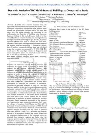 IJSRD - International Journal for Scientific Research & Development| Vol. 2, Issue 07, 2014 | ISSN (online): 2321-0613
All rights reserved by www.ijsrd.com 501
Dynamic Analysis of RC Multi-Storeyed Building- A Comparative Study
M. Lakshmi1
B. Divya2
A. Angeline Getrude Nancy3
A. Venkatesan4
G. Murali5
K. Karthikeyan6
1,2,3
B.E. Student 4,5,6
Assistant Professor
1,2
Department of Civil Engineering
1,2,3,4,5
Panimalar Engineering College 6
VIT University
Abstract— In India with a seismic moderate zone, the
equivalent static force method to estimate the seismic force,
subsequent vulnerability and behavior of RC building under
seismic load is inadequate. The main goal of this paper is to
show how the modal analysis can contribute to the
understanding the behavior of building using Response
Spectrum Method. In this study, Dynamic Analysis of four
storied Reinforced Concrete building was investigated using
Staad pro and Etabs software packages. For this, Response
Spectrum Method was used to evaluate the base shear,
frequency, modal mass participation and the mode shapes of
the building have been plotted for 15 frequencies. Seismic
Zone 3 has been considered and base shear was calculated
as per the procedure recommended by IS 1893-2002. The
results shows that only slight variation in frequencies and
modal participation factors was observed as each software
has its own way of considering the mass.
Key words: Dynamic Analysis, mode shape, frequency,
mass participation.
I. INTRODUCTION
Response of reinforced concrete framed structures will
experience to seismic action is dynamic in nature that
depends on the duration, magnitude, intensity, and
frequency content of the exciting ground motion. It is
important to estimate and stipulate these lateral forces on the
structure in order to design the structure to resist an
earthquake. The building codes often suggested equivalent
static load analysis for design of buildings in seismic zones
due to its simplicity. However dynamic analysis becomes
even more complicated, questionable and accurate when
nonlinearity in materials and geometry is considered.
Therefore, the analytical tools such as Staad Pro, Etabs, and
Sap were used for further development and enhancement in
earthquake engineering with significant advances achieved
in recent years. Haroon and Umesh (2012) seismic analysis
was carried out on reinforced concrete (RC) frame building
with different model such as bare frame, infilled frame and
open first storey frame. Results showed that the infilled
frames must be preferred in seismic regions than the open
first storey frame, because the storey drift of first storey is
very large than the upper storeys, this may most likely cause
the collapse of structure. Mohit Sharma and Maru (2014)
performed the static and dynamic analysis of RCC framed
structure in zone II and III and the results obtained from the
dynamic analysis are higher than the values as obtained
from static analysis. Amin (2014) performed the pushover
analysis of an asymmetric building and results showed that
the maximum displacements of the buildings which are
obtained from pushover analysis are higher than the
response spectrum analysis. Sunayana Varma et al (2014)
studied the seismic response of reinforced concrete framed
structures in different seismic zone and comparisons were
between the Staad pro and Etabs results.
II. ANALYSIS DATA FOR THIS INVESTIGATION
Following data is used in the analysis of the RC frame
building models
Type of frame : RC Frame
Seismic zone : III
Number of storey : Four
Floor height : Each 3.3m
Depth of Slab : 165mm
Size of beam in longitudinal direction :300 x 450mm
Size of beam in Transverse direction : 300 x 450mm
Size of column : 350 x 350 mm
Spacing between frames : 4m
Live load on floor : 3 kN/m2
Materials : M25 concrete, Fe 415 steel and Brick infill
Thickness of external infill wall : 250 mm
Thickness of external infill wall : 150 mm
Density of concrete : 25kN/m2
Density of infill : 20kN/m2
Type of soil : Medium
Response spectrum : As per IS 1893(Part-1):2002
Damping of structure : 5 percent
Fig. 1: Plan and 3D view of the building
The four storied symmetrical building consisting of four
bays in each direction and height of building is 13.2m from
the ground level. The dimensions of the building as shown
in figure 1 and the rendered 3D view from the Staad pro and
Etabs model as shown in figure 2.
Fig. 2: Rendered 3Dimensional view from Staad Pro and
Etabs
 