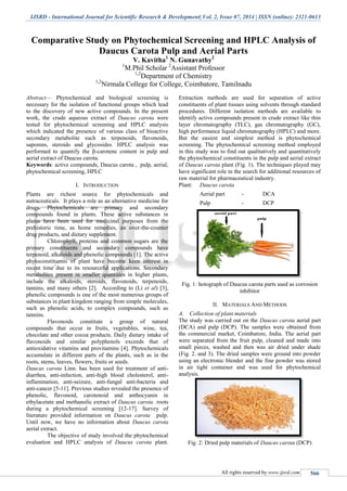 IJSRD - International Journal for Scientific Research & Development| Vol. 2, Issue 07, 2014 | ISSN (online): 2321-0613
All rights reserved by www.ijsrd.com 566
Comparative Study on Phytochemical Screening and HPLC Analysis of
Daucus Carota Pulp and Aerial Parts
V. Kavitha1
N. Gunavathy2
1
M.Phil Scholar 2
Assistant Professor
1,2
Department of Chemistry
1,2
Nirmala College for College, Coimbatore, Tamilnadu
Abstract— Phytochemical and biological screening is
necessary for the isolation of functional groups which lead
to the discovery of new active compounds. In the present
work, the crude aqueous extract of Daucus carota were
tested for phytochemical screening and HPLC analysis
which indicated the presence of various class of bioactive
secondary metabolite such as terpenoids, flavonoids,
saponins, steroids and glycosides. HPLC analysis was
performed to quantify the β-carotene content in pulp and
aerial extract of Daucus carota.
Keywords: active compounds, Daucus carota , pulp, aerial,
phytochemical screening, HPLC
I. INTRODUCTION
Plants are richest source for phytochemicals and
nutraceuticals. It plays a role as an alternative medicine for
drugs. Phytochemicals are primary and secondary
compounds found in plants. These active substances in
plants have been used for medicinal purposes from the
prehistoric time, as home remedies, an over-the-counter
drug products, and dietary supplement.
Chlorophyll, proteins and common sugars are the
primary constituents and secondary compounds have
terpenoid, alkaloids and phenolic compounds [1]. The active
phytoconstituents of plant have become keen interest in
recent time due to its resourceful applications. Secondary
metabolites present in smaller quantities in higher plants,
include the alkaloids, steroids, flavonoids, terpenoids,
tannins, and many others [2]. According to (Li et al) [3],
phenolic compounds is one of the most numerous groups of
substances in plant kingdom ranging from simple molecules,
such as phenolic acids, to complex compounds, such as
tannins.
Flavonoids constitute a group of natural
compounds that occur in fruits, vegetables, wine, tea,
chocolate and other cocoa products. Daily dietary intake of
flavonoids and similar polyphenols exceeds that of
antioxidative vitamins and provitamins [4]. Phytochemicals
accumulate in different parts of the plants, such as in the
roots, stems, leaves, flowers, fruits or seeds.
Daucus carota Linn. has been used for treatment of anti-
diarrhea, anti-infection, anti-high blood cholesterol, anti-
inflammation, anti-seizure, anti-fungal anti-bacteria and
anti-cancer [5-11]. Previous studies revealed the presence of
phenolic, flavonoid, carotenoid and anthocyanin in
ethylacetate and methanolic extract of Daucus carota roots
during a phytochemical screening [12-17]. Survey of
literature provided information on Daucus carota pulp.
Until now, we have no information about Daucus carota
aerial extract.
The objective of study involved the phytochemical
evaluation and HPLC analysis of Daucus carota plant.
Extraction methods are used for separation of active
constituents of plant tissues using solvents through standard
procedures. Different isolation methods are available to
identify active compounds present in crude extract like thin
layer chromatography (TLC), gas chromatography (GC),
high performance liquid chromatography (HPLC) and more.
But the easiest and simplest method is phytochemical
screening. The phytochemical screening method employed
in this study was to find out qualitatively and quantitatively
the phytochemical constituents in the pulp and aerial extract
of Daucus carota plant (Fig. 1). The techniques played may
have significant role in the search for additional resources of
raw material for pharmaceutical industry.
Plant: Daucus carota
Aerial part - DCA
Pulp - DCP
Fig. 1: hotograph of Daucus carota parts used as corrosion
inhibitor
II. MATERIALS AND METHODS
A. Collection of plant materials
The study was carried out on the Daucus carota aerial part
(DCA) and pulp (DCP). The samples were obtained from
the commercial market, Coimbatore, India. The aerial part
were separated from the fruit pulp, cleaned and made into
small pieces, washed and then was air dried under shade
(Fig. 2. and 3). The dried samples were ground into powder
using an electronic blender and the fine powder was stored
in air tight container and was used for phytochemical
analysis.
Fig. 2: Dried pulp materials of Daucus carota (DCP)
 