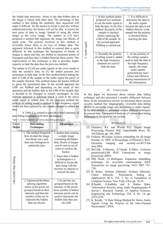 A Survey on Different Data Hiding Techniques in Encrypted Images
(IJSRD/Vol. 2/Issue 08/2014/033)
All rights reserved by www.ijsrd.com 136
the linked data structures where in the data hidden data in
the image is linked with other data. The advantage of this
method is that hiding the randomly then sequential will
make it difficult for the hacker to locate it and also without
authentication key the hacker will not be able to access the
next piece of data in image. Instead of using the whole
image as the cover image. The authors in [13] have
proposed a method that segments the image into blocks of
equal sizes. The process involved in this method is
reversible hence there is no loss of hidden data. The
approach followed in this method to conceal data is quite
different. In this technique the histograms of blocks of
images is taken and they are shifted to minimum points of
histogram and then data is hidden between these points. The
improvement of this technique is that it provides higher
capacity to hide the data than the previous method.
The author in [5] [6] use audio signals as the cover media to
hide the sensitive data. In [5] the author presents two
techniques to hide data. In the first method before hiding the
data in LSB of the sample of the audio signal the parity of
the sample checked. This method makes the hacker difficult
to guess the transmitted data. In the second approach the
LSB’ are XORed and depending on the result of this
operation and the hidden data in the LSB of the sample data
is decided to be changed or remain unchanged .In [6]a
separate approach is followed which is used in the stereo
audio signal to embed data. In the proposed method the
polarity of rolling sound is applied to high frequency signal
which are then replaced by one middle channel to embed the
data.
A Table I is created to provide a brief summary of
data hiding techniques with their advantages:
Table 1: A brief summary on various data hiding techniques:
Cover
Media
Data hiding
Techniques
Advantages
1.ReversibleDataHiding
1. The method Proposed
here divided the image
into block size s and
then uses histogram to
embed the data.
1. Rather than sending
a single image
containing all hidden
data, blocks of images
can be sent in out of
order to confuse the
hacker.
2. Since data is hidden
in histogram it is
difficult to locate the
data along with the
increase in capacity to
conceal the data.
2. Optimized Bit Plane
splicing algorithm
where in the pixels are
grouped based on their
intensity and then the
number of bits are to
represent the hidden
data are chosen.
1.As the bits are
grouped based on the
intensity of the pixels,
more number of darker
intensity pixels can be
used to represents the
hidden data than just
the LSB
2.Audiosignal
1. In this method author
proposed two methods
to use the audio signal to
hide the data. In the first
method, the parity of the
sample is checked
before replacing the
LSB of the sample. In
the second approach
XORing is carried out.
1. It is difficult to
determine the data in
the audio signals
because the data is not
hidden directly in the
sample but the polarity
is checked before
inserting the data.
2. Secondly the polarity
of rolling sound is added
to the high frequency
channels are used to
hide the data.
1. As the polarity of
the rolling sound is
used to hide the data in
the high frequency
signals, the stego
audio signals
generated are more
robust and effective
during transmission of
the information.
IV. CONCLUSION
In this paper we discussed about various data hiding
technique and also presented a notable difference between
them. In the introduction section we discussed about various
security method like Stegnography, reversible data hiding
(RDH) in encrypted image and data hiding in audio signals.
In the next section we presented various different techniques
to conceal data. Comparative analysis of various data hiding
techniques is discussed in last section.
REFERENCES
[1] Gonzalez, R.C and Woods R.E, Digital Image
Processing, Prentice Hall, UpperSaddle River, NJ,
3rd Edition, pp. 385, 2002.
[2] Fridrich, M.Goljan, lossless embedding for all image
formats, in: SPIE of Proceedings of Photonics West,
Elrctronic imaging and security.vol.4675.San
Jose.2002.
[3] M.Celik, G.Sharma, A.Tekalp, E.Saber, Losslesss
generalized-LSB IEEE Transaction on image
processing (2005).
[4] DM Thodi, J.J Rodriguez, Expansion embedding
techniques for reversible watermarking, IEEE
Transaction on image processing 16(3) 2007 721-
730.
[5] B. Kekre, Archana Athawale, Archana Athawale,
Uttara Athawale, “Information Hiding in
Applications IJCA, Vol. 7, No. 9, Foundation of
Computer Science, New York, USA, pp. 14-19.
[6] B.Santhi, G.Radhika and S. Ruthra Reka,
“Information Security using Audio Steganography-A
Survey”, Research Journal of Applied Sciences,
Engineering and Technology, Vol. 4, No. 14, pp.
2255-2258.
[7] K. Kondo, “A Data Hiding Method for Stereo Audio
Signals Using the Polarity of the Inter-Channel
Decorrelator”, IEEE
 