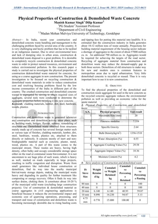 IJSRD - International Journal for Scientific Research & Development| Vol. 2, Issue 08, 2014 | ISSN (online): 2321-0613
All rights reserved by www.ijsrd.com 122
Physical Properties of Construction & Demolished Waste Concrete
Manish Kumar Singh1
Dilip Kumar2
1
PG Student 2
Assistant Professor
1,2
Department of Civil Engineering
1,2
Madan Mohan Malviya University of Technology, Gorakhpur
Abstract— In India, recent year construction and
demolished concrete waste handling and management is the
challenging problem faced by several area of the country. It
is very challenging and hectic problem that has to be tackled
in an indigenous manner, Due to strict environmental laws
and lack of dumping sites in urban areas, construction &
demolished waste disposal is a great problem. It is desirable
to completely recycle construction & demolished concrete
waste in order to protect natural resources, environment and
reduce environmental pollution. In this research paper a
study is carried out to investigate the physical properties of
construction &demolished waste material for concrete, for
using as a coarse aggregate in new construction. The present
investigation to be focused on recycling construction &
demolished waste materials in order to reduce construction
cost and resolving housing problems faced by the low
income communities of the India in different part of the
country. The crushed construction and demolished concrete
wastes is segregated by sieving to obtain required sizes of
aggregate, several tests were conducted to determine the
aggregate properties before recycling it into new concrete.
Keywords: cladding materials, lumber, dirt, steel, hardware,
woods, plastics
I. INTRODUCTION
Construction and demolition waste is generated whenever
any construction and demolition activity takes place, such
as, building roads, bridges, flyover, subway, remodeling of
structures etc. Demolished waste obtained from structures
mainly made up of concrete has several foreign matter such
as various type of finishes, cladding materials, lumber, dirt,
steel, hardware, woods, plastics etc, attached to them
directly or indirectly. It consists mostly of inert and non-
biodegradable material such as concrete, plaster, metal,
wood, plastics etc. A part of this waste comes to the
municipal stream. These wastes are heavy, having high
density, often bulky and occupy considerable storage space
either on the road or communal waste bin/container. It is not
uncommon to see huge piles of such waste, which is heavy
as well, stacked on roads especially in large projects,
resulting in traffic congestion and disruption. Waste from
small generators like individual house construction or
demolition, find its way into the nearby municipal
bin/vat/waste storage depots, making the municipal waste
heavy and degrading its quality for further treatment like
composting or energy recovery. Often it finds its way into
surface drains, choking them. It constitutes about 10-20 %
of the municipal solid waste (excluding large construction
projects). Use of construction & demolished material as
coarse aggregates in civil engineering applications is
beneficial because it reduces the environmental impact and
economic cost of quarrying operations, processing, and
transport and reuse of construction and demolition waste is
becoming increasingly desirable due to rising hauling costs
and tipping fees for putting this material into landfills. It is
estimated that the construction industry in India generates
about 10-12 million tons of waste annually. Projections for
building material requirement of the housing sector indicate
a shortage of aggregates to the extent of about 57000 million
cu. m. An additional 790 million cu. m. Aggregates would
be required for achieving the targets of the road sector.
Recycling of aggregate material from construction and
demolition waste may reduce the demand-supply gap in
both these sectors. Demolition of old structures to make way
for new and modern ones is common features in
metropolitan areas due to rapid urbanization. Very little
demolished concrete is recycled or reused. Thus it is very
important how to use it in new construction.
II. OBJECTIVE
To find the physical properties of the demolished and
construction waste aggregate for used in the new concrete as
the recycled concrete aggregate reduces the environmental
pollution as well as providing an economic value for the
waste material
A. Physical Properties of Construction and demolished
waste
S.N. Physical property Test result
1. Maximum Size (mm) 20
2. Fineness modulus 7.358
3. Specific Gravity 2.64
4. Bulk Density(kg/m3
) 1356-1510
5. Water Absorption (%) 0.55
6. Aggregate Crushing Value (%) 29.58
7. Aggregate Impact Value (%) 18.36
8. Moisture Content (%) 4.2
B. Sieve analysis of Construction and demolished waste
IS
Sieve
Size
Weight
Retaine
d kg
Cumulati
ve Weight
Retained
kg
Cumulati
ve
Percentag
e
Retained
Cumulati
ve
Percentag
e Passing
80 mm 0 0 0 100
40 mm 0 0 0 100
20 mm 6.140 6.140 40.93 59.07
10 mm 8.090 14.230 94.87 5.13
4.75
mm
0.770 15.000 100.00 0
 