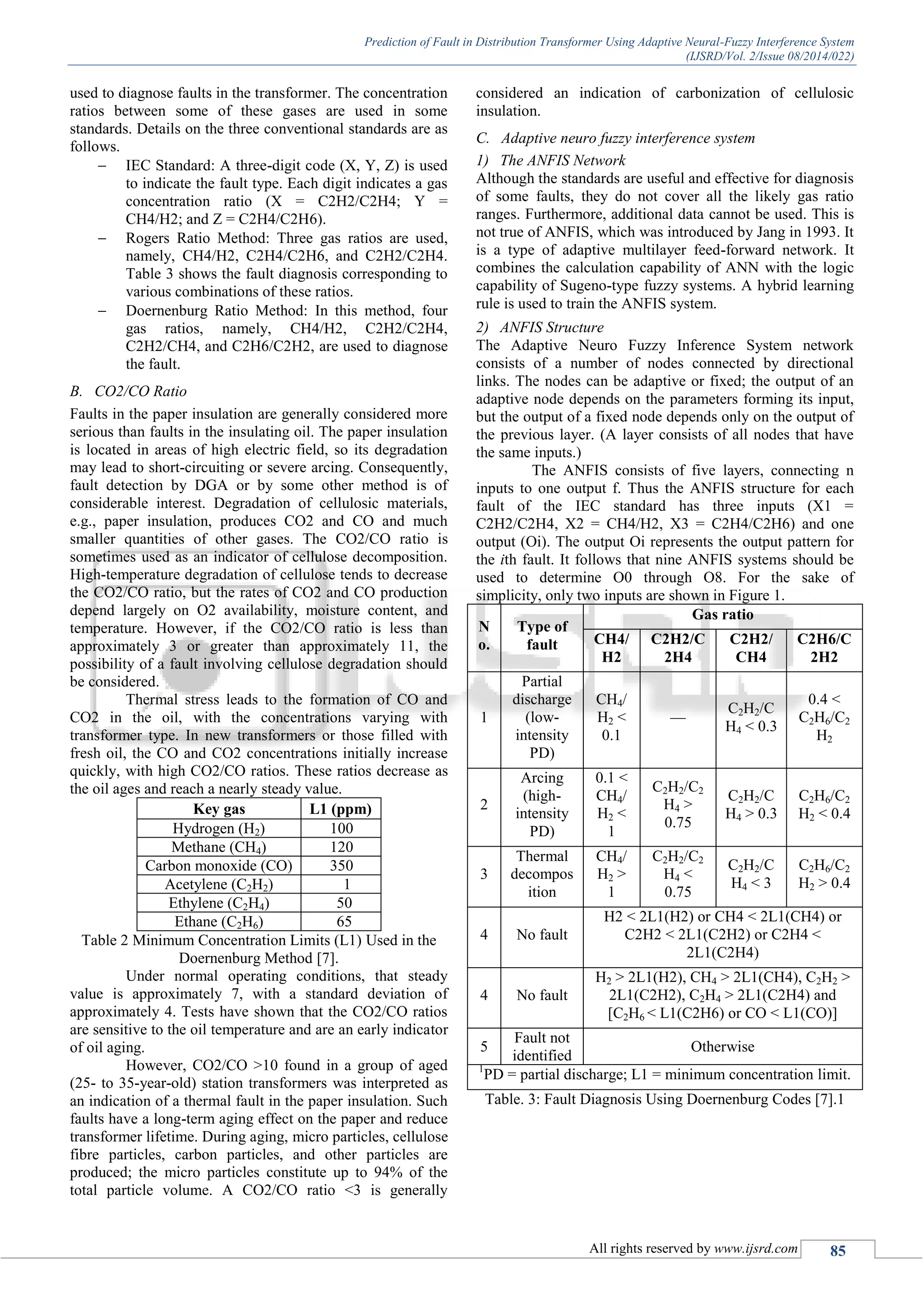 Prediction of Fault in Distribution Transformer Using Adaptive Neural-Fuzzy Interference System (IJSRD/Vol. 2/Issue 08/2014/022) All rights reserved by www.ijsrd.com 85 used to diagnose faults in the transformer. The concentration ratios between some of these gases are used in some standards. Details on the three conventional standards are as follows.  IEC Standard: A three-digit code (X, Y, Z) is used to indicate the fault type. Each digit indicates a gas concentration ratio (X = C2H2/C2H4; Y = CH4/H2; and Z = C2H4/C2H6).  Rogers Ratio Method: Three gas ratios are used, namely, CH4/H2, C2H4/C2H6, and C2H2/C2H4. Table 3 shows the fault diagnosis corresponding to various combinations of these ratios.  Doernenburg Ratio Method: In this method, four gas ratios, namely, CH4/H2, C2H2/C2H4, C2H2/CH4, and C2H6/C2H2, are used to diagnose the fault. B. CO2/CO Ratio Faults in the paper insulation are generally considered more serious than faults in the insulating oil. The paper insulation is located in areas of high electric field, so its degradation may lead to short-circuiting or severe arcing. Consequently, fault detection by DGA or by some other method is of considerable interest. Degradation of cellulosic materials, e.g., paper insulation, produces CO2 and CO and much smaller quantities of other gases. The CO2/CO ratio is sometimes used as an indicator of cellulose decomposition. High-temperature degradation of cellulose tends to decrease the CO2/CO ratio, but the rates of CO2 and CO production depend largely on O2 availability, moisture content, and temperature. However, if the CO2/CO ratio is less than approximately 3 or greater than approximately 11, the possibility of a fault involving cellulose degradation should be considered. Thermal stress leads to the formation of CO and CO2 in the oil, with the concentrations varying with transformer type. In new transformers or those filled with fresh oil, the CO and CO2 concentrations initially increase quickly, with high CO2/CO ratios. These ratios decrease as the oil ages and reach a nearly steady value. Key gas L1 (ppm) Hydrogen (H2) 100 Methane (CH4) 120 Carbon monoxide (CO) 350 Acetylene (C2H2) 1 Ethylene (C2H4) 50 Ethane (C2H6) 65 Table 2 Minimum Concentration Limits (L1) Used in the Doernenburg Method [7]. Under normal operating conditions, that steady value is approximately 7, with a standard deviation of approximately 4. Tests have shown that the CO2/CO ratios are sensitive to the oil temperature and are an early indicator of oil aging. However, CO2/CO >10 found in a group of aged (25- to 35-year-old) station transformers was interpreted as an indication of a thermal fault in the paper insulation. Such faults have a long-term aging effect on the paper and reduce transformer lifetime. During aging, micro particles, cellulose fibre particles, carbon particles, and other particles are produced; the micro particles constitute up to 94% of the total particle volume. A CO2/CO ratio <3 is generally considered an indication of carbonization of cellulosic insulation. C. Adaptive neuro fuzzy interference system 1) The ANFIS Network Although the standards are useful and effective for diagnosis of some faults, they do not cover all the likely gas ratio ranges. Furthermore, additional data cannot be used. This is not true of ANFIS, which was introduced by Jang in 1993. It is a type of adaptive multilayer feed-forward network. It combines the calculation capability of ANN with the logic capability of Sugeno-type fuzzy systems. A hybrid learning rule is used to train the ANFIS system. 2) ANFIS Structure The Adaptive Neuro Fuzzy Inference System network consists of a number of nodes connected by directional links. The nodes can be adaptive or fixed; the output of an adaptive node depends on the parameters forming its input, but the output of a fixed node depends only on the output of the previous layer. (A layer consists of all nodes that have the same inputs.) The ANFIS consists of five layers, connecting n inputs to one output f. Thus the ANFIS structure for each fault of the IEC standard has three inputs (X1 = C2H2/C2H4, X2 = CH4/H2, X3 = C2H4/C2H6) and one output (Oi). The output Oi represents the output pattern for the ith fault. It follows that nine ANFIS systems should be used to determine O0 through O8. For the sake of simplicity, only two inputs are shown in Figure 1. N o. Type of fault Gas ratio CH4/ H2 C2H2/C 2H4 C2H2/ CH4 C2H6/C 2H2 1 Partial discharge (low- intensity PD) CH4/ H2 < 0.1 — C2H2/C H4 < 0.3 0.4 < C2H6/C2 H2 2 Arcing (high- intensity PD) 0.1 < CH4/ H2 < 1 C2H2/C2 H4 > 0.75 C2H2/C H4 > 0.3 C2H6/C2 H2 < 0.4 3 Thermal decompos ition CH4/ H2 > 1 C2H2/C2 H4 < 0.75 C2H2/C H4 < 3 C2H6/C2 H2 > 0.4 4 No fault H2 < 2L1(H2) or CH4 < 2L1(CH4) or C2H2 < 2L1(C2H2) or C2H4 < 2L1(C2H4) 4 No fault H2 > 2L1(H2), CH4 > 2L1(CH4), C2H2 > 2L1(C2H2), C2H4 > 2L1(C2H4) and [C2H6 < L1(C2H6) or CO < L1(CO)] 5 Fault not identified Otherwise 1 PD = partial discharge; L1 = minimum concentration limit. Table. 3: Fault Diagnosis Using Doernenburg Codes [7].1 