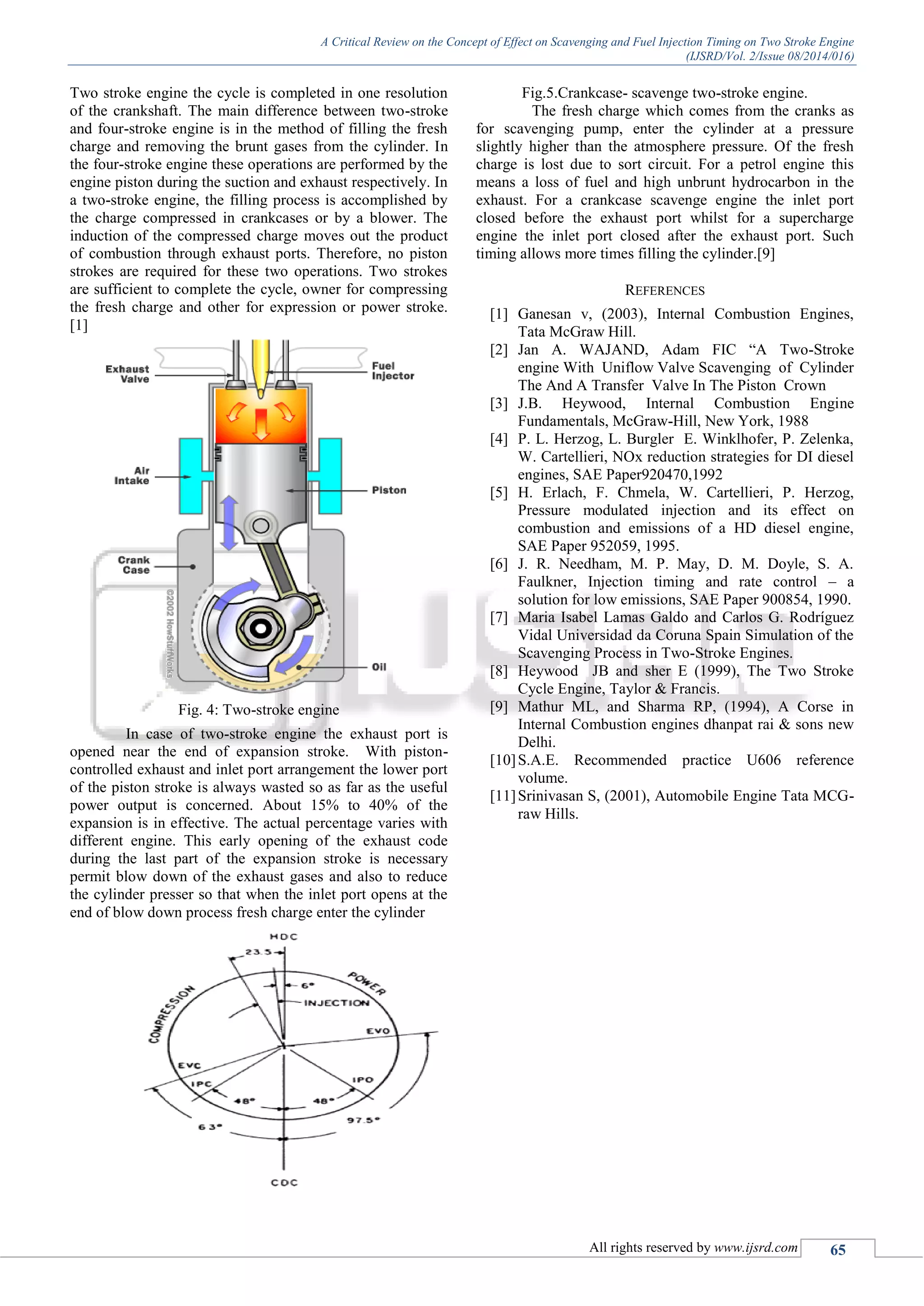 A Critical Review on the Concept of Effect on Scavenging and Fuel Injection Timing on Two Stroke Engine
(IJSRD/Vol. 2/Issue 08/2014/016)
All rights reserved by www.ijsrd.com 65
Two stroke engine the cycle is completed in one resolution
of the crankshaft. The main difference between two-stroke
and four-stroke engine is in the method of filling the fresh
charge and removing the brunt gases from the cylinder. In
the four-stroke engine these operations are performed by the
engine piston during the suction and exhaust respectively. In
a two-stroke engine, the filling process is accomplished by
the charge compressed in crankcases or by a blower. The
induction of the compressed charge moves out the product
of combustion through exhaust ports. Therefore, no piston
strokes are required for these two operations. Two strokes
are sufficient to complete the cycle, owner for compressing
the fresh charge and other for expression or power stroke.
[1]
Fig. 4: Two-stroke engine
In case of two-stroke engine the exhaust port is
opened near the end of expansion stroke. With piston-
controlled exhaust and inlet port arrangement the lower port
of the piston stroke is always wasted so as far as the useful
power output is concerned. About 15% to 40% of the
expansion is in effective. The actual percentage varies with
different engine. This early opening of the exhaust code
during the last part of the expansion stroke is necessary
permit blow down of the exhaust gases and also to reduce
the cylinder presser so that when the inlet port opens at the
end of blow down process fresh charge enter the cylinder
Fig.5.Crankcase- scavenge two-stroke engine.
The fresh charge which comes from the cranks as
for scavenging pump, enter the cylinder at a pressure
slightly higher than the atmosphere pressure. Of the fresh
charge is lost due to sort circuit. For a petrol engine this
means a loss of fuel and high unbrunt hydrocarbon in the
exhaust. For a crankcase scavenge engine the inlet port
closed before the exhaust port whilst for a supercharge
engine the inlet port closed after the exhaust port. Such
timing allows more times filling the cylinder.[9]
REFERENCES
[1] Ganesan v, (2003), Internal Combustion Engines,
Tata McGraw Hill.
[2] Jan A. WAJAND, Adam FIC “A Two-Stroke
engine With Uniflow Valve Scavenging of Cylinder
The And A Transfer Valve In The Piston Crown
[3] J.B. Heywood, Internal Combustion Engine
Fundamentals, McGraw-Hill, New York, 1988
[4] P. L. Herzog, L. Burgler E. Winklhofer, P. Zelenka,
W. Cartellieri, NOx reduction strategies for DI diesel
engines, SAE Paper920470,1992
[5] H. Erlach, F. Chmela, W. Cartellieri, P. Herzog,
Pressure modulated injection and its effect on
combustion and emissions of a HD diesel engine,
SAE Paper 952059, 1995.
[6] J. R. Needham, M. P. May, D. M. Doyle, S. A.
Faulkner, Injection timing and rate control – a
solution for low emissions, SAE Paper 900854, 1990.
[7] Maria Isabel Lamas Galdo and Carlos G. Rodríguez
Vidal Universidad da Coruna Spain Simulation of the
Scavenging Process in Two-Stroke Engines.
[8] Heywood JB and sher E (1999), The Two Stroke
Cycle Engine, Taylor & Francis.
[9] Mathur ML, and Sharma RP, (1994), A Corse in
Internal Combustion engines dhanpat rai & sons new
Delhi.
[10]S.A.E. Recommended practice U606 reference
volume.
[11]Srinivasan S, (2001), Automobile Engine Tata MCG-
raw Hills.
 
