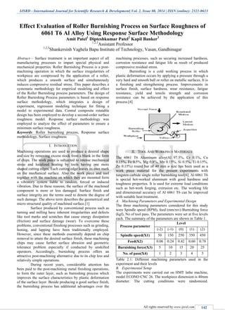 IJSRD - International Journal for Scientific Research & Development| Vol. 2, Issue 08, 2014 | ISSN (online): 2321-0613
All rights reserved by www.ijsrd.com 142
Effect Evaluation of Roller Burnishing Process on Surface Roughness of
6061 T6 Al Alloy Using Response Surface Methodology
Amit Patel1
Dipteshkumar Patel2
Kapil Banker3
1,2,3
Assistant Professor
1,2,3
Shankersinh Vaghela Bapu Institute of Technology, Vasan, Gandhinagar
Abstract— Surface treatment is an important aspect of all
manufacturing processes to impart special physical and
mechanical properties. Roller Burnishing Process is a post-
machining operation in which the surface irregularities of
workpiece are compressed by the application of a roller,
which produces a smooth surface and simultaneously
induces compressive residual stress. This paper describes a
systematic methodology for empirical modeling and effect
of the Roller Burnishing process parameters. The design of
Roller Burnishing Process parameters is based on response
surface methodology, which integrates a design of
experiment, regression modeling technique for fitting a
model to experimental data. Central composite rotatable
design has been employed to develop a second-order surface
roughness model. Response surface methodology was
employed to analyze the effect of parameters to ensure a
minimum surface roughness.
Keywords: Roller burnishing process, Response surface
methodology, Surface roughness
I. INTRODUCTION
Machining operations are used to produce a desired shape
and size by removing excess stock from a blank in the form
of chips. The work piece is subjected to intense mechanical
stress and localized heating by tools having one more
shaped cutting edges. Each cutting edge leaves its own mark
on the mechanical surface. Also the work piece and tool
together with the machine on which they are mounted form
a vibratory system liable to random, forced or induced
vibration. Due to these reasons, the surface of the machined
component is more or less damaged. Surface finish and
surface integrity are the terms used to denote the degree of
such damage. The above term describes the geometrical and
micro structural quality of machined surface.[1]
Surface produced by conventional process such as
turning and milling have inherent irregularities and defects
like tool marks and scratches that cause energy dissipation
(friction) and surface damage (wear). To overcome these
problems, conventional finishing processes such as grinding,
honing, and lapping have been traditionally employed.
However, since these methods essentially depend on chip
removal to attain the desired surface finish, these machining
chips may cause further surface abrasion and geometric
tolerance problem especially if conducted by unskilled
operators. Accordingly, burnishing process offers an
attractive post-machining alternative due to its chip less and
relatively simple operations.
During recent years, considerable attention has
been paid to the post-machining metal finishing operations,
to form the outer layer, such as burnishing process which
improves the surface characteristics by plastic deformation
of the surface layer. Beside producing a good surface finish,
the burnishing process has additional advantages over the
machining processes, such as securing increased hardness,
corrosion resistance and fatigue life as result of produced
compressive residual stress.
Burnishing is a cold working process in which
plastic deformation occurs by applying a pressure through a
very hard and smooth ball or roller on metallic surfaces. It is
a finishing and strengthening process. Improvements in
surface finish, surface hardness, wear resistance, fatigue
resistance, yield and tensile strength and corrosion
resistance can be achieved by the application of this
process.[4]
II. TOOL AND WORKPIECE MATERIALS
The 6061 T6 Aluminum alloy(Al 97.5%, Cr 0.1%, Cu
0.15%, Fe 0.5%, Mg 0.8%, Mn 0.15%, Si 0.5%, Ti 0.15%,
Zn 0.15%) round bar of 40 mm ø size has been used as a
work piece material for the present experiments with
tungsten carbide single roller burnishing tool[6]. Al 6061 T6
is special hot-worked aluminum with good hardness and
toughness properties. It is used for extreme load conditions
such as hot-work forging, extrusion etc. The working life
and dimensional accuracy of Al 6061 T6 can be improved
with suitable heat treatment.
A. Machining Parameters and Experimental Design
The three machining parameters considered for this study
were Spindle speed (RPM), feed (mm/rev) Burnishing force
(kgf), No of tool pass. The parameters were set at five levels
each. The summary of the parameters are shown in Table 1.
Process parameter
Level
(-2) (-1) (0) (1) (2)
Spindle speed(X1) 50 150 250 350 450
Feed(X2) 0.06 0.24 0.42 0.60 0.78
Burnishing force(X3) 5 10 15 20 25
No. of pass(X4) 1 2 3 4 5
Table 2.1: Different machining parameters used in the
experiment and their levels
B. Experimental Setup
The experiments were carried out on HMT lathe machine,
model ECONO CNC 26. The workpiece dimension is 40mm
diameter. The cutting conditions were randomized.
 