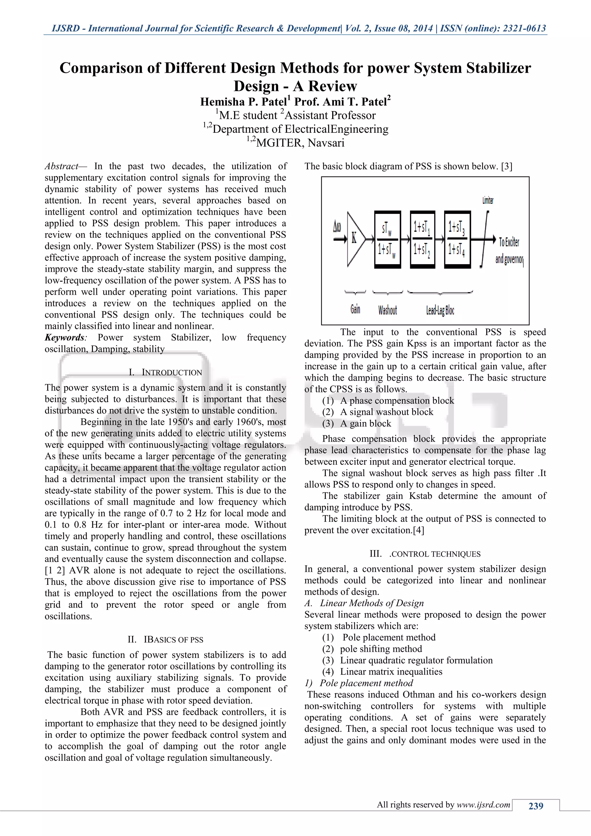 Comparison of Different Design Methods for Power System Stabilizer