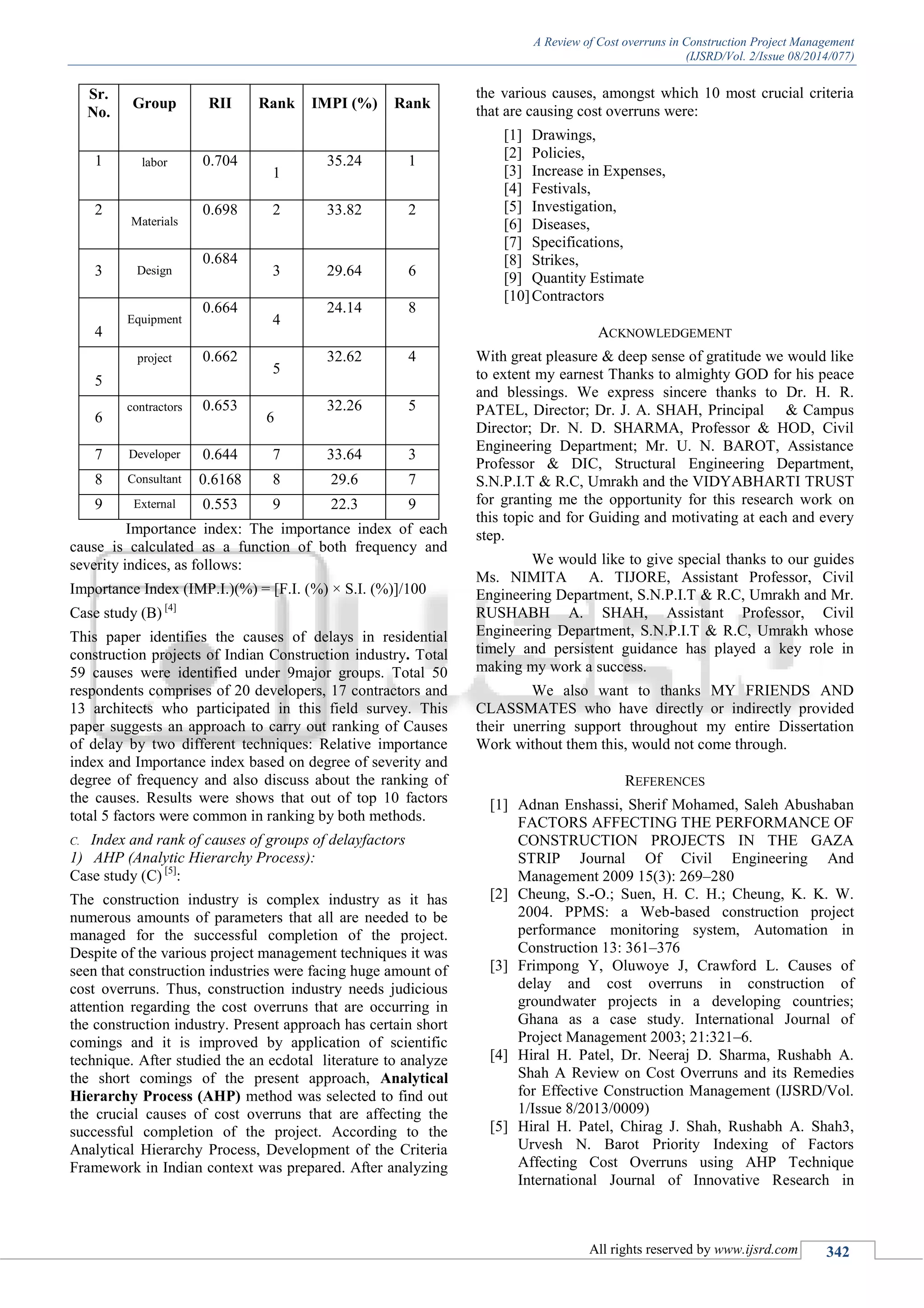 A Review of Cost overruns in Construction Project Management
(IJSRD/Vol. 2/Issue 08/2014/077)
All rights reserved by www.ijsrd.com 342
Sr.
No.
Group RII Rank IMPI (%) Rank
1 labor 0.704
1
35.24 1
2
Materials
0.698 2 33.82 2
3 Design
0.684
3 29.64 6
4
Equipment
0.664
4
24.14 8
5
project 0.662
5
32.62 4
6
contractors 0.653
6
32.26 5
7 Developer 0.644 7 33.64 3
8 Consultant 0.6168 8 29.6 7
9 External 0.553 9 22.3 9
Importance index: The importance index of each
cause is calculated as a function of both frequency and
severity indices, as follows:
Importance Index (IMP.I.)(%) = [F.I. (%) × S.I. (%)]/100
Case study (B) [4]
This paper identifies the causes of delays in residential
construction projects of Indian Construction industry. Total
59 causes were identified under 9major groups. Total 50
respondents comprises of 20 developers, 17 contractors and
13 architects who participated in this field survey. This
paper suggests an approach to carry out ranking of Causes
of delay by two different techniques: Relative importance
index and Importance index based on degree of severity and
degree of frequency and also discuss about the ranking of
the causes. Results were shows that out of top 10 factors
total 5 factors were common in ranking by both methods.
C. Index and rank of causes of groups of delayfactors
1) AHP (Analytic Hierarchy Process):
Case study (C) [5]
:
The construction industry is complex industry as it has
numerous amounts of parameters that all are needed to be
managed for the successful completion of the project.
Despite of the various project management techniques it was
seen that construction industries were facing huge amount of
cost overruns. Thus, construction industry needs judicious
attention regarding the cost overruns that are occurring in
the construction industry. Present approach has certain short
comings and it is improved by application of scientific
technique. After studied the an ecdotal literature to analyze
the short comings of the present approach, Analytical
Hierarchy Process (AHP) method was selected to find out
the crucial causes of cost overruns that are affecting the
successful completion of the project. According to the
Analytical Hierarchy Process, Development of the Criteria
Framework in Indian context was prepared. After analyzing
the various causes, amongst which 10 most crucial criteria
that are causing cost overruns were:
[1] Drawings,
[2] Policies,
[3] Increase in Expenses,
[4] Festivals,
[5] Investigation,
[6] Diseases,
[7] Specifications,
[8] Strikes,
[9] Quantity Estimate
[10]Contractors
ACKNOWLEDGEMENT
With great pleasure & deep sense of gratitude we would like
to extent my earnest Thanks to almighty GOD for his peace
and blessings. We express sincere thanks to Dr. H. R.
PATEL, Director; Dr. J. A. SHAH, Principal & Campus
Director; Dr. N. D. SHARMA, Professor & HOD, Civil
Engineering Department; Mr. U. N. BAROT, Assistance
Professor & DIC, Structural Engineering Department,
S.N.P.I.T & R.C, Umrakh and the VIDYABHARTI TRUST
for granting me the opportunity for this research work on
this topic and for Guiding and motivating at each and every
step.
We would like to give special thanks to our guides
Ms. NIMITA A. TIJORE, Assistant Professor, Civil
Engineering Department, S.N.P.I.T & R.C, Umrakh and Mr.
RUSHABH A. SHAH, Assistant Professor, Civil
Engineering Department, S.N.P.I.T & R.C, Umrakh whose
timely and persistent guidance has played a key role in
making my work a success.
We also want to thanks MY FRIENDS AND
CLASSMATES who have directly or indirectly provided
their unerring support throughout my entire Dissertation
Work without them this, would not come through.
REFERENCES
[1] Adnan Enshassi, Sherif Mohamed, Saleh Abushaban
FACTORS AFFECTING THE PERFORMANCE OF
CONSTRUCTION PROJECTS IN THE GAZA
STRIP Journal Of Civil Engineering And
Management 2009 15(3): 269–280
[2] Cheung, S.-O.; Suen, H. C. H.; Cheung, K. K. W.
2004. PPMS: a Web-based construction project
performance monitoring system, Automation in
Construction 13: 361–376
[3] Frimpong Y, Oluwoye J, Crawford L. Causes of
delay and cost overruns in construction of
groundwater projects in a developing countries;
Ghana as a case study. International Journal of
Project Management 2003; 21:321–6.
[4] Hiral H. Patel, Dr. Neeraj D. Sharma, Rushabh A.
Shah A Review on Cost Overruns and its Remedies
for Effective Construction Management (IJSRD/Vol.
1/Issue 8/2013/0009)
[5] Hiral H. Patel, Chirag J. Shah, Rushabh A. Shah3,
Urvesh N. Barot Priority Indexing of Factors
Affecting Cost Overruns using AHP Technique
International Journal of Innovative Research in
 