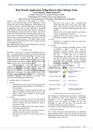 IJSRD - International Journal for Scientific Research & Development| Vol. 2, Issue 08, 2014 | ISSN (online): 2321-0613
All rights reserved by www.ijsrd.com 455
Real World Application of Big Data in Data Mining Tools
J Uma Mahesh1
Madan Mohan R2
1
Student of M.Tech 2
Assistant Professor (PhD)
1,2
Department of Computer Science & Engineering
1
Bharat Institute of Engineering & Technology 2
Ibrahimpatnam, Hyderabad
Abstract— The main aim of this paper is to make a
study on the notion Big data and its application in data
mining tools like R, Weka, Rapidminer, Knime,Mahout and
etc. We are awash in a flood of data today. In a broad range
of application areas, data is being collected at unmatched
scale. Decisions that previously were based on surmise, or
on painstakingly constructed models of reality, can now be
made based on the data itself. Such Big Data analysis now
drives nearly every aspect of our modern society, including
mobile services, retail, manufacturing, financial services, life
sciences, and physical sciences. The paper mainly focuses
different types of data mining tools and its usage in big data
in knowledge discovery.
Key words: Big data, Data Mining, Mining Tools, and Data
streams, Statistics, summarization
I. INTRODUCTION
Big data is ―Every day, we create 2.5 quintillion bytes of
data — so much that 90% of the data in the world today has
been created in the last two years alone. This data comes
from everywhere: sensors used to gather climate
information, posts to social media sites, digital pictures and
videos, purchase transaction records, and cell phone GPS
signals to name a few. This data is ―big data.‖
Massive volume of both structured and
unstructured data from various sources such as social data,
machine generated data, traditional enterprise which is so
large that it is difficult to process with traditional database
and software techniques. Big Data is data whose scale,
diversity, and complexity require new architecture,
techniques, algorithms, and analytics to manage it and
extract value and hidden knowledge from it.
A. Big Data Spans Five Dimensions:
1) Volume:
 Enterprises are awash with ever-growing data of all
types, easily amassing terabytes—even petabytes—
of information.
 Turn 12 terabytes of Tweets created each day into
improved product sentiment analysis Convert 350
billion annual meter readings to better predict
power consumption.
2) Velocity:
 Sometimes 2 minutes is too late. For time-sensitive
processes such as catching fraud, big data must be
used as it streams into your enterprise in order to
maximize its value.
 Scrutinize 5 million trade events created each day
to identify potential fraud.
 Analyze 500 million daily call detail records in
real-time to predict customer churn faster.
 The latest I have heard is 10 nano seconds delay is
too much.
3) Variety:
 Big data is any type of data - structured and
unstructured data such as text, sensor data, audio,
video, click streams, log files and more. New
insights are found when analyzing these data types
together.
 Monitor 100’s of live video feeds from surveillance
cameras to target points of interest.
 Exploit the 80% data growth in images, video and
documents to improve customer.
4) Value:
 Importance of Analysis, which was previously
limited by technology.
5) Visibility:
 Access from disparate geographic location. There
are different types of data such as
relational, structural, textual, semi structured,
graph data, streaming data etc can be included in
big data. These data can be used for
summarization and Statistics in Data warehouse
and OLAP, Indexing, Searching, and Querying,
Keyword based searching, Pattern matching
(XML/RDF), Knowledge discovery in Data Mining
and Statistical Modeling.
 BIG DATA is not just HADOOP
II. CHALLENGES AND USE CASES OF BIG DATA
The challenges in handling big data includes in technology.
The technology needs new architecture, algorithms,
techniques for its implementation. It also requires
technical skills .So experts are needed for this new
technology to deal with big data. The correction and
correlation of data makes more complexity.
The Major Use cases of Big Data in the real world data:
A. Big Data Exploration:
For a variety of reasons, data exploration is an important
path to gaining business value from all kinds of data, from
traditional enterprise data sources to big data and streaming
machine data to take a decision.
 