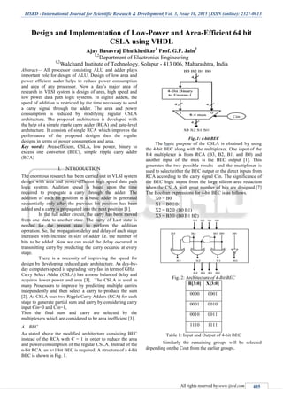 IJSRD - International Journal for Scientific Research & Development| Vol. 3, Issue 10, 2015 | ISSN (online): 2321-0613
All rights reserved by www.ijsrd.com 405
Design and Implementation of Low-Power and Area-Efficient 64 bit
CSLA using VHDL
Ajay Basavraj Dhulkhedkar1
Prof. G.P. Jain2
1,2
Department of Electronics Engineering
1,2
Walchand Institute of Technology, Solapur - 413 006, Maharashtra, India
Abstract— All processor consisting ALU and adder plays
important role for design of ALU. Design of low area and
power efficient adder helps to reduce power consumption
and area of any processor. Now a day’s major area of
research in VLSI system is design of area, high speed and
low power data path logic systems. In digital adders, the
speed of addition is restricted by the time necessary to send
a carry signal through the adder. The area and power
consumption is reduced by modifying regular CSLA
architecture. The proposed architecture is developed with
the help of a simple ripple carry adder (RCA) and gate-level
architecture. It consists of single RCA which improves the
performance of the proposed designs then the regular
designs in terms of power consumption and area.
Key words: Area-efficient, CSLA, low power, binary to
excess one convertor (BEC), simple ripple carry adder
(RCA)
I. INTRODUCTION
The enormous research has been carried out in VLSI system
design with area and power-efficient high speed data path
logic system. Addition speed is based upon the time
required to propagate a carry through the adder. The
addition of each bit position in a basic adder is generated
sequentially only after the previous bit position has been
added and a carry is propagated into the next position [1].
In the full adder circuit, the carry has been moved
from one state to another state. The carry of Last state is
needed for the present state to perform the addition
operation. So, the propagation delay and delay of each stage
increases with increase in size of adder i.e. the number of
bits to be added. Now we can avoid the delay occurred in
transmitting carry by predicting the carry occured at every
stage.
There is a necessity of improving the speed for
design by developing reduced gate architecture. As day-by-
day computers speed is upgrading very fast in term of GHz.
Carry Select Adder (CSLA) has a more balanced delay and
acquires lower power and area [3]. The CSLA is used in
many Processors to improve by predicting multiple carries
independently and then select a carry to produce the sum
[2]. As CSLA uses two Ripple Carry Adders (RCA) for each
stage to generate partial sum and carry by considering carry
input Cin=0 and Cin=1,
Then the final sum and carry are selected by the
multiplexers which are considered to be area inefficient [3].
A. BEC
As stated above the modified architecture consisting BEC
instead of the RCA with C = 1 in order to reduce the area
and power consumption of the regular CSLA. Instead of the
n-bit RCA, an n+1 bit BEC is required. A structure of a 4-bit
BEC is shown in Fig. 1.
Fig .1: 4-bit BEC
The basic purpose of the CSLA is obtained by using
the 4-bit BEC along with the multiplexer. One input of the
8:4 multiplexer is from RCA (B3, B2, B1, and B0) and
another input of the mux is the BEC output [1]. This
generates the two possible results and the multiplexer is
used to select either the BEC output or the direct inputs from
RCA according to the carry signal Cin. The significance of
the BEC logic stems from the large silicon area reduction
when the CSLA with great number of bits are designed.[7]
The Boolean expressions for 4-bit BEC is as follows.
X0 = B0
X1 = B0B1
X2 = B2 (B0 B1)
X3 = B3 (B0 B1 B2)
Fig. 2: Architecture of 4-Bit BEC
B[3:0] X[3:0]
0000 0001
0001 0010
0010 0011
1110 1111
Table 1: Input and Output of 4-bit BEC
Similarly the remaining groups will be selected
depending on the Cout from the earlier groups.
 