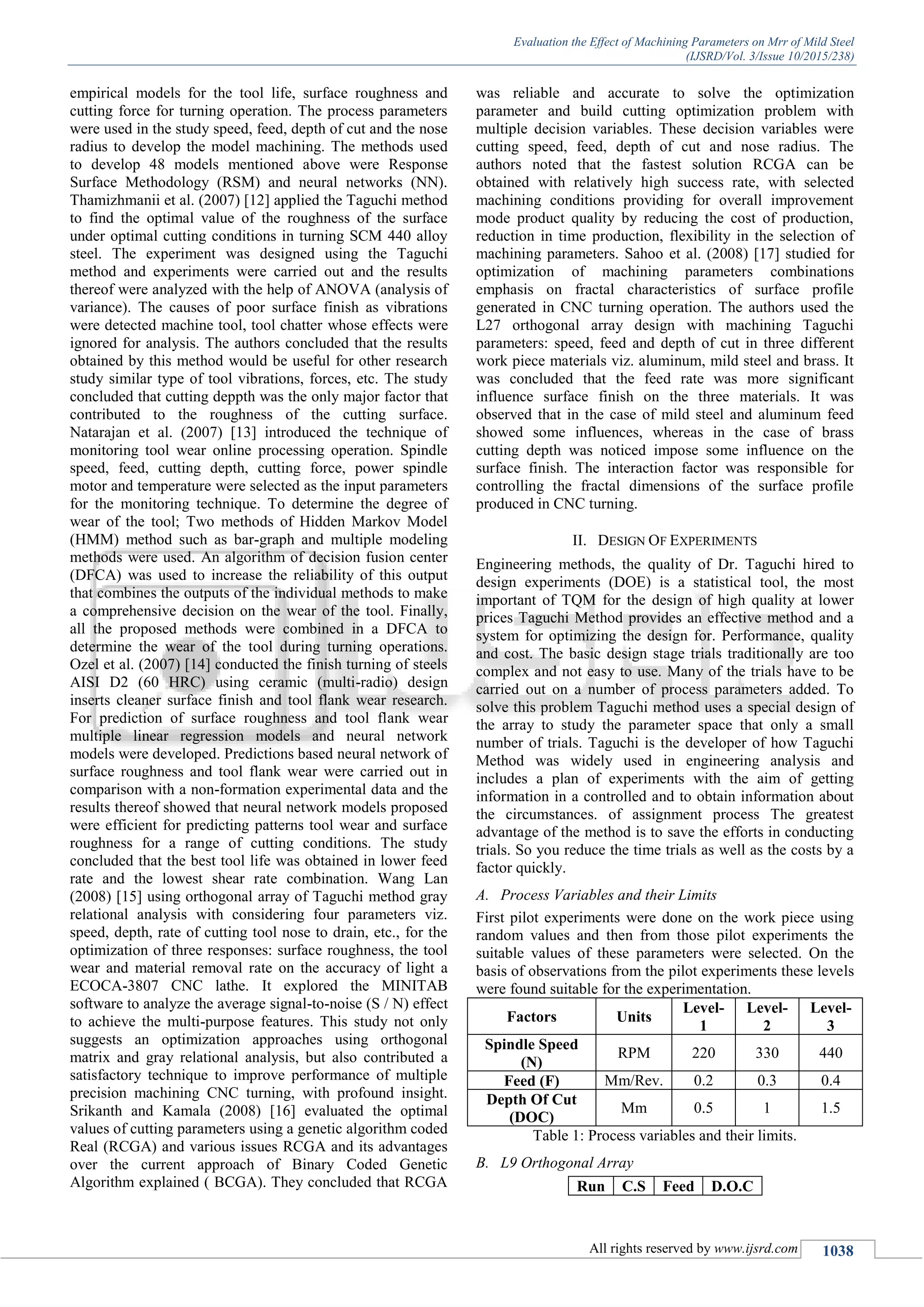 Evaluation the Effect of Machining Parameters on Mrr of Mild Steel
(IJSRD/Vol. 3/Issue 10/2015/238)
All rights reserved by www.ijsrd.com 1038
empirical models for the tool life, surface roughness and
cutting force for turning operation. The process parameters
were used in the study speed, feed, depth of cut and the nose
radius to develop the model machining. The methods used
to develop 48 models mentioned above were Response
Surface Methodology (RSM) and neural networks (NN).
Thamizhmanii et al. (2007) [12] applied the Taguchi method
to find the optimal value of the roughness of the surface
under optimal cutting conditions in turning SCM 440 alloy
steel. The experiment was designed using the Taguchi
method and experiments were carried out and the results
thereof were analyzed with the help of ANOVA (analysis of
variance). The causes of poor surface finish as vibrations
were detected machine tool, tool chatter whose effects were
ignored for analysis. The authors concluded that the results
obtained by this method would be useful for other research
study similar type of tool vibrations, forces, etc. The study
concluded that cutting deppth was the only major factor that
contributed to the roughness of the cutting surface.
Natarajan et al. (2007) [13] introduced the technique of
monitoring tool wear online processing operation. Spindle
speed, feed, cutting depth, cutting force, power spindle
motor and temperature were selected as the input parameters
for the monitoring technique. To determine the degree of
wear of the tool; Two methods of Hidden Markov Model
(HMM) method such as bar-graph and multiple modeling
methods were used. An algorithm of decision fusion center
(DFCA) was used to increase the reliability of this output
that combines the outputs of the individual methods to make
a comprehensive decision on the wear of the tool. Finally,
all the proposed methods were combined in a DFCA to
determine the wear of the tool during turning operations.
Ozel et al. (2007) [14] conducted the finish turning of steels
AISI D2 (60 HRC) using ceramic (multi-radio) design
inserts cleaner surface finish and tool flank wear research.
For prediction of surface roughness and tool flank wear
multiple linear regression models and neural network
models were developed. Predictions based neural network of
surface roughness and tool flank wear were carried out in
comparison with a non-formation experimental data and the
results thereof showed that neural network models proposed
were efficient for predicting patterns tool wear and surface
roughness for a range of cutting conditions. The study
concluded that the best tool life was obtained in lower feed
rate and the lowest shear rate combination. Wang Lan
(2008) [15] using orthogonal array of Taguchi method gray
relational analysis with considering four parameters viz.
speed, depth, rate of cutting tool nose to drain, etc., for the
optimization of three responses: surface roughness, the tool
wear and material removal rate on the accuracy of light a
ECOCA-3807 CNC lathe. It explored the MINITAB
software to analyze the average signal-to-noise (S / N) effect
to achieve the multi-purpose features. This study not only
suggests an optimization approaches using orthogonal
matrix and gray relational analysis, but also contributed a
satisfactory technique to improve performance of multiple
precision machining CNC turning, with profound insight.
Srikanth and Kamala (2008) [16] evaluated the optimal
values of cutting parameters using a genetic algorithm coded
Real (RCGA) and various issues RCGA and its advantages
over the current approach of Binary Coded Genetic
Algorithm explained ( BCGA). They concluded that RCGA
was reliable and accurate to solve the optimization
parameter and build cutting optimization problem with
multiple decision variables. These decision variables were
cutting speed, feed, depth of cut and nose radius. The
authors noted that the fastest solution RCGA can be
obtained with relatively high success rate, with selected
machining conditions providing for overall improvement
mode product quality by reducing the cost of production,
reduction in time production, flexibility in the selection of
machining parameters. Sahoo et al. (2008) [17] studied for
optimization of machining parameters combinations
emphasis on fractal characteristics of surface profile
generated in CNC turning operation. The authors used the
L27 orthogonal array design with machining Taguchi
parameters: speed, feed and depth of cut in three different
work piece materials viz. aluminum, mild steel and brass. It
was concluded that the feed rate was more significant
influence surface finish on the three materials. It was
observed that in the case of mild steel and aluminum feed
showed some influences, whereas in the case of brass
cutting depth was noticed impose some influence on the
surface finish. The interaction factor was responsible for
controlling the fractal dimensions of the surface profile
produced in CNC turning.
II. DESIGN OF EXPERIMENTS
Engineering methods, the quality of Dr. Taguchi hired to
design experiments (DOE) is a statistical tool, the most
important of TQM for the design of high quality at lower
prices Taguchi Method provides an effective method and a
system for optimizing the design for. Performance, quality
and cost. The basic design stage trials traditionally are too
complex and not easy to use. Many of the trials have to be
carried out on a number of process parameters added. To
solve this problem Taguchi method uses a special design of
the array to study the parameter space that only a small
number of trials. Taguchi is the developer of how Taguchi
Method was widely used in engineering analysis and
includes a plan of experiments with the aim of getting
information in a controlled and to obtain information about
the circumstances. of assignment process The greatest
advantage of the method is to save the efforts in conducting
trials. So you reduce the time trials as well as the costs by a
factor quickly.
A. Process Variables and their Limits
First pilot experiments were done on the work piece using
random values and then from those pilot experiments the
suitable values of these parameters were selected. On the
basis of observations from the pilot experiments these levels
were found suitable for the experimentation.
Factors Units
Level-
1
Level-
2
Level-
3
Spindle Speed
(N)
RPM 220 330 440
Feed (F) Mm/Rev. 0.2 0.3 0.4
Depth Of Cut
(DOC)
Mm 0.5 1 1.5
Table 1: Process variables and their limits.
B. L9 Orthogonal Array
Run C.S Feed D.O.C
 