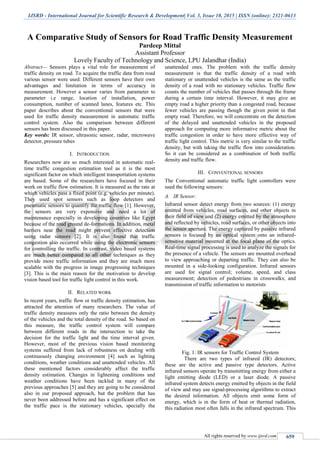 IJSRD - International Journal for Scientific Research & Development| Vol. 3, Issue 10, 2015 | ISSN (online): 2321-0613
All rights reserved by www.ijsrd.com 659
A Comparative Study of Sensors for Road Traffic Density Measurement
Pardeep Mittal
Assistant Professor
Lovely Faculty of Technology and Science, LPU Jalandhar (India)
Abstract— Sensors plays a vital role for measurement of
traffic density on road. To acquire the traffic data from road
various sensor were used. Different sensors have their own
advantages and limitation in terms of accuracy in
measurement. However a sensor varies from parameter to
parameter i.e range, location of installation, power
consumption, number of scanned lanes, features etc. This
paper describes about the conventional sensors that were
used for traffic density measurement in automatic traffic
control system. Also the comparison between different
sensors has been discussed in this paper.
Key words: IR sensor, ultrasonic sensor, radar, microwave
detector, pressure tubes
I. INTRODUCTION
Researchers now are so much interested in automatic real-
time traffic congestion estimation tool as it is the most
significant factor on which intelligent transportation systems
are based. Some of the researchers have focused in their
work on traffic flow estimation. It is measured as the rate at
which vehicles pass a fixed point (e.g. vehicles per minute).
They used spot sensors such as loop detectors and
pneumatic sensors to quantify the traffic flow [1]. However,
the sensors are very expensive and need a lot of
maintenance especially in developing countries like Egypt
because of the road ground de-formations. In addition, metal
barriers near the road might prevent effective detection
using radar sensors [2]. It is also found that traffic
congestion also occurred while using the electronic sensors
for controlling the traffic. In contrast, video based systems
are much better compared to all other techniques as they
provide more traffic information and they are much more
scalable with the progress in image progressing techniques
[3]. This is the main reason for the motivation to develop
vision based tool for traffic light control in this work.
II. RELATED WORK
In recent years, traffic flow or traffic density estimation, has
attracted the attention of many researchers. The value of
traffic density measures only the ratio between the density
of the vehicles and the total density of the road. So based on
this measure, the traffic control system will compare
between different roads in the intersection to take the
decision for the traffic light and the time interval given.
However, most of the previous vision based monitoring
systems suffered from lack of robustness on dealing with
continuously changing environment [4] such as lighting
conditions, weather conditions and unattended vehicles. All
these mentioned factors considerably affect the traffic
density estimation. Changes in lightening conditions and
weather conditions have been tackled in many of the
previous approaches [5] and they are going to be considered
also in our proposed approach, but the problem that has
never been addressed before and has a significant effect on
the traffic pace is the stationary vehicles, specially the
unattended ones. The problem with the traffic density
measurement is that the traffic density of a road with
stationary or unattended vehicles is the same as the traffic
density of a road with no stationary vehicles. Traffic flow
counts the number of vehicles that passes through the frame
during a certain time interval. However, it may give an
empty road a higher priority than a congested road, because
fewer vehicles are passing though the given point in that
empty road. Therefore, we will concentrate on the detection
of the delayed and unattended vehicles in the proposed
approach for computing more informative metric about the
traffic congestion in order to have more effective way of
traffic light control. This metric is very similar to the traffic
density, but with taking the traffic flow into consideration.
So it can be considered as a combination of both traffic
density and traffic flow.
III. CONVENTIONAL SENSORS
The Conventional automatic traffic light controllers were
used the following sensors:
A. IR Sensor:
Infrared sensor detect energy from two sources: (1) energy
emitted from vehicles, road surfaces, and other objects in
their field of view and (2) energy emitted by the atmosphere
and reflected by vehicles, road surfaces, or other objects into
the sensor aperture. The energy captured by passive infrared
sensors is focused by an optical system onto an infrared-
sensitive material mounted at the focal plane of the optics.
Real-time signal processing is used to analyze the signals for
the presence of a vehicle. The sensors are mounted overhead
to view approaching or departing traffic. They can also be
mounted in a side-looking configuration. Infrared sensors
are used for signal control; volume, speed, and class
measurement; detection of pedestrians in crosswalks; and
transmission of traffic information to motorists
Fig. 1: IR sensors for Traffic Control System
There are two types of infrared (IR) detectors;
these are the active and passive type detectors. Active
infrared sensors operate by transmitting energy from either a
light emitting diode (LED) or a laser diode. A passive
infrared system detects energy emitted by objects in the field
of view and may use signal-processing algorithms to extract
the desired information. All objects emit some form of
energy, which is in the form of heat or thermal radiation,
this radiation most often falls in the infrared spectrum. This
 