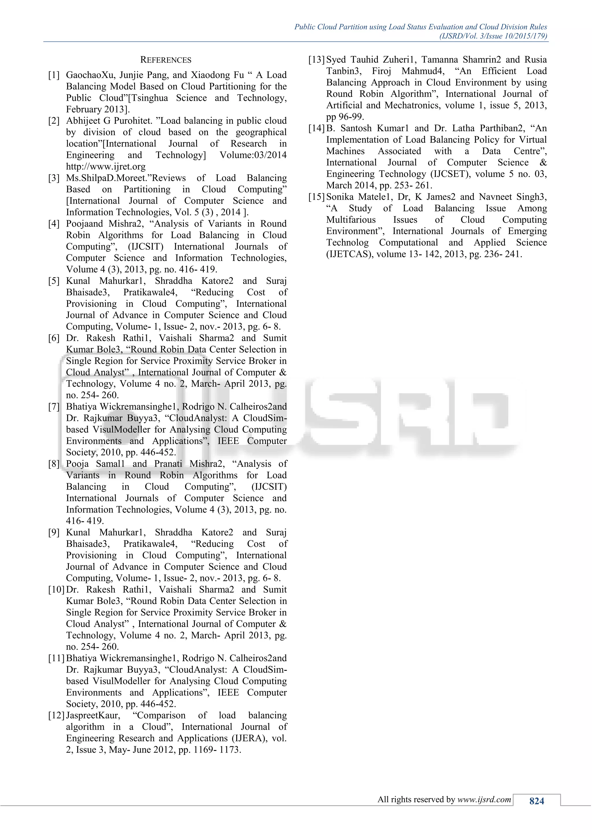 Public Cloud Partition using Load Status Evaluation and Cloud Division Rules (IJSRD/Vol. 3/Issue 10/2015/179) All rights reserved by www.ijsrd.com 824 REFERENCES [1] GaochaoXu, Junjie Pang, and Xiaodong Fu “ A Load Balancing Model Based on Cloud Partitioning for the Public Cloud”[Tsinghua Science and Technology, February 2013]. [2] Abhijeet G Purohitet. ”Load balancing in public cloud by division of cloud based on the geographical location”[International Journal of Research in Engineering and Technology] Volume:03/2014 http://www.ijret.org [3] Ms.ShilpaD.Moreet.”Reviews of Load Balancing Based on Partitioning in Cloud Computing” [International Journal of Computer Science and Information Technologies, Vol. 5 (3) , 2014 ]. [4] Poojaand Mishra2, “Analysis of Variants in Round Robin Algorithms for Load Balancing in Cloud Computing”, (IJCSIT) International Journals of Computer Science and Information Technologies, Volume 4 (3), 2013, pg. no. 416- 419. [5] Kunal Mahurkar1, Shraddha Katore2 and Suraj Bhaisade3, Pratikawale4, “Reducing Cost of Provisioning in Cloud Computing”, International Journal of Advance in Computer Science and Cloud Computing, Volume- 1, Issue- 2, nov.- 2013, pg. 6- 8. [6] Dr. Rakesh Rathi1, Vaishali Sharma2 and Sumit Kumar Bole3, “Round Robin Data Center Selection in Single Region for Service Proximity Service Broker in Cloud Analyst” , International Journal of Computer & Technology, Volume 4 no. 2, March- April 2013, pg. no. 254- 260. [7] Bhatiya Wickremansinghe1, Rodrigo N. Calheiros2and Dr. Rajkumar Buyya3, “CloudAnalyst: A CloudSim- based VisulModeller for Analysing Cloud Computing Environments and Applications”, IEEE Computer Society, 2010, pp. 446-452. [8] Pooja Samal1 and Pranati Mishra2, “Analysis of Variants in Round Robin Algorithms for Load Balancing in Cloud Computing”, (IJCSIT) International Journals of Computer Science and Information Technologies, Volume 4 (3), 2013, pg. no. 416- 419. [9] Kunal Mahurkar1, Shraddha Katore2 and Suraj Bhaisade3, Pratikawale4, “Reducing Cost of Provisioning in Cloud Computing”, International Journal of Advance in Computer Science and Cloud Computing, Volume- 1, Issue- 2, nov.- 2013, pg. 6- 8. [10]Dr. Rakesh Rathi1, Vaishali Sharma2 and Sumit Kumar Bole3, “Round Robin Data Center Selection in Single Region for Service Proximity Service Broker in Cloud Analyst” , International Journal of Computer & Technology, Volume 4 no. 2, March- April 2013, pg. no. 254- 260. [11]Bhatiya Wickremansinghe1, Rodrigo N. Calheiros2and Dr. Rajkumar Buyya3, “CloudAnalyst: A CloudSim- based VisulModeller for Analysing Cloud Computing Environments and Applications”, IEEE Computer Society, 2010, pp. 446-452. [12]JaspreetKaur, “Comparison of load balancing algorithm in a Cloud”, International Journal of Engineering Research and Applications (IJERA), vol. 2, Issue 3, May- June 2012, pp. 1169- 1173. [13]Syed Tauhid Zuheri1, Tamanna Shamrin2 and Rusia Tanbin3, Firoj Mahmud4, “An Efficient Load Balancing Approach in Cloud Environment by using Round Robin Algorithm”, International Journal of Artificial and Mechatronics, volume 1, issue 5, 2013, pp 96-99. [14]B. Santosh Kumar1 and Dr. Latha Parthiban2, “An Implementation of Load Balancing Policy for Virtual Machines Associated with a Data Centre”, International Journal of Computer Science & Engineering Technology (IJCSET), volume 5 no. 03, March 2014, pp. 253- 261. [15]Sonika Matele1, Dr, K James2 and Navneet Singh3, “A Study of Load Balancing Issue Among Multifarious Issues of Cloud Computing Environment”, International Journals of Emerging Technolog Computational and Applied Science (IJETCAS), volume 13- 142, 2013, pg. 236- 241. 