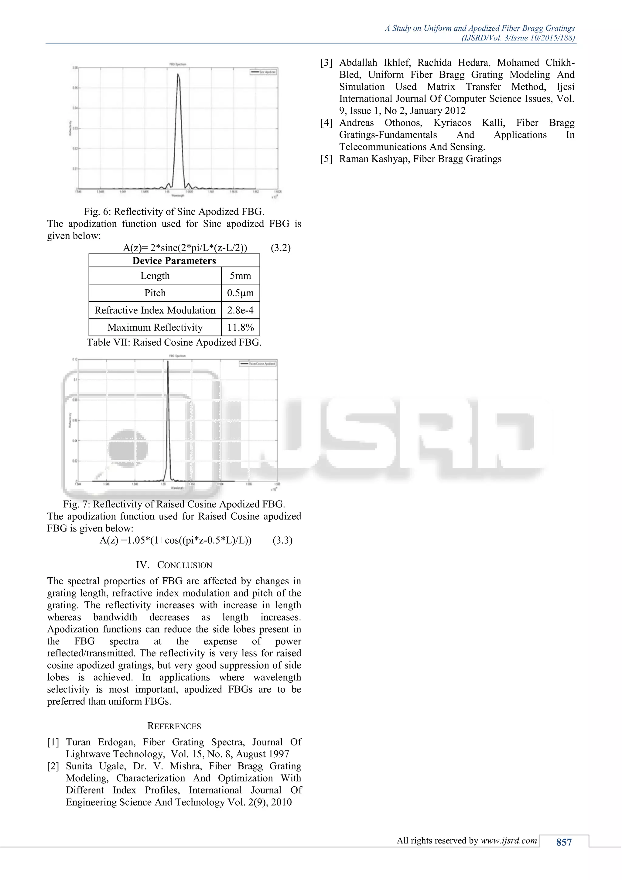 A Study on Uniform and Apodized Fiber Bragg Gratings
(IJSRD/Vol. 3/Issue 10/2015/188)
All rights reserved by www.ijsrd.com 857
Fig. 6: Reflectivity of Sinc Apodized FBG.
The apodization function used for Sinc apodized FBG is
given below:
A(z)= 2*sinc(2*pi/L*(z-L/2)) (3.2)
Device Parameters
Length 5mm
Pitch 0.5μm
Refractive Index Modulation 2.8e-4
Maximum Reflectivity 11.8%
Table VII: Raised Cosine Apodized FBG.
Fig. 7: Reflectivity of Raised Cosine Apodized FBG.
The apodization function used for Raised Cosine apodized
FBG is given below:
A(z) =1.05*(1+cos((pi*z-0.5*L)/L)) (3.3)
IV. CONCLUSION
The spectral properties of FBG are affected by changes in
grating length, refractive index modulation and pitch of the
grating. The reflectivity increases with increase in length
whereas bandwidth decreases as length increases.
Apodization functions can reduce the side lobes present in
the FBG spectra at the expense of power
reflected/transmitted. The reflectivity is very less for raised
cosine apodized gratings, but very good suppression of side
lobes is achieved. In applications where wavelength
selectivity is most important, apodized FBGs are to be
preferred than uniform FBGs.
REFERENCES
[1] Turan Erdogan, Fiber Grating Spectra, Journal Of
Lightwave Technology, Vol. 15, No. 8, August 1997
[2] Sunita Ugale, Dr. V. Mishra, Fiber Bragg Grating
Modeling, Characterization And Optimization With
Different Index Profiles, International Journal Of
Engineering Science And Technology Vol. 2(9), 2010
[3] Abdallah Ikhlef, Rachida Hedara, Mohamed Chikh-
Bled, Uniform Fiber Bragg Grating Modeling And
Simulation Used Matrix Transfer Method, Ijcsi
International Journal Of Computer Science Issues, Vol.
9, Issue 1, No 2, January 2012
[4] Andreas Othonos, Kyriacos Kalli, Fiber Bragg
Gratings-Fundamentals And Applications In
Telecommunications And Sensing.
[5] Raman Kashyap, Fiber Bragg Gratings
 