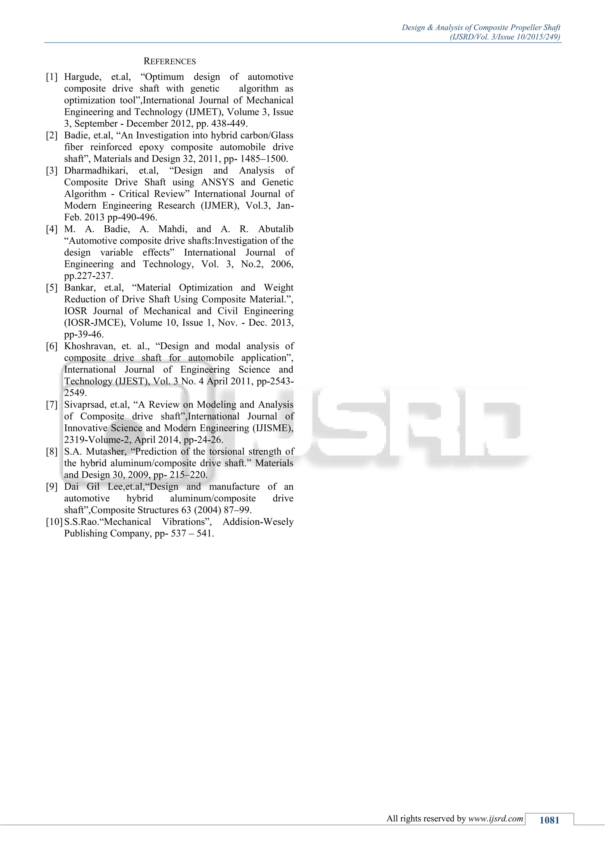 Design & Analysis of Composite Propeller Shaft
(IJSRD/Vol. 3/Issue 10/2015/249)
All rights reserved by www.ijsrd.com 1081
REFERENCES
[1] Hargude, et.al, “Optimum design of automotive
composite drive shaft with genetic algorithm as
optimization tool”,International Journal of Mechanical
Engineering and Technology (IJMET), Volume 3, Issue
3, September - December 2012, pp. 438-449.
[2] Badie, et.al, “An Investigation into hybrid carbon/Glass
fiber reinforced epoxy composite automobile drive
shaft”, Materials and Design 32, 2011, pp- 1485–1500.
[3] Dharmadhikari, et.al, “Design and Analysis of
Composite Drive Shaft using ANSYS and Genetic
Algorithm - Critical Review” International Journal of
Modern Engineering Research (IJMER), Vol.3, Jan-
Feb. 2013 pp-490-496.
[4] M. A. Badie, A. Mahdi, and A. R. Abutalib
“Automotive composite drive shafts:Investigation of the
design variable effects” International Journal of
Engineering and Technology, Vol. 3, No.2, 2006,
pp.227-237.
[5] Bankar, et.al, “Material Optimization and Weight
Reduction of Drive Shaft Using Composite Material.”,
IOSR Journal of Mechanical and Civil Engineering
(IOSR-JMCE), Volume 10, Issue 1, Nov. - Dec. 2013,
pp-39-46.
[6] Khoshravan, et. al., “Design and modal analysis of
composite drive shaft for automobile application”,
International Journal of Engineering Science and
Technology (IJEST), Vol. 3 No. 4 April 2011, pp-2543-
2549.
[7] Sivaprsad, et.al, “A Review on Modeling and Analysis
of Composite drive shaft”,International Journal of
Innovative Science and Modern Engineering (IJISME),
2319-Volume-2, April 2014, pp-24-26.
[8] S.A. Mutasher, “Prediction of the torsional strength of
the hybrid aluminum/composite drive shaft.” Materials
and Design 30, 2009, pp- 215–220.
[9] Dai Gil Lee,et.al,“Design and manufacture of an
automotive hybrid aluminum/composite drive
shaft”,Composite Structures 63 (2004) 87–99.
[10]S.S.Rao.“Mechanical Vibrations”, Addision-Wesely
Publishing Company, pp- 537 – 541.
 