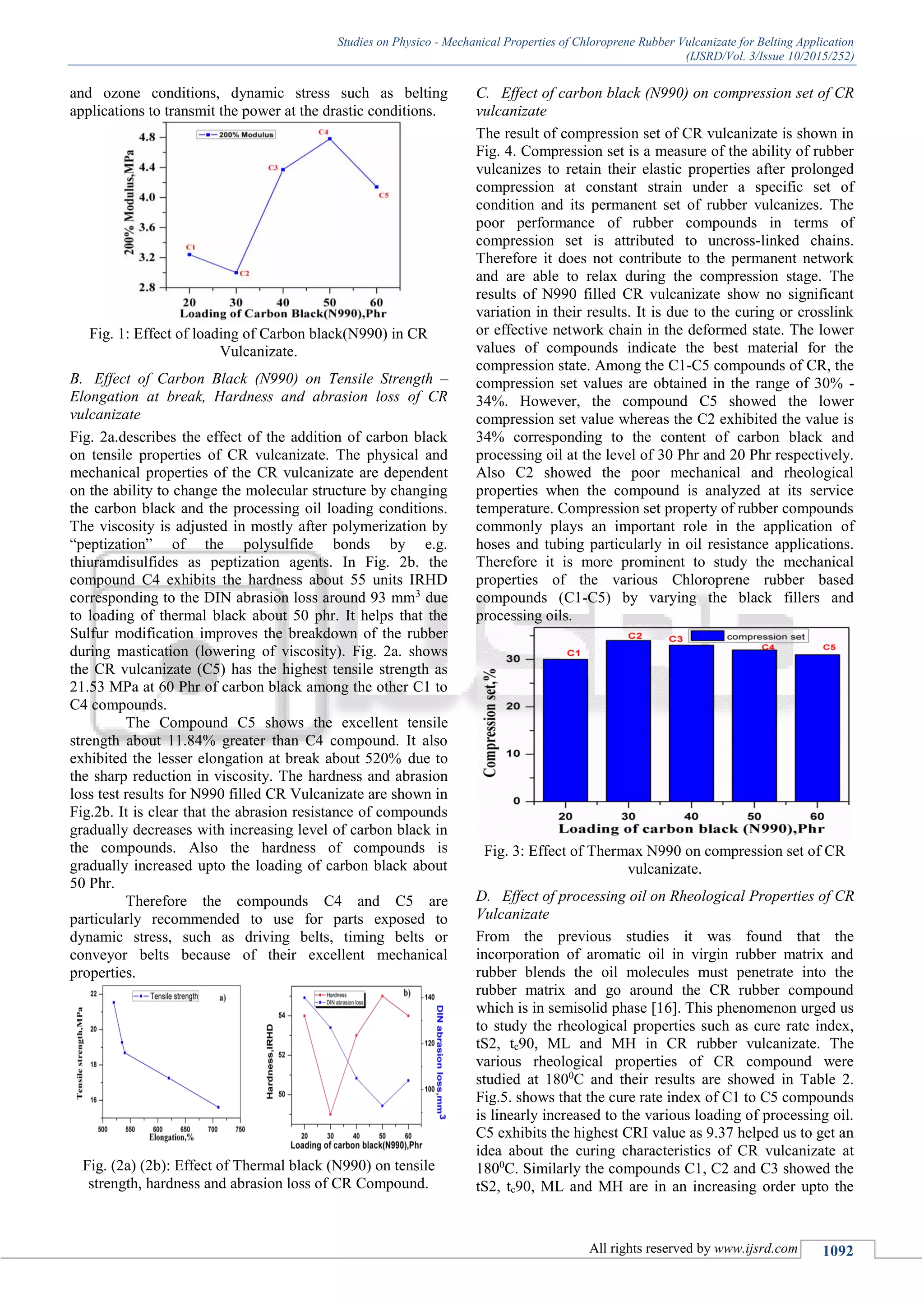 Studies on Physico - Mechanical Properties of Chloroprene Rubber Vulcanizate for Belting Application
(IJSRD/Vol. 3/Issue 10/2015/252)
All rights reserved by www.ijsrd.com 1092
and ozone conditions, dynamic stress such as belting
applications to transmit the power at the drastic conditions.
Fig. 1: Effect of loading of Carbon black(N990) in CR
Vulcanizate.
B. Effect of Carbon Black (N990) on Tensile Strength –
Elongation at break, Hardness and abrasion loss of CR
vulcanizate
Fig. 2a.describes the effect of the addition of carbon black
on tensile properties of CR vulcanizate. The physical and
mechanical properties of the CR vulcanizate are dependent
on the ability to change the molecular structure by changing
the carbon black and the processing oil loading conditions.
The viscosity is adjusted in mostly after polymerization by
“peptization” of the polysulfide bonds by e.g.
thiuramdisulfides as peptization agents. In Fig. 2b. the
compound C4 exhibits the hardness about 55 units IRHD
corresponding to the DIN abrasion loss around 93 mm3
due
to loading of thermal black about 50 phr. It helps that the
Sulfur modification improves the breakdown of the rubber
during mastication (lowering of viscosity). Fig. 2a. shows
the CR vulcanizate (C5) has the highest tensile strength as
21.53 MPa at 60 Phr of carbon black among the other C1 to
C4 compounds.
The Compound C5 shows the excellent tensile
strength about 11.84% greater than C4 compound. It also
exhibited the lesser elongation at break about 520% due to
the sharp reduction in viscosity. The hardness and abrasion
loss test results for N990 filled CR Vulcanizate are shown in
Fig.2b. It is clear that the abrasion resistance of compounds
gradually decreases with increasing level of carbon black in
the compounds. Also the hardness of compounds is
gradually increased upto the loading of carbon black about
50 Phr.
Therefore the compounds C4 and C5 are
particularly recommended to use for parts exposed to
dynamic stress, such as driving belts, timing belts or
conveyor belts because of their excellent mechanical
properties.
Fig. (2a) (2b): Effect of Thermal black (N990) on tensile
strength, hardness and abrasion loss of CR Compound.
C. Effect of carbon black (N990) on compression set of CR
vulcanizate
The result of compression set of CR vulcanizate is shown in
Fig. 4. Compression set is a measure of the ability of rubber
vulcanizes to retain their elastic properties after prolonged
compression at constant strain under a specific set of
condition and its permanent set of rubber vulcanizes. The
poor performance of rubber compounds in terms of
compression set is attributed to uncross-linked chains.
Therefore it does not contribute to the permanent network
and are able to relax during the compression stage. The
results of N990 filled CR vulcanizate show no significant
variation in their results. It is due to the curing or crosslink
or effective network chain in the deformed state. The lower
values of compounds indicate the best material for the
compression state. Among the C1-C5 compounds of CR, the
compression set values are obtained in the range of 30% -
34%. However, the compound C5 showed the lower
compression set value whereas the C2 exhibited the value is
34% corresponding to the content of carbon black and
processing oil at the level of 30 Phr and 20 Phr respectively.
Also C2 showed the poor mechanical and rheological
properties when the compound is analyzed at its service
temperature. Compression set property of rubber compounds
commonly plays an important role in the application of
hoses and tubing particularly in oil resistance applications.
Therefore it is more prominent to study the mechanical
properties of the various Chloroprene rubber based
compounds (C1-C5) by varying the black fillers and
processing oils.
Fig. 3: Effect of Thermax N990 on compression set of CR
vulcanizate.
D. Effect of processing oil on Rheological Properties of CR
Vulcanizate
From the previous studies it was found that the
incorporation of aromatic oil in virgin rubber matrix and
rubber blends the oil molecules must penetrate into the
rubber matrix and go around the CR rubber compound
which is in semisolid phase [16]. This phenomenon urged us
to study the rheological properties such as cure rate index,
tS2, tc90, ML and MH in CR rubber vulcanizate. The
various rheological properties of CR compound were
studied at 1800
C and their results are showed in Table 2.
Fig.5. shows that the cure rate index of C1 to C5 compounds
is linearly increased to the various loading of processing oil.
C5 exhibits the highest CRI value as 9.37 helped us to get an
idea about the curing characteristics of CR vulcanizate at
1800
C. Similarly the compounds C1, C2 and C3 showed the
tS2, tc90, ML and MH are in an increasing order upto the
 