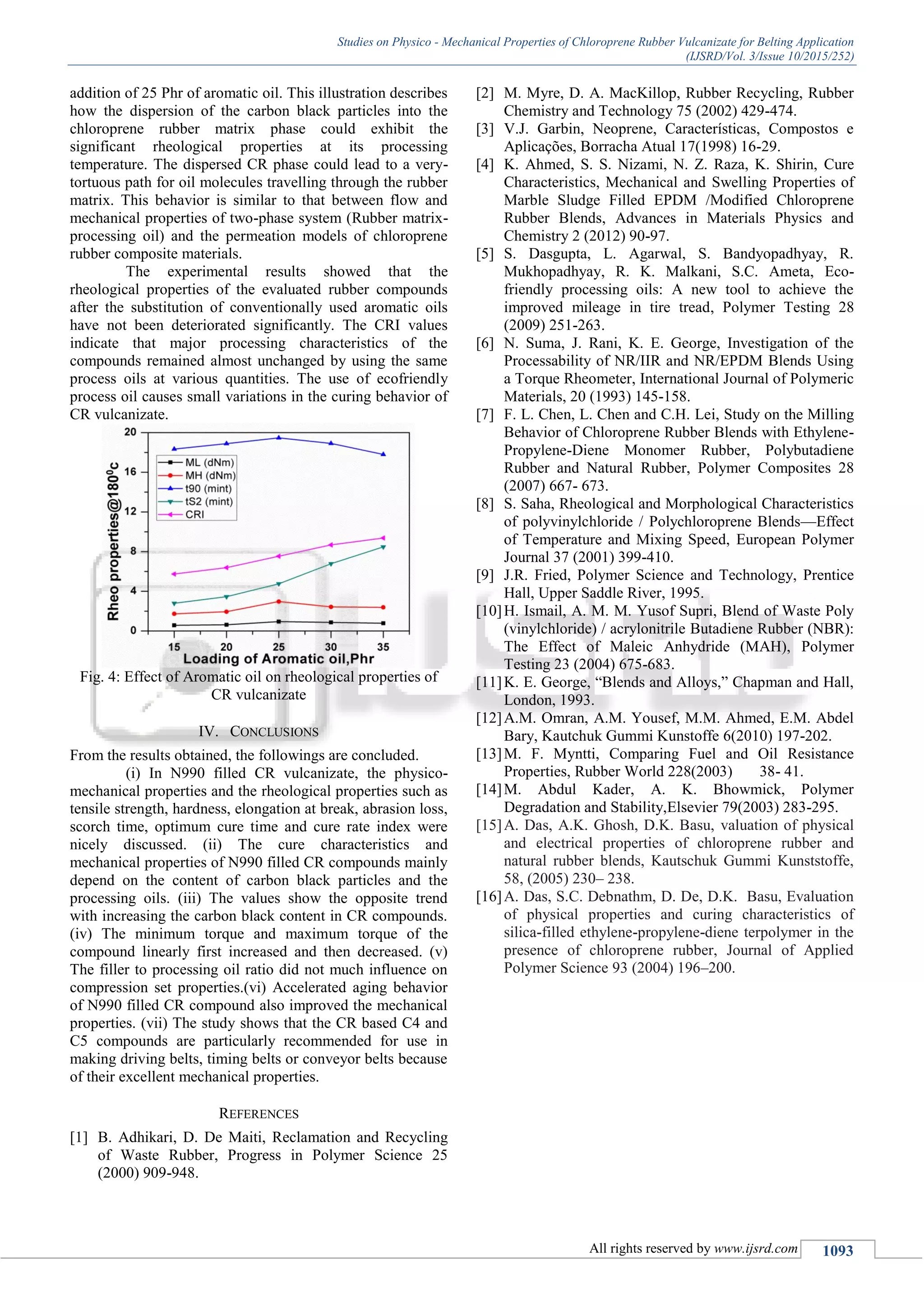 Studies on Physico - Mechanical Properties of Chloroprene Rubber Vulcanizate for Belting Application
(IJSRD/Vol. 3/Issue 10/2015/252)
All rights reserved by www.ijsrd.com 1093
addition of 25 Phr of aromatic oil. This illustration describes
how the dispersion of the carbon black particles into the
chloroprene rubber matrix phase could exhibit the
significant rheological properties at its processing
temperature. The dispersed CR phase could lead to a very-
tortuous path for oil molecules travelling through the rubber
matrix. This behavior is similar to that between flow and
mechanical properties of two-phase system (Rubber matrix-
processing oil) and the permeation models of chloroprene
rubber composite materials.
The experimental results showed that the
rheological properties of the evaluated rubber compounds
after the substitution of conventionally used aromatic oils
have not been deteriorated significantly. The CRI values
indicate that major processing characteristics of the
compounds remained almost unchanged by using the same
process oils at various quantities. The use of ecofriendly
process oil causes small variations in the curing behavior of
CR vulcanizate.
Fig. 4: Effect of Aromatic oil on rheological properties of
CR vulcanizate
IV. CONCLUSIONS
From the results obtained, the followings are concluded.
(i) In N990 filled CR vulcanizate, the physico-
mechanical properties and the rheological properties such as
tensile strength, hardness, elongation at break, abrasion loss,
scorch time, optimum cure time and cure rate index were
nicely discussed. (ii) The cure characteristics and
mechanical properties of N990 filled CR compounds mainly
depend on the content of carbon black particles and the
processing oils. (iii) The values show the opposite trend
with increasing the carbon black content in CR compounds.
(iv) The minimum torque and maximum torque of the
compound linearly first increased and then decreased. (v)
The filler to processing oil ratio did not much influence on
compression set properties.(vi) Accelerated aging behavior
of N990 filled CR compound also improved the mechanical
properties. (vii) The study shows that the CR based C4 and
C5 compounds are particularly recommended for use in
making driving belts, timing belts or conveyor belts because
of their excellent mechanical properties.
REFERENCES
[1] B. Adhikari, D. De Maiti, Reclamation and Recycling
of Waste Rubber, Progress in Polymer Science 25
(2000) 909-948.
[2] M. Myre, D. A. MacKillop, Rubber Recycling, Rubber
Chemistry and Technology 75 (2002) 429-474.
[3] V.J. Garbin, Neoprene, Características, Compostos e
Aplicações, Borracha Atual 17(1998) 16-29.
[4] K. Ahmed, S. S. Nizami, N. Z. Raza, K. Shirin, Cure
Characteristics, Mechanical and Swelling Properties of
Marble Sludge Filled EPDM /Modified Chloroprene
Rubber Blends, Advances in Materials Physics and
Chemistry 2 (2012) 90-97.
[5] S. Dasgupta, L. Agarwal, S. Bandyopadhyay, R.
Mukhopadhyay, R. K. Malkani, S.C. Ameta, Eco-
friendly processing oils: A new tool to achieve the
improved mileage in tire tread, Polymer Testing 28
(2009) 251-263.
[6] N. Suma, J. Rani, K. E. George, Investigation of the
Processability of NR/IIR and NR/EPDM Blends Using
a Torque Rheometer, International Journal of Polymeric
Materials, 20 (1993) 145-158.
[7] F. L. Chen, L. Chen and C.H. Lei, Study on the Milling
Behavior of Chloroprene Rubber Blends with Ethylene-
Propylene-Diene Monomer Rubber, Polybutadiene
Rubber and Natural Rubber, Polymer Composites 28
(2007) 667- 673.
[8] S. Saha, Rheological and Morphological Characteristics
of polyvinylchloride / Polychloroprene Blends––Effect
of Temperature and Mixing Speed, European Polymer
Journal 37 (2001) 399-410.
[9] J.R. Fried, Polymer Science and Technology, Prentice
Hall, Upper Saddle River, 1995.
[10]H. Ismail, A. M. M. Yusof Supri, Blend of Waste Poly
(vinylchloride) / acrylonitrile Butadiene Rubber (NBR):
The Effect of Maleic Anhydride (MAH), Polymer
Testing 23 (2004) 675-683.
[11]K. E. George, “Blends and Alloys,” Chapman and Hall,
London, 1993.
[12]A.M. Omran, A.M. Yousef, M.M. Ahmed, E.M. Abdel
Bary, Kautchuk Gummi Kunstoffe 6(2010) 197-202.
[13]M. F. Myntti, Comparing Fuel and Oil Resistance
Properties, Rubber World 228(2003) 38- 41.
[14]M. Abdul Kader, A. K. Bhowmick, Polymer
Degradation and Stability,Elsevier 79(2003) 283-295.
[15]A. Das, A.K. Ghosh, D.K. Basu, valuation of physical
and electrical properties of chloroprene rubber and
natural rubber blends, Kautschuk Gummi Kunststoffe,
58, (2005) 230– 238.
[16]A. Das, S.C. Debnathm, D. De, D.K. Basu, Evaluation
of physical properties and curing characteristics of
silica-filled ethylene-propylene-diene terpolymer in the
presence of chloroprene rubber, Journal of Applied
Polymer Science 93 (2004) 196–200.
 
