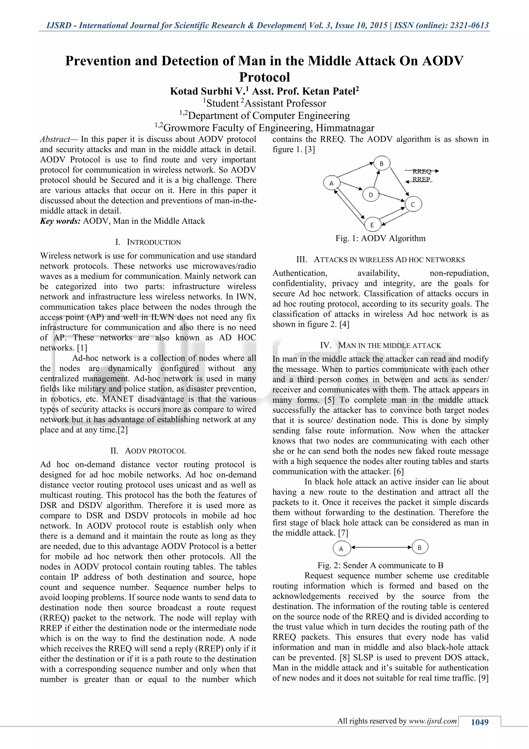 Prevention and Detection of Man in the Middle Attack on AODV Protocol | PDF