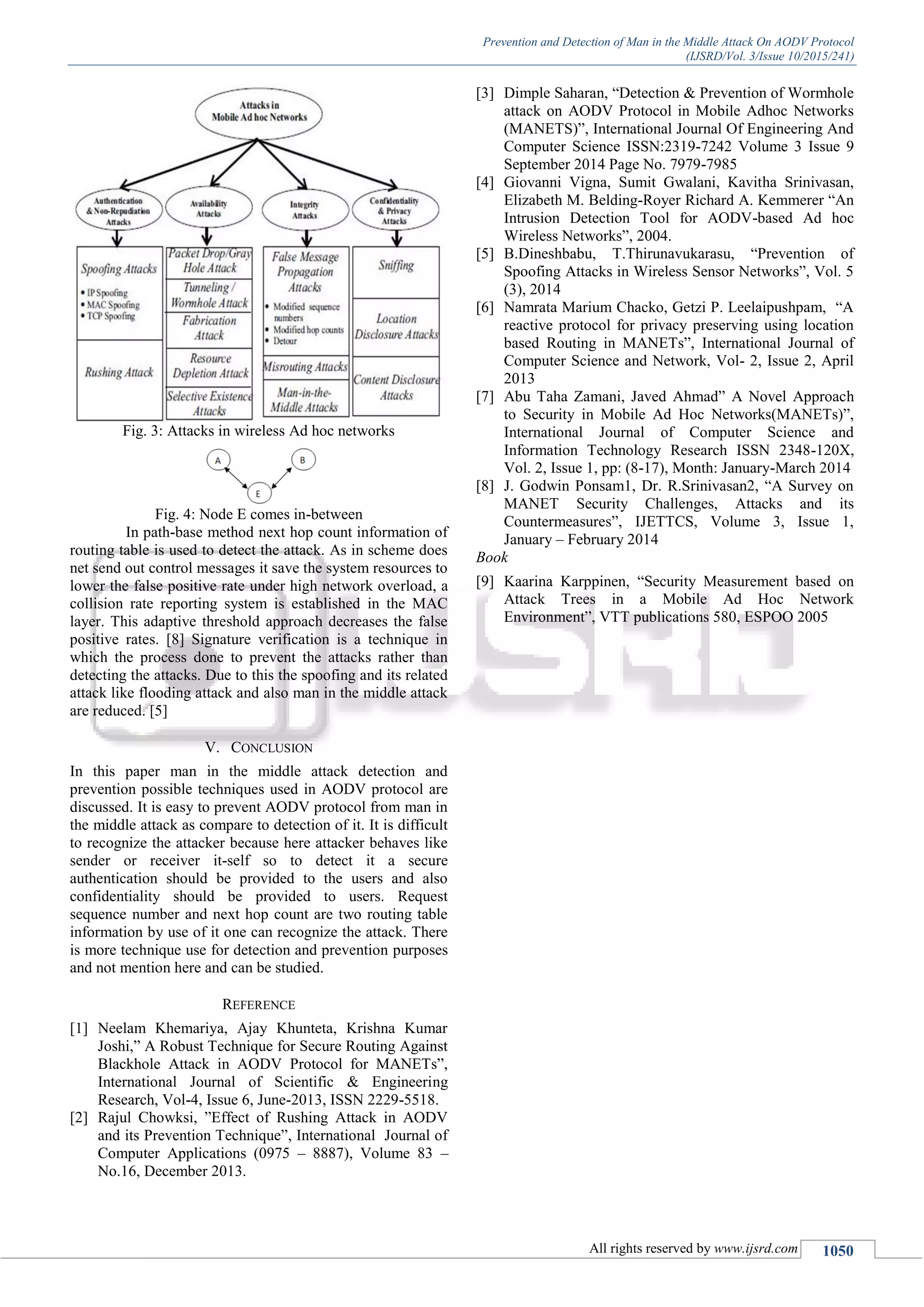 Prevention and Detection of Man in the Middle Attack On AODV Protocol
(IJSRD/Vol. 3/Issue 10/2015/241)
All rights reserved by www.ijsrd.com 1050
Fig. 3: Attacks in wireless Ad hoc networks
Fig. 4: Node E comes in-between
In path-base method next hop count information of
routing table is used to detect the attack. As in scheme does
net send out control messages it save the system resources to
lower the false positive rate under high network overload, a
collision rate reporting system is established in the MAC
layer. This adaptive threshold approach decreases the false
positive rates. [8] Signature verification is a technique in
which the process done to prevent the attacks rather than
detecting the attacks. Due to this the spoofing and its related
attack like flooding attack and also man in the middle attack
are reduced. [5]
V. CONCLUSION
In this paper man in the middle attack detection and
prevention possible techniques used in AODV protocol are
discussed. It is easy to prevent AODV protocol from man in
the middle attack as compare to detection of it. It is difficult
to recognize the attacker because here attacker behaves like
sender or receiver it-self so to detect it a secure
authentication should be provided to the users and also
confidentiality should be provided to users. Request
sequence number and next hop count are two routing table
information by use of it one can recognize the attack. There
is more technique use for detection and prevention purposes
and not mention here and can be studied.
REFERENCE
[1] Neelam Khemariya, Ajay Khunteta, Krishna Kumar
Joshi,” A Robust Technique for Secure Routing Against
Blackhole Attack in AODV Protocol for MANETs”,
International Journal of Scientific & Engineering
Research, Vol-4, Issue 6, June-2013, ISSN 2229-5518.
[2] Rajul Chowksi, ”Effect of Rushing Attack in AODV
and its Prevention Technique”, International Journal of
Computer Applications (0975 – 8887), Volume 83 –
No.16, December 2013.
[3] Dimple Saharan, “Detection & Prevention of Wormhole
attack on AODV Protocol in Mobile Adhoc Networks
(MANETS)”, International Journal Of Engineering And
Computer Science ISSN:2319-7242 Volume 3 Issue 9
September 2014 Page No. 7979-7985
[4] Giovanni Vigna, Sumit Gwalani, Kavitha Srinivasan,
Elizabeth M. Belding-Royer Richard A. Kemmerer “An
Intrusion Detection Tool for AODV-based Ad hoc
Wireless Networks”, 2004.
[5] B.Dineshbabu, T.Thirunavukarasu, “Prevention of
Spoofing Attacks in Wireless Sensor Networks”, Vol. 5
(3), 2014
[6] Namrata Marium Chacko, Getzi P. Leelaipushpam, “A
reactive protocol for privacy preserving using location
based Routing in MANETs”, International Journal of
Computer Science and Network, Vol- 2, Issue 2, April
2013
[7] Abu Taha Zamani, Javed Ahmad” A Novel Approach
to Security in Mobile Ad Hoc Networks(MANETs)”,
International Journal of Computer Science and
Information Technology Research ISSN 2348-120X,
Vol. 2, Issue 1, pp: (8-17), Month: January-March 2014
[8] J. Godwin Ponsam1, Dr. R.Srinivasan2, “A Survey on
MANET Security Challenges, Attacks and its
Countermeasures”, IJETTCS, Volume 3, Issue 1,
January – February 2014
Book
[9] Kaarina Karppinen, “Security Measurement based on
Attack Trees in a Mobile Ad Hoc Network
Environment”, VTT publications 580, ESPOO 2005
 