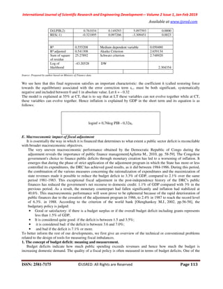 International Journal of Scientific Research and Engineering Development-– Volume 2 Issue 1, Jan-Feb 2019
Available at www.ijsred.com
ISSN: 2581-7175 ©IJSRED: All Rights are Reserved Page 113
D(LPIB,2) 0.761034 0.149293 5.097593 0.0000
RES(-1) -0.321895 0.097266 -3.309451 0.0023
R² 0.555208 Medium dependent variable 0.050480
R² adjusted 0.541308 Akaike Criterion 2.659134
Sum of square
of residue
25.27892 Schwarz criterion 2.748920
Log of
likelihood
-43.20528 DW
2.304354
Source: Prepared by author based on Ministry of Finance data
We see here that this final regression satisfies an important characteristic: the coefficient ñ (called restoring force
towards the equilibrium) associated with the error correction term εt-1 must be both significant, systematically
negative and included between 0 and 1 in absolute value. Let ñ = - 0.32
The model is explained at 55% at CT, that is to say that at LT these variables can not evolve together while at CT,
these variables can evolve together. Hence inflation is explained by GDP in the short term and its equation is as
follows:
loginf = 0,76log PIB - 0,32ut.
E. Macroeconomic impact of fiscal adjustment
It is essentially the way in which it is financed that determines to what extent a public sector deficit is reconcilable
with broader macroeconomic objectives.
The very uneven macroeconomic performance obtained by the Democratic Republic of Congo during the
adjustment reveals the importance of public finance management[Aglietta M., 2010, pp. 58-59]. The Congolese
government's choice to finance public deficits through monetary creation has led to a worsening of inflation. It
emerges that during the phase of strict application of the adjustment program in which the State has more or less
controlled its expenditures, the DRC has achieved good results, as it did between 1984-1986. During this period,
the combination of the various measures concerning the rationalization of expenditures and the maximization of
state revenues made it possible to reduce the budget deficit to 3.3% of GDP, compared to 2.1% over the same
period 1981-1983. This exceptional fiscal adjustment in the post-independence history of the DRC's public
finances has reduced the government's net recourse to domestic credit: 1.1% of GDP compared with 3% in the
previous period. As a result, the monetary counterpart had fallen significantly and inflation had stabilized at
40.6%. This macroeconomic performance will soon prove to be ephemeral because of the rapid deterioration of
public finances due to the cessation of the adjustment program in 1986, to 2.4% in 1987 to reach the record level
of 6.3%. in 1988. According to the criterion of the world bank [Olenghankoy M.J., 2002, pp.56-58], the
budgetary policy is judged:
• Good or satisfactory: if there is a budget surplus or if the overall budget deficit including grants represents
less than 1.5% of GDP,
• It is considered quite good: if the deficit is between 1.5 and 3.5%;
• it is considered bad: if the deficit is between 3.6 and 7.0%;
• and bad if the deficit is 7.1% or more.
To better inform the rest of our developments, we first give an overview of the technical or conventional problems
related to the design of tools for measuring fiscal imbalances.
1. The concept of budget deficit: meaning and measurement.
Budget deficits indicate how much public spending exceeds revenues and hence how much the budget is
increasing domestic demand. The quality of a fiscal policy is often measured in terms of budget deficits. One of the
 