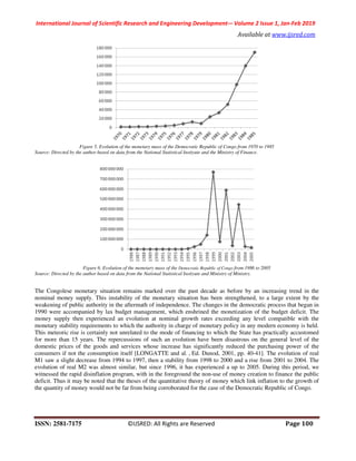 International Journal of Scientific Research and Engineering Development-– Volume 2 Issue 1, Jan-Feb 2019
Available at www.ijsred.com
ISSN: 2581-7175 ©IJSRED: All Rights are Reserved Page 100
Figure 5. Evolution of the monetary mass of the Democratic Republic of Congo from 1970 to 1985
Source: Directed by the author based on data from the National Statistical Instiyute and the Ministry of Finance.
Figure 6. Evolution of the monetary mass of the Democratic Republic of Congo from 1986 to 2005
Source: Directed by the author based on data from the National Statistical Instiyute and Ministry of Ministry.
The Congolese monetary situation remains marked over the past decade as before by an increasing trend in the
nominal money supply. This instability of the monetary situation has been strengthened, to a large extent by the
weakening of public authority in the aftermath of independence. The changes in the democratic process that began in
1990 were accompanied by lax budget management, which enshrined the monetization of the budget deficit. The
money supply then experienced an evolution at nominal growth rates exceeding any level compatible with the
monetary stability requirements to which the authority in charge of monetary policy in any modern economy is held.
This meteoric rise is certainly not unrelated to the mode of financing to which the State has practically accustomed
for more than 15 years. The repercussions of such an evolution have been disastrous on the general level of the
domestic prices of the goods and services whose increase has significantly reduced the purchasing power of the
consumers if not the consumption itself [LONGATTE and al. , Ed. Dunod, 2001, pp. 40-41]. The evolution of real
M1 saw a slight decrease from 1994 to 1997, then a stability from 1998 to 2000 and a rise from 2001 to 2004. The
evolution of real M2 was almost similar, but since 1996, it has experienced a up to 2005. During this period, we
witnessed the rapid disinflation program, with in the foreground the non-use of money creation to finance the public
deficit. Thus it may be noted that the theses of the quantitative theory of money which link inflation to the growth of
the quantity of money would not be far from being corroborated for the case of the Democratic Republic of Congo.
 