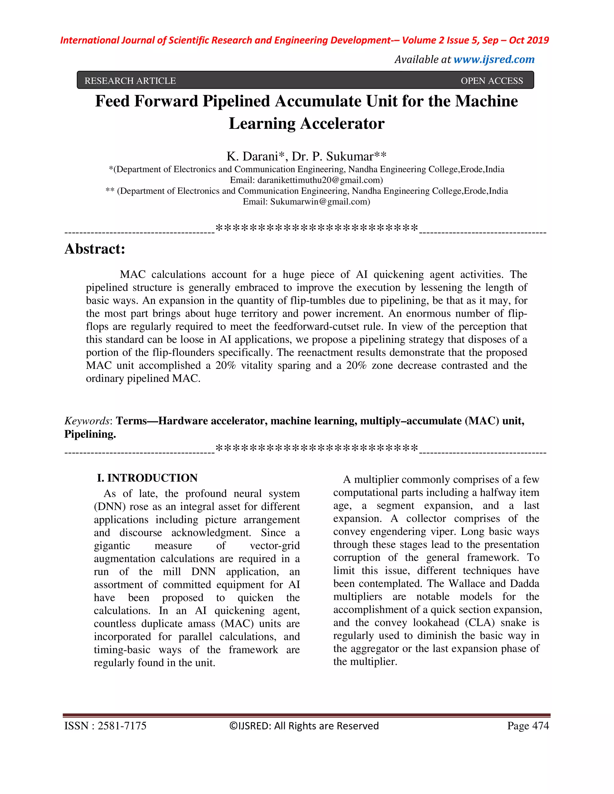 Feed Forward Pipelined Accumulate Unit for the Machine Learning ...