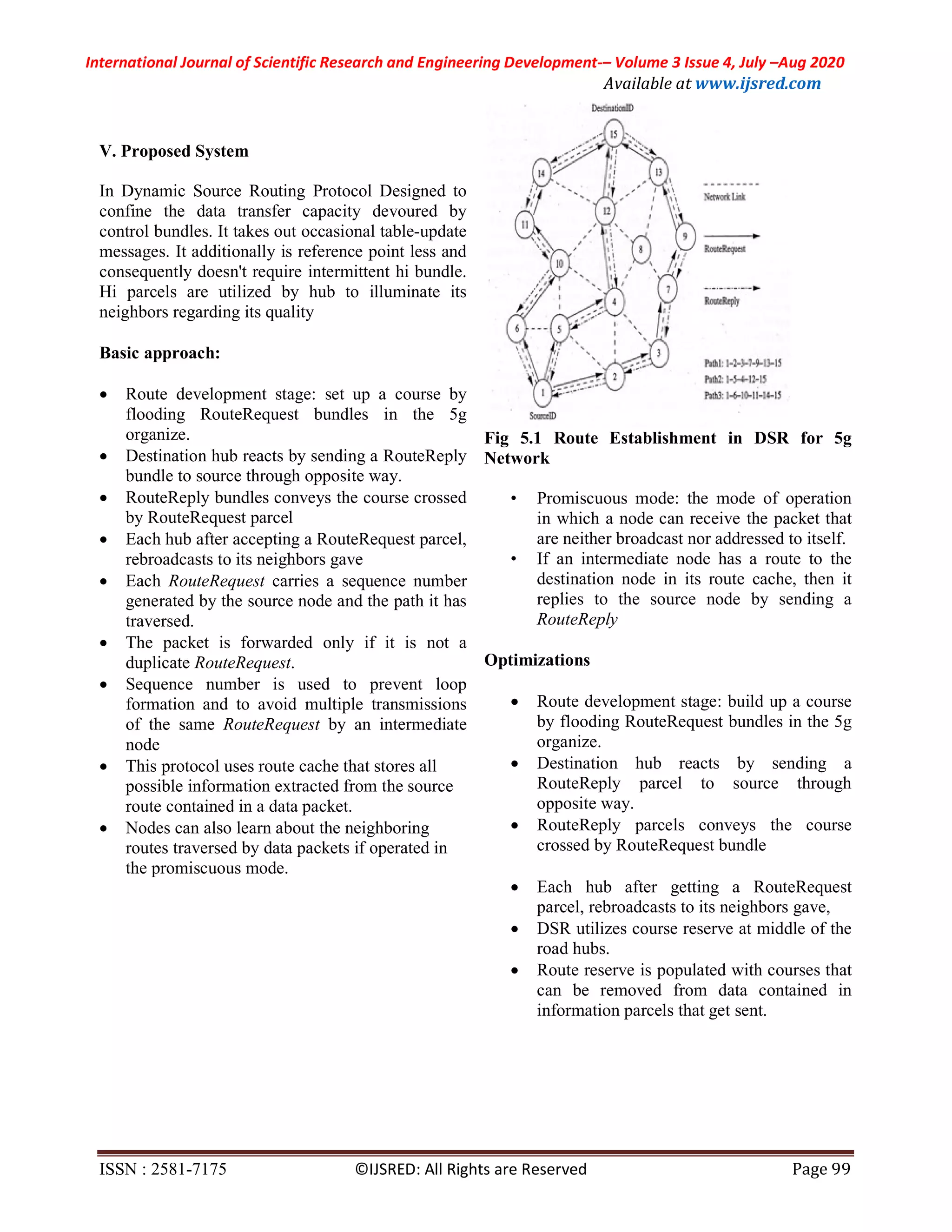 International Journal of Scientific Research and Engineering Development-– Volume 3 Issue 4, July –Aug 2020
Available at www.ijsred.com
ISSN : 2581-7175 ©IJSRED: All Rights are Reserved Page 99
V. Proposed System
In Dynamic Source Routing Protocol Designed to
confine the data transfer capacity devoured by
control bundles. It takes out occasional table-update
messages. It additionally is reference point less and
consequently doesn't require intermittent hi bundle.
Hi parcels are utilized by hub to illuminate its
neighbors regarding its quality
Basic approach:
 Route development stage: set up a course by
flooding RouteRequest bundles in the 5g
organize.
 Destination hub reacts by sending a RouteReply
bundle to source through opposite way.
 RouteReply bundles conveys the course crossed
by RouteRequest parcel
 Each hub after accepting a RouteRequest parcel,
rebroadcasts to its neighbors gave
 Each RouteRequest carries a sequence number
generated by the source node and the path it has
traversed.
 The packet is forwarded only if it is not a
duplicate RouteRequest.
 Sequence number is used to prevent loop
formation and to avoid multiple transmissions
of the same RouteRequest by an intermediate
node
 This protocol uses route cache that stores all
possible information extracted from the source
route contained in a data packet.
 Nodes can also learn about the neighboring
routes traversed by data packets if operated in
the promiscuous mode.
Fig 5.1 Route Establishment in DSR for 5g
Network
• Promiscuous mode: the mode of operation
in which a node can receive the packet that
are neither broadcast nor addressed to itself.
• If an intermediate node has a route to the
destination node in its route cache, then it
replies to the source node by sending a
RouteReply
Optimizations
 Route development stage: build up a course
by flooding RouteRequest bundles in the 5g
organize.
 Destination hub reacts by sending a
RouteReply parcel to source through
opposite way.
 RouteReply parcels conveys the course
crossed by RouteRequest bundle
 Each hub after getting a RouteRequest
parcel, rebroadcasts to its neighbors gave,
 DSR utilizes course reserve at middle of the
road hubs.
 Route reserve is populated with courses that
can be removed from data contained in
information parcels that get sent.
 