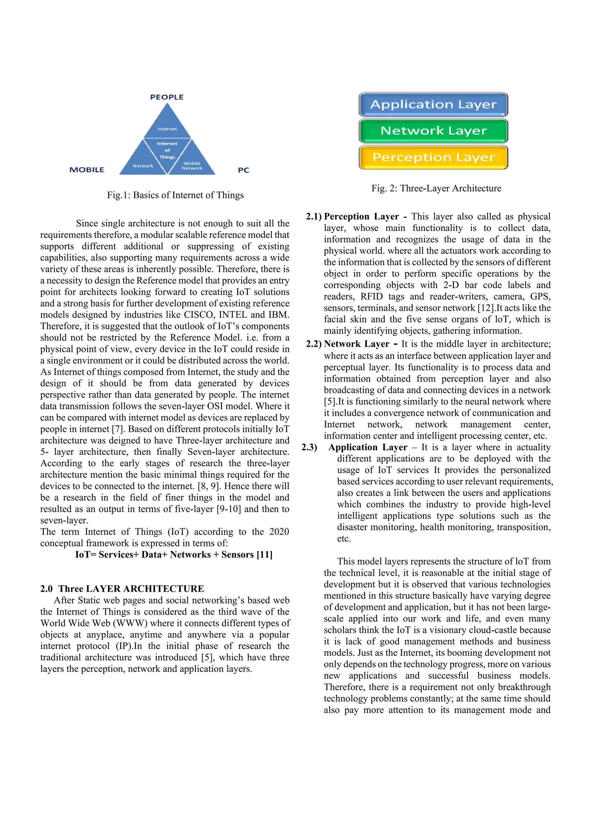 Fig.1: Basics of Internet of Things
Since single architecture is not enough to suit all the
requirements therefore, a modular scalable reference model that
supports different additional or suppressing of existing
capabilities, also supporting many requirements across a wide
variety of these areas is inherently possible. Therefore, there is
a necessity to design the Reference model that provides an entry
point for architects looking forward to creating IoT solutions
and a strong basis for further development of existing reference
models designed by industries like CISCO, INTEL and IBM.
Therefore, it is suggested that the outlook of IoT’s components
should not be restricted by the Reference Model. i.e. from a
physical point of view, every device in the IoT could reside in
a single environment or it could be distributed across the world.
As Internet of things composed from Internet, the study and the
design of it should be from data generated by devices
perspective rather than data generated by people. The internet
data transmission follows the seven-layer OSI model. Where it
can be compared with internet model as devices are replaced by
people in internet [7]. Based on different protocols initially IoT
architecture was deigned to have Three-layer architecture and
5- layer architecture, then finally Seven-layer architecture.
According to the early stages of research the three-layer
architecture mention the basic minimal things required for the
devices to be connected to the internet. [8, 9]. Hence there will
be a research in the field of finer things in the model and
resulted as an output in terms of five-layer [9-10] and then to
seven-layer.
The term Internet of Things (IoT) according to the 2020
conceptual framework is expressed in terms of:
IoT= Services+ Data+ Networks + Sensors [11]
2.0 Three LAYER ARCHITECTURE
After Static web pages and social networking’s based web
the Internet of Things is considered as the third wave of the
World Wide Web (WWW) where it connects different types of
objects at anyplace, anytime and anywhere via a popular
internet protocol (IP).In the initial phase of research the
traditional architecture was introduced [5], which have three
layers the perception, network and application layers.
Fig. 2: Three-Layer Architecture
2.1) Perception Layer - This layer also called as physical
layer, whose main functionality is to collect data,
information and recognizes the usage of data in the
physical world. where all the actuators work according to
the information that is collected by the sensors of different
object in order to perform specific operations by the
corresponding objects with 2-D bar code labels and
readers, RFID tags and reader-writers, camera, GPS,
sensors, terminals, and sensor network [12].It acts like the
facial skin and the five sense organs of loT, which is
mainly identifying objects, gathering information.
2.2) Network Layer - It is the middle layer in architecture;
where it acts as an interface between application layer and
perceptual layer. Its functionality is to process data and
information obtained from perception layer and also
broadcasting of data and connecting devices in a network
[5].It is functioning similarly to the neural network where
it includes a convergence network of communication and
Internet network, network management center,
information center and intelligent processing center, etc.
2.3) Application Layer – It is a layer where in actuality
different applications are to be deployed with the
usage of IoT services It provides the personalized
based services according to user relevant requirements,
also creates a link between the users and applications
which combines the industry to provide high-level
intelligent applications type solutions such as the
disaster monitoring, health monitoring, transposition,
etc.
This model layers represents the structure of loT from
the technical level, it is reasonable at the initial stage of
development but it is observed that various technologies
mentioned in this structure basically have varying degree
of development and application, but it has not been large-
scale applied into our work and life, and even many
scholars think the IoT is a visionary cloud-castle because
it is lack of good management methods and business
models. Just as the Internet, its booming development not
only depends on the technology progress, more on various
new applications and successful business models.
Therefore, there is a requirement not only breakthrough
technology problems constantly; at the same time should
also pay more attention to its management mode and
 