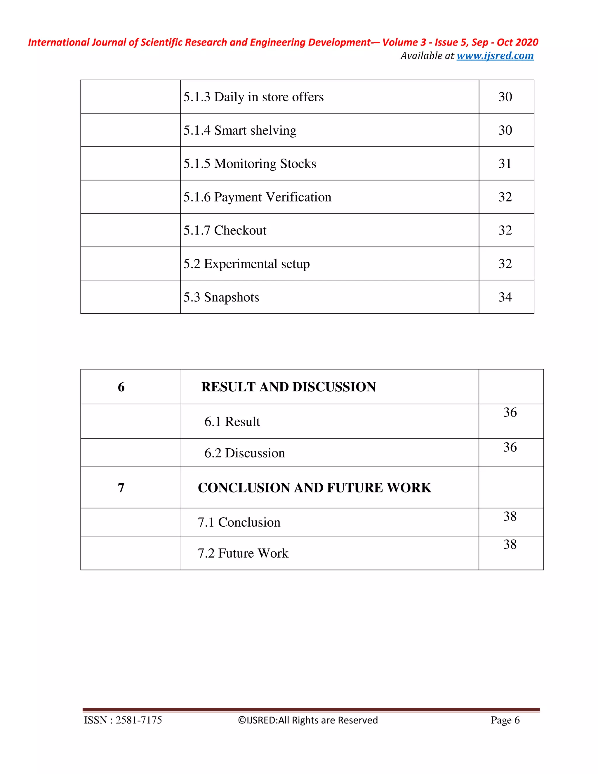 International Journal of Scientific Research and Engineering Development-– Volume 3 - Issue 5, Sep - Oct 2020
Available at www.ijsred.com
ISSN : 2581-7175 ©IJSRED:All Rights are Reserved Page 6
5.1.3 Daily in store offers 30
5.1.4 Smart shelving 30
5.1.5 Monitoring Stocks 31
5.1.6 Payment Verification 32
5.1.7 Checkout 32
5.2 Experimental setup 32
5.3 Snapshots 34
6 RESULT AND DISCUSSION
6.1 Result
36
6.2 Discussion 36
7 CONCLUSION AND FUTURE WORK
7.1 Conclusion 38
7.2 Future Work
38
 