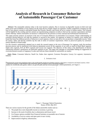 Analysis of Research in Consumer Behavior
of Automobile Passenger Car Customer
Abstract- The automobile industry today is the most lucrative industry. Due to increase in disposable income in both rural and
urban sector and availability of easy finance are the main drivers of high volume car segments. Further competition is heating up with
host of new players coming in and global brands like Porsche, Bentley, and Ferrari all set to venture in Indian market. This research
will be helpful for the existing and new entrant car manufacturing companies in India to find out the customer expectations and their
market offerings. Indian Automobile car business is influenced by the presence of many national and multinational manufacturers.
This paper presents analysis of research in the area of Consumer Behavior of Automobile Car Customer. Proper understanding of
consumer buying behavior will help the marketer to succeed in the market. All segments in Indian Car industry were studied and
found that buyer has different priority of behaviors in each segment, where as main driver for car purchase is disposable income. Value
for money, safety and driving comforts top the rank in terms of customer requirement; where as perceived quality by customers
mainly depends on brand image.
For this research, methodology adopted was to study the research papers in the area of Passenger Car segment, study the purchase
decision process and its interaction with behavior parameters across all the segments of car such as small & Hatch Back segment,
Sedan class segment, SUV & MUV segment and Luxury Car segment. The objective of this study is the identification of factors
influencing customer’s preferences for particular segment of cars. This paper also attempts to consolidate findings & suggestions to
overcome present scenario of stagnancy in sales and cultivate future demand for automobile car market.
Index Terms- Consumer behavior, Small Car, Sedan class segment, Customer Perception, Luxury Car segment, Automotive
Industry
I. INTRODUCTION
India being the second most populated country in the world and the growth rate of Indian economy is also high as compared to developed countries, which
attracts the presence of huge demand in the Automobile Small Car Industry. India is becoming emerging
market for worldwide auto giants. India is on growth path and has lowest passenger vehicle penetration, ref. Figure 1.
1400 1200
1200
1000
800
600 500 46
3
44
5
400 246 18
8
158
200
85 45 1
3
0
Figure 1: Passenger Vehicle Penetration
Source: ICRA, Mar 2011
There are various reasons for the growth of the Indian automobile market such as -
1. The people have more disposable income as economy is growing.
2. Increase in the need of mobility due to urbanization and leisure travel.
3. Car Finance options available from Financial Institutes at reasonable rate of interest.
4. Availability of service centers and spare parts in near vicinity.
5. Improvement in highway infrastructure.
 