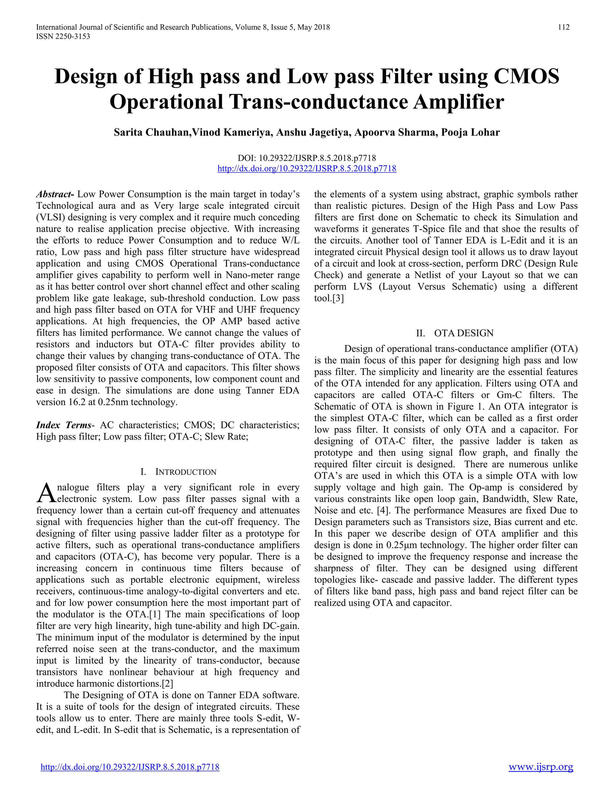 Design of High pass and Low pass Filter using CMOS Operational Trans ...