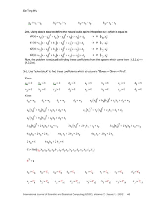 De Ting Wu
International Journal of Scientific and Statistical Computing (IJSSC), Volume (2) : Issue (1) : 2012 40
h
0
x
1
x
0
−:= h
1
x
2
x
1
−:= h
2
x
3
x
2
−:= h
3
x
4
x
3
−:=
2nd, Using above data we define the natural cubic spline interpolant s(x) which is equal to
s0(x) = a
0
x x
0
−( )3
b
0
x x
0
−( )2
+ c
0
x x
0
−( )+ d
0
+ x in [x
0
x
1
, ]
s1(x) =a
1
x x
1
−( )3
b
1
x x
1
−( )2
+ c
1
x x
1
−( )+ d
1
+ x in [x
1
x
2
, ]
s2(x) =a
2
x x
2
−( )3
b
2
x x
2
−( )2
+ c
2
x x
2
−( )+ d
2
+ x in [x
2
x
3
, ]
s3(x) =a
3
x x
3
−( )3
b
3
x x
3
−( )2
+ c
3
x x
3
−( )⋅+ d
3
+ x in [x
3
x
4
, ]
Now, the problem is reduced to finding these coefficients from the system which come from (1.3.2.a)----
(1.3.2.e).
3rd, Use "solve block" to find these coefficients which structure is "Guess -- Given -- Find".
Guess
a
0
0:= b
0
0:= c
0
0:= d
0
0:= a
1
0:= b
1
0:= c
1
0:= d
1
0:=
a
2
0:= b
2
0:= c
2
0:= d
2
0:= a
3
0:= b
3
0:= c
3
0:= d
3
0:=
Given
d
0
w
0
d
1
w
1
d
2
w
2
d
3
w
3
a
3
h
3( )3
b
3
h
3( )2
+ c
3
h
3
+ d
3
+ w
4
a
0
h
0( )3
b
0
h
0( )2
+ c
0
h
0
+ d
0
+ d
1
a
1
h
1( )3
b
1
h
1( )2
+ c
1
h
1
+ d
1
+ d
2
a
2
h
2( )3
b
2
h
2( )2
+ c
2
h
2
+ d
2
+ d
3
3a
0
h
0( )2
2 b
0
⋅ h
0
+ c
0
+ c
1
3a
1
h
1( )2
2 b
1
⋅ h
1
+ c
1
+ c
2
3a
2
h
2( )2
2 b
2
⋅ h
2
+ c
2
+ c
3
6a
0
h
0
2 b
0
⋅+ 2 b
1
⋅ 6a
1
h
1
2 b
1
⋅+ 2 b
2
⋅ 6a
2
h
2
2 b
2
⋅+ 2 b
3
⋅
2 b
0
⋅ 0 6a
3
h
3
2 b
3
⋅+ 0
C Find a
0
b
0
, c
0
, d
0
, a
1
, b
1
, c
1
, d
1
, a
2
, b
2
, c
2
, d
2
, a
3
, b
3
, c
3
, d
3
,( ):= a
0
C
T
=C
a
0
C
0
:= C b
0
C
1
:= C c
0
C
2
:= C d
0
C
3
:= C a
1
C
4
:= C b
1
C
5
:= C c
1
C
6
:= C d
1
C
7
:= C
a
2
C
8
:= C b
2
C
9
:= C c
2
C
10
:= C d
2
C
11
:= C a
3
C
12
:= C b
3
C
13
:= C c
3
C
14
:= C d
3
C
15
:= C
 