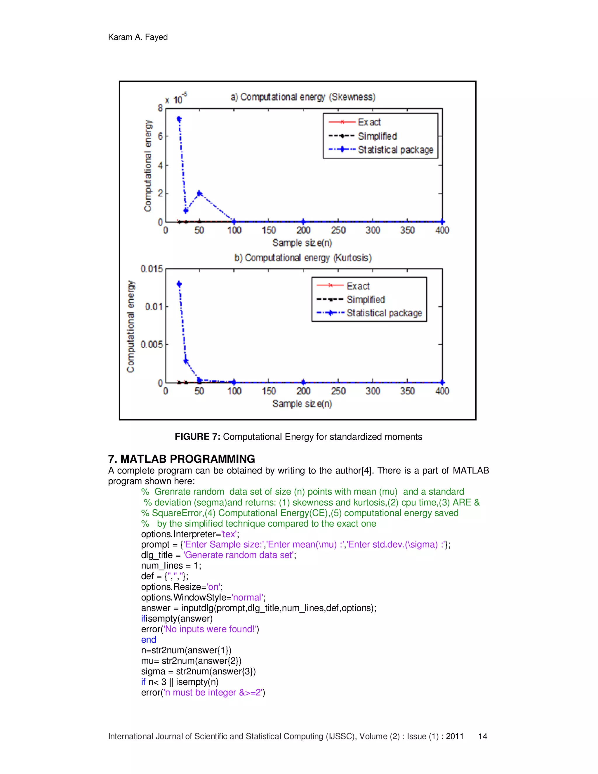 Karam A. Fayed
International Journal of Scientific and Statistical Computing (IJSSC), Volume (2) : Issue (1) : 2011 14
FIGURE 7: Computational Energy for standardized moments
7. MATLAB PROGRAMMING
A complete program can be obtained by writing to the author[4]. There is a part of MATLAB
program shown here:
% Grenrate random data set of size (n) points with mean (mu) and a standard
% deviation (segma)and returns: (1) skewness and kurtosis,(2) cpu time,(3) ARE &
% SquareError,(4) Computational Energy(CE),(5) computational energy saved
% by the simplified technique compared to the exact one
options.Interpreter='tex';
prompt = {'Enter Sample size:','Enter mean(mu) :','Enter std.dev.(sigma) :'};
dlg_title = 'Generate random data set';
num_lines = 1;
def = {'','',''};
options.Resize='on';
options.WindowStyle='normal';
answer = inputdlg(prompt,dlg_title,num_lines,def,options);
ifisempty(answer)
error('No inputs were found!')
end
n=str2num(answer{1})
mu= str2num(answer{2})
sigma = str2num(answer{3})
if n< 3 || isempty(n)
error('n must be integer &>=2')
 