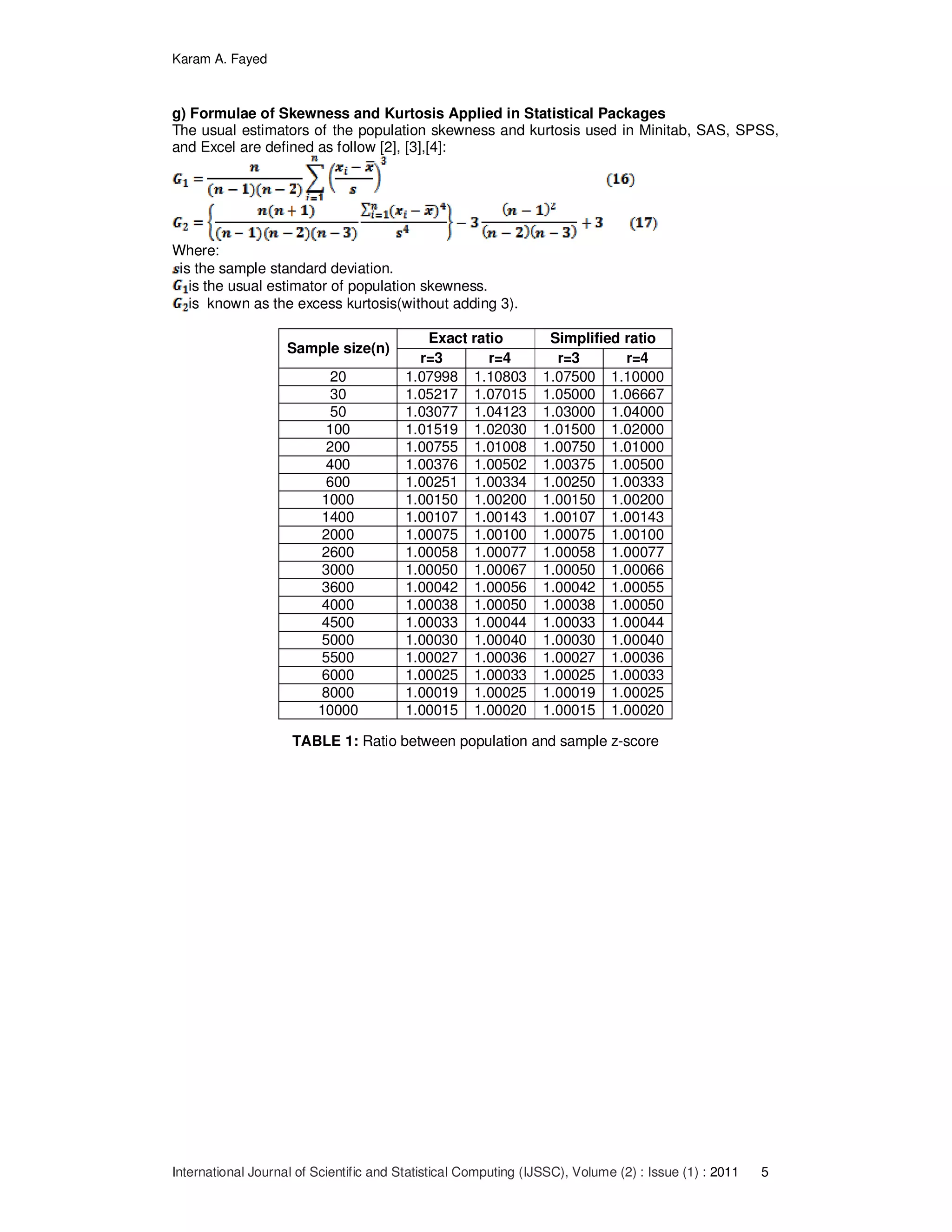 Karam A. Fayed
International Journal of Scientific and Statistical Computing (IJSSC), Volume (2) : Issue (1) : 2011 5
g) Formulae of Skewness and Kurtosis Applied in Statistical Packages
The usual estimators of the population skewness and kurtosis used in Minitab, SAS, SPSS,
and Excel are defined as follow [2], [3],[4]:
Where:
is the sample standard deviation.
is the usual estimator of population skewness.
is known as the excess kurtosis(without adding 3).
Sample size(n)
Exact ratio Simplified ratio
r=3 r=4 r=3 r=4
20 1.07998 1.10803 1.07500 1.10000
30 1.05217 1.07015 1.05000 1.06667
50 1.03077 1.04123 1.03000 1.04000
100 1.01519 1.02030 1.01500 1.02000
200 1.00755 1.01008 1.00750 1.01000
400 1.00376 1.00502 1.00375 1.00500
600 1.00251 1.00334 1.00250 1.00333
1000 1.00150 1.00200 1.00150 1.00200
1400 1.00107 1.00143 1.00107 1.00143
2000 1.00075 1.00100 1.00075 1.00100
2600 1.00058 1.00077 1.00058 1.00077
3000 1.00050 1.00067 1.00050 1.00066
3600 1.00042 1.00056 1.00042 1.00055
4000 1.00038 1.00050 1.00038 1.00050
4500 1.00033 1.00044 1.00033 1.00044
5000 1.00030 1.00040 1.00030 1.00040
5500 1.00027 1.00036 1.00027 1.00036
6000 1.00025 1.00033 1.00025 1.00033
8000 1.00019 1.00025 1.00019 1.00025
10000 1.00015 1.00020 1.00015 1.00020
TABLE 1: Ratio between population and sample z-score
 