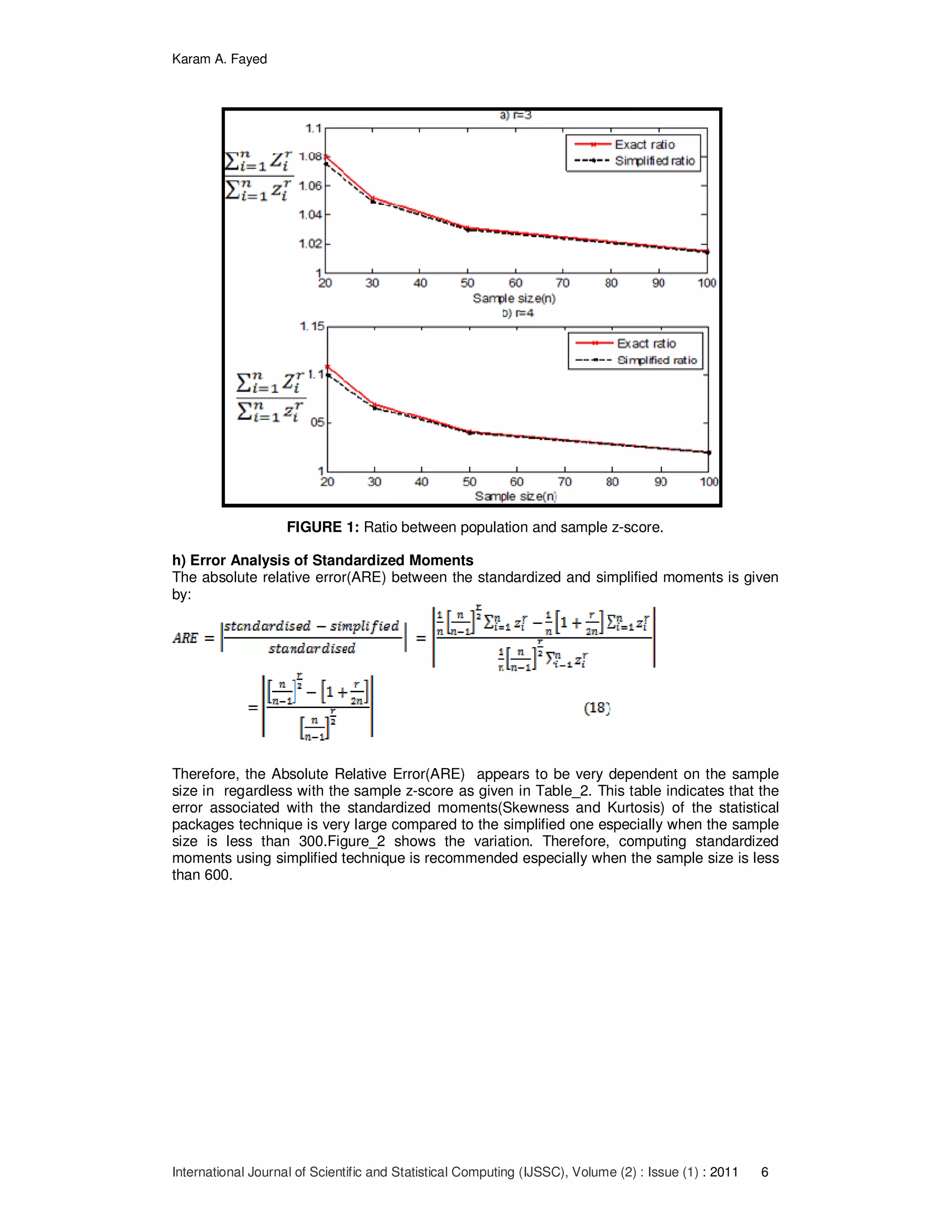 Karam A. Fayed
International Journal of Scientific and Statistical Computing (IJSSC), Volume (2) : Issue (1) : 2011 6
FIGURE 1: Ratio between population and sample z-score.
h) Error Analysis of Standardized Moments
The absolute relative error(ARE) between the standardized and simplified moments is given
by:
Therefore, the Absolute Relative Error(ARE) appears to be very dependent on the sample
size in regardless with the sample z-score as given in Table_2. This table indicates that the
error associated with the standardized moments(Skewness and Kurtosis) of the statistical
packages technique is very large compared to the simplified one especially when the sample
size is less than 300.Figure_2 shows the variation. Therefore, computing standardized
moments using simplified technique is recommended especially when the sample size is less
than 600.
 