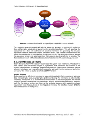 Pavitra R. Gautam, YK Sharma & Dr Shashi Bala Singh
International Journal of Scientific and Statistical Computing (IJSSC), Volume (3) : Issue (1) : 2012 3
FIGURE 1: Statistical Simulation of Physiological Responses (SSPR) Modules.
The population generation module will help the researches who want to continue old studies but
does not having the actual data by giving them the simulated population , This will also help the
researchers who does not want to reveal sensitive information by generating the simulated
population based on mean and variance covariance matrix. The Sample Selection module will
help in sample selection by using various sampling techniques. The Resampling module will help
the researches who are not able to continue their research due to small size of samples. The
Basic statistics module will facilitates basic statistical calculations with graphical output as well.
2. MATERIALS AND METHODS
Before designing the SSPR, necessary objectives of the system were established. The objectives
were created after the detailed analysis of organization work, limitations and concerns in the
existing manual system. The various necessary details about the population generation, sample
selection techniques and resampling techniques also gathered from the concerned authorities
and users. This helped us to plan an effective SSMPP system.
System Analysis
System Analysis by definition is a process of systematic investigation for the purpose of gathering
data, interpreting the facts, diagnosing the problem and using this information to either build a
completely new system or to recommend the improvement to the existing system. As the new
system is going to be developed, the requirement analysis a preliminary investigation, feasibility
study for the required system was done. All the available resources with respect to software
requirement were checked, these all step helped us in making the data flow diagram (DFD) for
the SSPR as shown in the Figure: 2.
Simulation
& Modeling
of
Physiological
Parameters
Population
Generation
Resampling
Sample
Generation
Basic
Statistics
SRSWR
SRSWOR
PPSWR
PPSWOR
JACKKNIFE
BOOTSTRAP
MEAN
MEDIAN
MODE
SD
VAR
CO-VAR
 